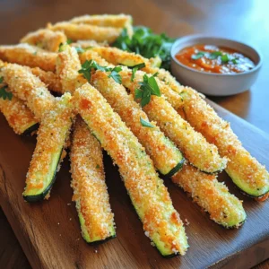 - 2 medium zucchinis - 1 cup panko breadcrumbs - 1/2 cup finely grated Parmesan cheese - 1 teaspoon garlic powder - 1 teaspoon onion powder - 1 teaspoon dried oregano - Salt and freshly ground black pepper - 2 large eggs - 1 tablespoon extra virgin olive oil To make crispy Parmesan zucchini fries, we need fresh zucchinis. They should be firm and bright in color. I like to use medium zucchinis for this recipe. Their size is just right for frying. Next, we need panko breadcrumbs. They are light and crispy compared to regular breadcrumbs. I always use them for extra crunch. Combining the panko with finely grated Parmesan cheese gives a great flavor. Garlic powder and onion powder add a nice taste. Dried oregano brings an Italian touch. Salt and black pepper are key for seasoning. I recommend adjusting the salt to your taste. We will also need eggs to help the breadcrumbs stick. Olive oil adds flavor and helps with browning. - Fresh parsley or basil - Marinara sauce or garlic aioli For garnishes, fresh herbs like parsley or basil look great. They add color and freshness. You can serve the fries with marinara sauce or garlic aioli for dipping. This makes the dish even more fun! You can find the full recipe above to create this delightful snack. First, set your oven to 425°F (220°C). This hot temperature helps the fries get crispy. Next, line a baking sheet with parchment paper. This step makes cleanup easy and keeps the fries from sticking. In a shallow bowl, mix together 1 cup of panko breadcrumbs and 1/2 cup of finely grated Parmesan cheese. Add in 1 teaspoon of garlic powder, 1 teaspoon of onion powder, and 1 teaspoon of dried oregano. Season with salt and pepper to taste. Stir until everything is well combined. In another bowl, whisk together 2 large eggs and 1 tablespoon of extra virgin olive oil. Make sure the mixture is smooth and well blended. This step helps the breadcrumbs stick to the zucchini. Take each zucchini strip and dip it into the egg mixture. Ensure it is fully coated. Then roll the zucchini in the breadcrumb mix. Press gently to make sure the breadcrumbs stick. This technique gives the fries that crunchy texture. Place the coated zucchini fries on the lined baking sheet. Make sure to leave space between each fry. This space helps them cook evenly and stay crispy. Bake the zucchini fries for 20-25 minutes. Flip them halfway through to ensure they brown nicely on both sides. Keep an eye on them; you want them golden brown and crispy. For the full recipe, check the details above. To make your zucchini fries super crispy, always use panko breadcrumbs. They add a light and crunchy layer. Regular breadcrumbs just won't cut it. Bake your fries for 20 to 25 minutes at 425°F (220°C). Flip them halfway through for even cooking. This step helps both sides get golden and crispy. Feel free to switch up the flavors! Add extra spices like paprika or cayenne for a kick. You can also mix in Italian herbs for a savory twist. The great thing about these fries is their versatility. You can experiment and find your favorite flavor blend. Serve your zucchini fries with tasty dips. Marinara sauce is a classic choice. It adds a nice tangy flavor. Garlic aioli is another great option, offering a creamy touch. You can also pair them with a fresh salad for a light meal. Enjoy exploring different combinations! {{image_4}} You can boost flavor by adding more cheese. Try mixing mozzarella or cheddar with Parmesan. Just keep the same amounts. The extra cheese will melt and create a gooey, tasty layer. You can also use a blend of cheeses for a unique taste. If you like some heat, add chili powder or cayenne pepper. Just a sprinkle in the breadcrumb mix adds a nice kick. Adjust the amount based on your heat level preference. This small change can make your fries exciting and different. Want a different texture? Use almond flour or other gluten-free options. Almond flour adds a nutty flavor. You can also try crushed cornflakes for extra crunch. Just keep the same coating method as the original recipe. Each option gives you a new twist on these fries. Check out the Full Recipe for more details! To store leftover zucchini fries, let them cool first. Place them in an airtight container. This keeps them fresh and avoids sogginess. Store in the fridge for up to three days. Before you eat them, check for any signs of spoilage. If they smell off or look strange, it’s best to toss them. You can freeze both uncooked and cooked zucchini fries. For uncooked fries, arrange them on a baking sheet in a single layer. Freeze until firm, then transfer to a zip-top bag. Remove as much air as you can. They will stay good for about three months. For cooked fries, let them cool completely before freezing. Follow the same method as above. To keep your zucchini fries crispy when reheating, use an oven instead of a microwave. Preheat the oven to 400°F (200°C). Place the fries on a baking sheet. Heat for about 10 minutes or until they regain their crunch. If you want, you can spritz a little oil on them before reheating. This helps make them even crispier. For the full recipe, check out the detailed instructions above. To make zucchini fries healthier, you can skip the breadcrumbs. Use ground almonds or oats instead. You can also bake them with less oil. Try using a light spray of cooking oil for less fat. Yes, you can use any cheese you like. Cheddar, mozzarella, or even feta work well. Just remember that the flavor will change a bit based on the cheese. I love serving these fries with marinara sauce or garlic aioli. You can also pair them with a fresh salad or some grilled chicken. They make a great snack or a side dish. You can tell when zucchini fries are done by checking their color. They should be golden brown and crispy. You can also poke them with a fork; they should be tender inside. Yes, these fries are great for meal prep. You can bake them in advance and store them in the fridge. Just reheat them in the oven to keep them crispy. For the full recipe, check out the steps above. Zucchini fries are simple and fun to make. We covered the ingredients, steps, and helpful tips. These fries are tasty alone or with dips. You can even add spices or different cheeses. Remember to store them properly for later. I hope you feel inspired to try this recipe. Enjoy your tasty, healthy snack!