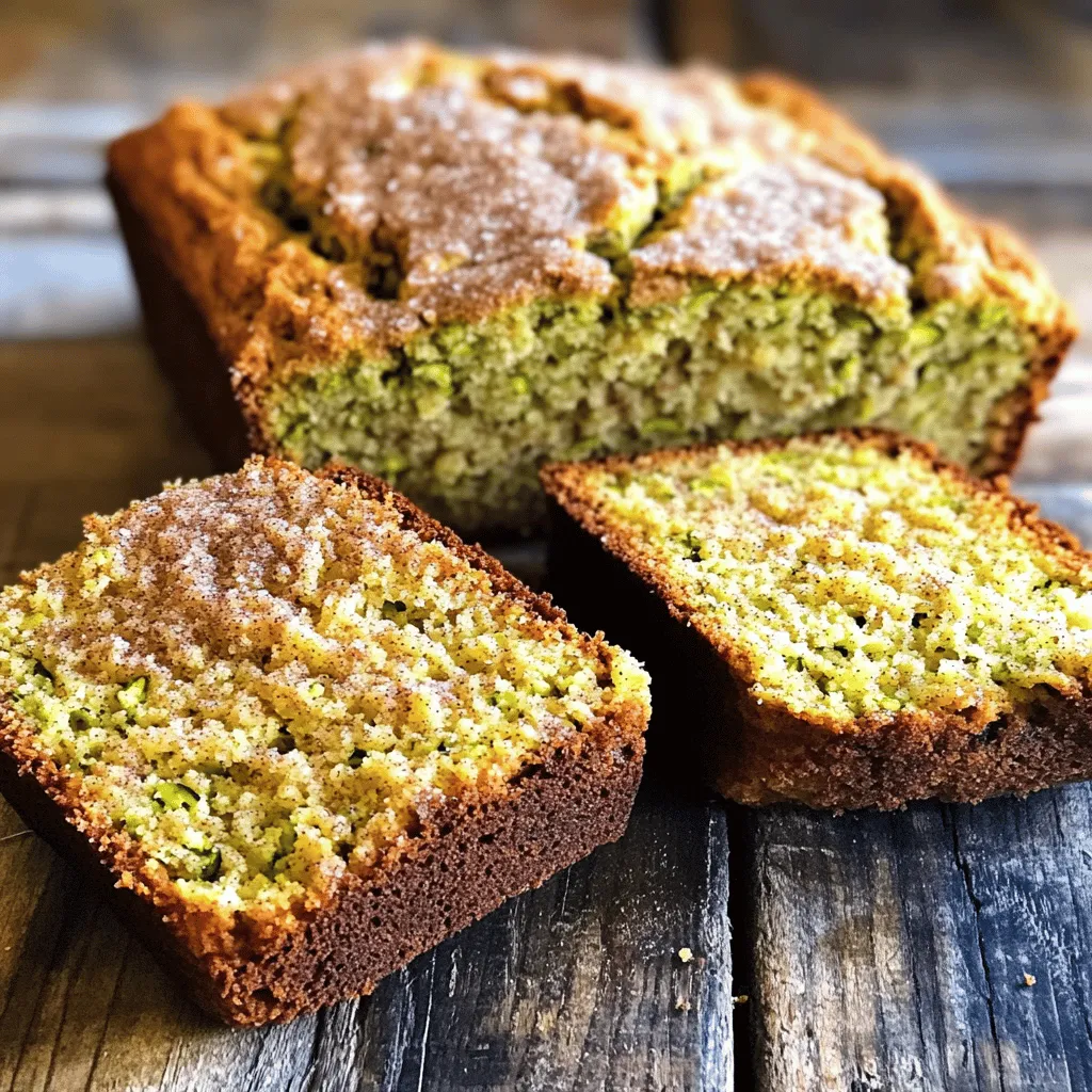 - Grated zucchini: This adds moisture and nutrients to the bread. - All-purpose flour: It gives structure and helps the bread rise. - Flavoring agents: Baking soda, cinnamon, and nutmeg create a warm, cozy taste. - Sugars: Granulated sugar adds sweetness, while brown sugar deepens the flavor. - Binding agents: Eggs and butter help hold everything together and keep it rich. Accurate measuring is key to great baking. Use dry measuring cups for flour and sugars. Spoon the flour into the cup and level it off. For liquids, use a clear liquid measuring cup. Always check your egg and butter temperatures. Room temperature eggs mix better, and softened butter incorporates smoothly. If you need gluten-free options, use a 1:1 gluten-free flour. For a dairy-free version, swap butter for coconut oil or a dairy-free spread. If you want less sugar, reduce granulated sugar by half and add applesauce for moisture. This way, you still get a tasty loaf without all the sugar. 1. Preheating the oven & preparing the loaf pan Start by preheating your oven to 350°F (175°C). Next, grab a 9x5 inch loaf pan. Lightly grease it with butter or line it with parchment paper. This step ensures your bread comes out easily. 2. Mixing the dry ingredients In a medium bowl, whisk together the all-purpose flour, baking soda, ground cinnamon, ground nutmeg, and salt. Mix these well to combine. Set this mixture aside for later use. 3. Creaming the butter and sugars In a large bowl, cream the softened butter and granulated sugar together. Use an electric mixer to mix until it becomes light and fluffy. This usually takes about 3 to 4 minutes. 4. Proper incorporation of eggs and vanilla Next, add the eggs one at a time to the butter-sugar mixture. Mix well after each egg to ensure it blends smoothly. Then, stir in the vanilla extract to boost flavor. 5. Folding in zucchini and pouring batter Gradually add the dry mixture into the wet ingredients. Mix gently until everything is just combined. Avoid overmixing to keep the bread soft. Then, fold in the grated zucchini with a spatula, making sure it spreads evenly. 6. Correct baking techniques for optimal results Pour the batter into your prepared loaf pan. Use a spatula to smooth the top. For the topping, mix the tablespoon of sugar with the teaspoon of cinnamon. Sprinkle this mixture on top of the batter. Place the loaf pan in the oven and bake for 50 to 60 minutes. Test doneness by inserting a toothpick into the center. If it comes out clean, your bread is ready. After baking, let the bread cool for 10 minutes in the pan. Then transfer it to a wire rack to cool completely. This cooling helps it stay moist and flavorful. Enjoy your delicious creation! For full details, check the Full Recipe. To get the best texture for your snickerdoodle zucchini bread, avoid overmixing the batter. This can make the bread tough. Mix just until you see no dry flour. Next, make sure to grate the zucchini properly. Use a box grater for small, even pieces. This keeps the bread moist without adding too much water. Testing for doneness is key. Use a toothpick and insert it into the center of the bread. If it comes out clean, your bread is done. If the toothpick has wet batter, bake it a bit longer. Remember, all ovens are different. You might need to adjust your baking time. Keep an eye on your bread as it nears the finish. For serving, slice your zucchini bread while it’s warm. A pat of butter on top adds a rich flavor. You can also sprinkle cinnamon sugar for a sweet touch. Pair it with a warm drink like tea or coffee. This makes for a delightful experience you won’t forget. {{image_4}} You can make this snickerdoodle zucchini bread even better. Try adding chopped nuts like walnuts or pecans. They will add a nice crunch. You can also mix in chocolate chips for a sweet twist. The chocolate pairs well with the spices. Another idea is to experiment with spices. Besides cinnamon, you can try ginger or cloves. Each spice adds a unique flavor. If you want a gluten-free version, swap the all-purpose flour for a gluten-free blend. This works well in the recipe. For those who follow a vegan diet, you can use flax eggs instead of real eggs. Just mix one tablespoon of ground flaxseed with three tablespoons of water. Let it sit for a few minutes to thicken. You can also replace the butter with coconut oil or a dairy-free spread. These changes keep your bread tasty and friendly for all diets. Make this bread even more special by adding seasonal fruits. In the fall, mix in chopped apples or pears. They add sweetness and moisture. In the summer, try adding fresh berries like blueberries or raspberries. They bring bright flavors. You can also make it festive for holidays. Try adding a pinch of nutmeg or a splash of orange zest. This gives a seasonal feel to your snickerdoodle zucchini bread. To keep your leftover zucchini bread fresh, wrap it tightly in plastic wrap. You can also place it in an airtight container. This method helps keep the bread moist and flavorful. Make sure to store it at room temperature for short-term use, about 3 to 4 days. For longer storage, the fridge can dry it out, so avoid that if possible. To freeze zucchini bread, first allow it to cool completely. Then, wrap it in plastic wrap and place it in a freezer-safe bag. This protects the bread from freezer burn. It will stay fresh for up to 3 months. When you are ready to eat, remove it from the freezer. Let it thaw overnight in the fridge or on the counter for a few hours. Then, reheat slices in the oven or microwave for a warm treat. Zucchini bread lasts about 3 to 4 days at room temperature. If stored in the fridge, it can last up to a week. However, always check for signs of spoilage. If you see mold or if it smells sour, it's best to throw it away. Enjoy your snickerdoodle zucchini bread while it is fresh for the best flavor! For the complete recipe, check out the Full Recipe. To check if your zucchini bread is done, insert a toothpick into the center. If it comes out clean, your bread is ready. If there is wet batter on the toothpick, bake it a bit longer. You can also gently press the top of the bread. If it springs back, it's done. Yes, you can use frozen zucchini! Thaw it first and drain any excess water. Excess moisture can make the bread too wet. If the zucchini is very watery, squeeze it in a clean towel. This helps keep your bread from becoming soggy. If you need an egg substitute, use unsweetened applesauce. Use 1/4 cup for each egg. You can also use mashed bananas, yogurt, or a flaxseed mixture. To make a flaxseed egg, mix 1 tablespoon of ground flaxseed with 2.5 tablespoons of water. Let it sit for a few minutes to thicken. No, you do not need to peel the zucchini. The skin adds texture and nutrients. Grating it finely helps it blend into the batter. If you prefer a smoother bread, you can peel it. But I find the skin adds a nice touch to the flavor. In this article, I covered the essential ingredients for zucchini bread, from grated zucchini to binding agents like eggs and butter. I shared how to measure accurately and offered substitutions for special diets. You learned step-by-step instructions for preparing, mixing, and baking your loaf. I also provided tips on texture, baking techniques, and presentation ideas. Experiment with variations to suit your taste. Store it right to keep bread fresh. With these insights, you'll create delicious zucchini bread that everyone will enjoy. Happy baking!