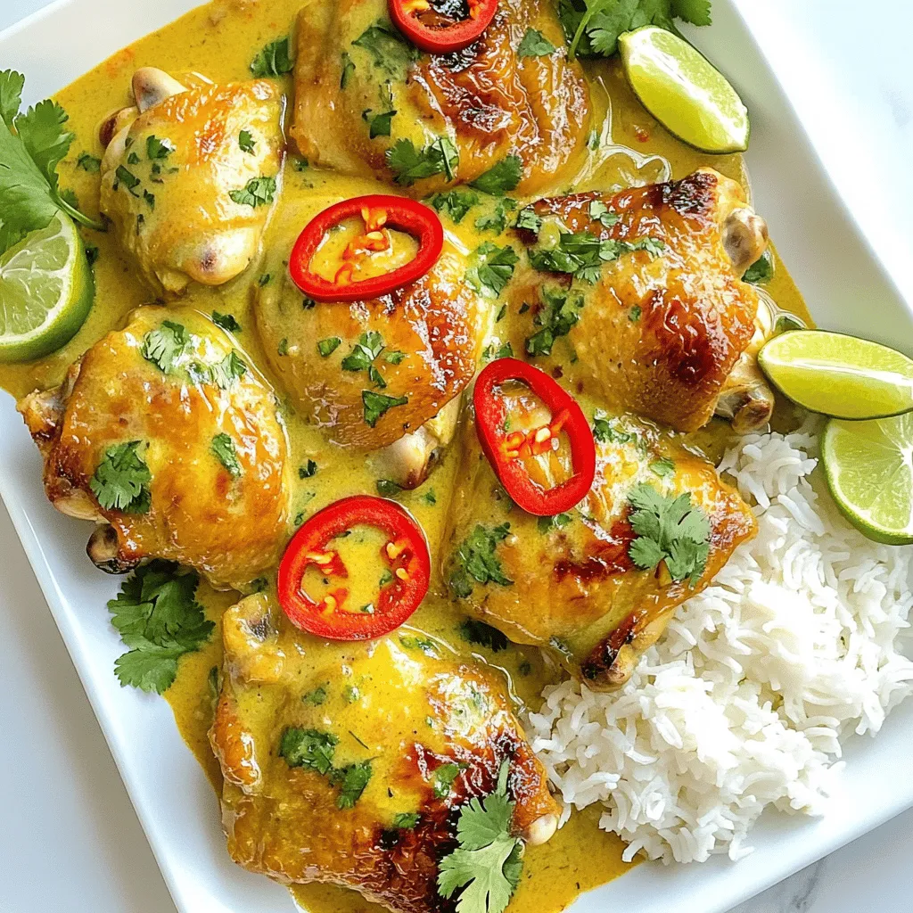 - 4 boneless, skinless chicken thighs - 1 can (13.5 oz) full-fat coconut milk - 2 tablespoons extra virgin olive oil - 3 garlic cloves, finely minced - 1 tablespoon fresh ginger, grated - 1 red chili pepper, thinly sliced - 1 teaspoon smoked paprika - 1 tablespoon ground cumin - Salt and freshly cracked black pepper - Juice of 1 lime - Fresh cilantro, roughly chopped for garnish When I cook spicy Brazilian coconut chicken, I focus on fresh, vibrant ingredients. The chicken thighs are my base. They are juicy and tender, making them perfect for this dish. Coconut milk adds creaminess and a rich flavor. I always choose full-fat coconut milk for the best taste. Next, I layer in the spices. Fresh ginger gives a warm kick. The red chili pepper adds heat, but you can adjust it based on your taste. Smoked paprika brings a deep, smoky flavor. Ground cumin adds warmth and earthiness. I like to use salt and freshly cracked black pepper to enhance all the flavors. Finally, I finish the dish with lime juice and chopped cilantro. The lime adds brightness, while cilantro gives a fresh touch. These ingredients come together to create a delicious and aromatic meal. For the full recipe, check out the complete guide. - Seasoning the chicken thighs Start by taking the chicken thighs. In a bowl, mix salt, pepper, smoked paprika, and cumin. Coat each piece of chicken well with the spice mix. Make sure every inch is covered. This adds great flavor to the chicken. - Searing the chicken Heat olive oil in a large skillet over medium heat. Once the oil shimmers, add the seasoned chicken thighs. Sear them for 6 to 7 minutes on each side. Look for a rich golden brown color. This step locks in the juices and flavor. After searing, set the chicken aside on a plate. - Sautéing garlic, ginger, and chili In that same skillet, add minced garlic, grated ginger, and sliced chili. Sauté these for about 2 minutes. You want them fragrant and the garlic slightly browned. This creates the base of your sauce. - Incorporating the coconut milk Pour in the can of coconut milk. Stir well to mix in the sautéed garlic, ginger, and chili. Bring the mixture to a gentle simmer. This coconut milk will provide a creamy texture and rich flavor. - Returning the chicken to the skillet Place the seared chicken thighs back into the skillet. Nestle them in the coconut sauce. Cover the skillet with a lid. Let it simmer for 15 to 20 minutes. Check that the chicken reaches an internal temperature of 165°F (75°C). - Adjusting seasoning and garnishing After cooking, squeeze fresh lime juice into the sauce. Stir to brighten the flavors. Taste it and add more salt or pepper if needed. To serve, place the chicken on a platter. Spoon the coconut sauce over the top. Finish with chopped cilantro for a fresh touch. For the complete recipe, check out the Full Recipe section. Enjoy the rich flavors and vibrant colors of this dish! To ensure the chicken is properly cooked, aim for an internal temperature of 165°F. Use a meat thermometer for accurate readings. Searing the chicken is key for flavor. Heat your skillet until the oil shimmers. This creates a tasty golden crust on the chicken. Sear each side for 6-7 minutes before adding other ingredients. Adjust the spice level to fit your taste. Add more or less chili pepper based on your heat preference. Lime juice plays a vital role in this dish. It brightens the flavors and balances the richness of coconut milk. Squeeze in fresh lime juice just before serving for the best taste. For plating, arrange the chicken on a large dish. Spoon the creamy coconut sauce generously over each piece. This makes the dish look inviting and appealing. Adding fresh cilantro as a garnish adds color and freshness. Lime wedges on the side allow guests to add more zing to their servings. For the complete cooking experience, check out the Full Recipe. {{image_4}} You can switch up the protein in this dish. Using chicken breasts works well. They cook faster and stay moist when done right. Just follow the same steps in the recipe. You can also use shrimp or tofu. Shrimp cooks quickly and adds a nice seafood touch. Tofu is a great choice for a plant-based option. Make sure you press and cube it before cooking. If you want less heat, remove the seeds from the red chili pepper. This will tone down the spice. You can also skip the chili altogether for a milder flavor. On the other hand, if you love heat, add more chili or a dash of cayenne pepper. You can even use spicy chili paste for a kick. Light coconut milk offers fewer calories but less creaminess. It still provides good flavor if you want a lighter dish. Other dairy-free options include almond or cashew milk. These can change the taste a bit, so experiment to find what you like best. Each option brings a unique twist to the dish. Check out the Full Recipe for more details. To keep your Spicy Brazilian Coconut Chicken fresh, store leftovers in an airtight container. This helps prevent odors and keeps the dish tasty. It can last in the fridge for about 3 to 4 days. Remember to let it cool down before sealing it up. This step ensures the chicken maintains its great flavor. If you want to save some for later, freezing is a great option. First, let the chicken cool completely. Then, place it in a freezer-safe container or a zip-top bag. Squeeze out as much air as possible before sealing. You can freeze it for up to 3 months. When you are ready to eat, thaw it in the fridge overnight. This slow thawing helps keep the chicken juicy. To reheat your chicken, use a skillet over low heat. This method helps maintain its flavor and moisture. Stir occasionally to heat it evenly. You can also use a microwave, but be cautious. Heat it in short bursts to avoid overcooking. Check the temperature until it’s warm throughout. Enjoy your meal just like when it was fresh! For the full recipe, check out the main article. To make spicy Brazilian coconut chicken, start by seasoning chicken thighs with salt, pepper, smoked paprika, and cumin. Sear them in olive oil until golden brown. Next, sauté garlic, ginger, and chili in the same skillet. Pour in coconut milk and bring to a simmer. Add the chicken back in and cover. Cook until the chicken is tender, then finish with lime juice. Serve it with the creamy sauce over the chicken. You can find the full recipe in my earlier section. Yes, you can use other meats. Chicken breasts work well for a leaner option. You can also try shrimp for a seafood twist. If you want a vegetarian choice, tofu absorbs the sauce flavor nicely. Just adjust the cooking time based on the protein you choose. Fluffy white rice is perfect with this dish. It soaks up the rich coconut sauce and balances the spice. You can also serve it with quinoa for a healthier grain. A simple green salad or roasted vegetables complements the chicken’s flavors too. Yes, you can prepare this dish ahead. Cook it as directed and let it cool. Store it in the fridge for up to three days. Reheat it gently on the stove or in the microwave before serving. This way, it still tastes fresh and delicious. Absolutely! This spicy Brazilian coconut chicken is naturally gluten-free. All the ingredients used, like chicken, coconut milk, and spices, do not contain gluten. It’s a great option for anyone with gluten sensitivities. This blog post guides you through making spicy Brazilian coconut chicken. We covered main ingredients like chicken thighs and coconut milk, plus spices to enhance flavor. I shared tips on cooking, plating, and storing leftovers to keep your dish fresh. Remember, you can easily adjust spice levels or swap proteins to fit your taste. Enjoy experimenting with this recipe as you create a delicious meal that suits your needs!