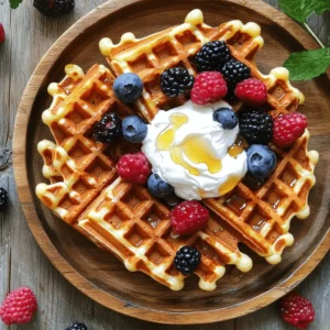 For tasty protein waffles, you need a few key items. Here’s what you should gather: - 1 cup rolled oats - 1 scoop protein powder (flavor of your choice: vanilla or chocolate) - 1 ripe banana, thoroughly mashed - 2 large eggs - 1/4 cup plain Greek yogurt - 1/2 cup almond milk (or your preferred milk variety) - 1 tablespoon baking powder - 1 teaspoon vanilla extract - 1/2 teaspoon ground cinnamon - A pinch of salt - Olive oil or cooking spray for greasing the waffle iron These ingredients work together to create waffles that are not only delicious but also full of protein. Want to jazz up your protein waffles? Here are some fun options to consider: - Chopped nuts (like walnuts or almonds) for crunch - Dark chocolate chips for sweetness - Fresh or frozen berries for a fruity twist - Protein-packed yogurt or nut butter as toppings Adding these extras can enhance the flavor and make your meal even more satisfying. Let's look at what makes these waffles nutritious: - Rolled oats: Great for fiber and energy. They keep you full longer. - Protein powder: Boosts muscle repair and growth. It helps you feel strong! - Bananas: Offer natural sweetness and potassium. They are great for energy. - Greek yogurt: Adds protein and creaminess. It’s also good for your gut. - Eggs: Provide protein and healthy fats. They help make waffles fluffy. - Almond milk: A lower-calorie milk option. It’s great for lactose-free diets. - Baking powder: Makes the waffles rise and become light. - Cinnamon: Adds flavor and can help regulate blood sugar levels. This mix of ingredients ensures you enjoy a tasty, healthy meal. For the full recipe, check out the details above. First, get your waffle iron ready. Preheat it according to the manufacturer's guidelines. This step is key for cooking perfect, crispy waffles. A well-heated iron ensures even cooking. While your iron heats up, you can prepare your batter. In a large bowl, add the rolled oats and protein powder. Stir them well to mix evenly. Next, add in the mashed banana. This will add sweetness and moisture. Crack in the eggs and add the Greek yogurt. Pour in the almond milk, and add baking powder, vanilla extract, ground cinnamon, and a pinch of salt. Now, mix everything with a whisk or an electric mixer. Aim for a smooth, creamy batter. Let this batter rest for about five minutes. This resting time helps it become thicker, which makes fluffier waffles. Once your batter is ready, it’s time to cook. Lightly grease the preheated waffle iron with olive oil or cooking spray. Pour about 1/2 cup of batter onto the hot iron. Close the lid and follow the manufacturer's cooking time, usually around 4-5 minutes. Check if the waffles are golden brown and crisp. Carefully open the iron and take the waffle out. Place it on a plate to keep warm. Repeat this process with the remaining batter. For a tasty twist, serve your waffles warm with fresh berries, Greek yogurt, and a sweet drizzle of honey or maple syrup. Enjoy your delicious, protein-packed meal! You can find the full recipe in the previous section. To get the best waffle texture, use the right mix. Start with rolled oats and protein powder. These ingredients give a nice base. The ripe banana adds moisture and sweetness. It also helps bind the mix together. Make sure your batter is smooth but not too thin. Let it rest for five minutes. This allows the oats to soak up the liquid. You will notice a fluffier waffle when you do this. One big mistake is overmixing the batter. Mix just until combined; lumps are okay. Another common error is not preheating the waffle iron. A hot iron helps the waffles cook evenly. If your iron isn’t hot enough, they may turn out soggy. Also, be careful with the amount of batter you use. Too much can make a mess and lead to uneven cooking. Presentation matters! Serve your waffles warm for the best taste. Add fresh berries on top for color and flavor. A dollop of Greek yogurt gives creaminess and protein. Drizzle honey or maple syrup for sweetness. Arrange them nicely on a plate. You can stack them or keep them apart. This makes the meal look inviting and delicious. For more detailed steps, check the Full Recipe. {{image_4}} You can make these waffles vegan by swapping a few ingredients. Use flaxseed meal instead of eggs. Mix one tablespoon of flaxseed meal with three tablespoons of water. Let it sit for five minutes until it gets thick. For yogurt, use a plant-based option, like almond or coconut yogurt. Replace Greek yogurt with one-fourth cup of applesauce. Use your favorite non-dairy milk in place of almond milk. The rest of the recipe stays the same. This gives you light and fluffy waffles that are still high in protein. To make gluten-free protein waffles, choose gluten-free oats. Ensure your protein powder is also gluten-free. Follow the same steps from the full recipe. This version keeps all the great flavors while being safe for those avoiding gluten. Your family and friends won’t even notice the difference! You can enhance your protein waffles with various flavors. Consider adding: - 1/4 cup of chocolate chips for a sweet twist - 1/4 cup of chopped nuts for crunch - 1/2 cup of shredded coconut for a tropical touch - Fresh fruit, like blueberries or diced apples, mixed into the batter You can also adjust spices to your taste. Try adding nutmeg, cardamom, or even a little cocoa powder. Each change can give your waffles a unique flavor. These customizations not only add fun but also increase the nutrition. Enjoy experimenting with different flavors! Store leftover protein waffles in an airtight container. They stay fresh in the fridge for up to three days. Make sure they cool completely before sealing them. This helps keep them from getting soggy. To freeze protein waffles, place them in a single layer on a baking sheet. Freeze them for about two hours. Once they are solid, transfer them to a freezer bag. Label the bag with the date. They last for up to three months in the freezer. When you’re ready to eat your frozen waffles, reheat them in a toaster or oven. For the toaster, set it to medium heat. For the oven, preheat it to 350°F. Bake for about 10 minutes. You can also use a microwave, but it may make them a bit soggy. Enjoy your protein-packed waffles warm for the best taste! For the full recipe, check the earlier section. These protein waffles contain about 20 grams of protein per serving. This amount comes mainly from the protein powder and Greek yogurt. If you use a different protein powder, the total may change. However, they are still a great source of protein. This makes them perfect for breakfast or post-workout meals. Yes, you can use different protein powders. Whether it's whey, soy, or pea protein, they all work well. Just choose a flavor that you enjoy, like chocolate or vanilla. Keep in mind that some powders have different sweetness levels. You may need to adjust the other sweeteners in the recipe. Homemade protein waffles are fresher and often more nutritious. You control the ingredients, so you can avoid added sugars and preservatives. Store-bought options may taste good, but they often have fewer nutrients. Making them at home also allows you to customize flavors. Plus, they are fun to prepare! Try the Full Recipe for a delicious treat. Protein waffles are a fun and tasty way to boost your nutrition. We explored the essential and optional ingredients that make them delicious. I shared step-by-step instructions to help you cook the perfect waffles. We discussed tips for great texture, avoiding common mistakes, and serving ideas. You can make variations like vegan or gluten-free waffles. Finally, I explained how to store and reheat leftover waffles. With these tips, you can enjoy protein waffles any time, knowing they're easy to make and good for you. Get excited and start your waffle journey today!