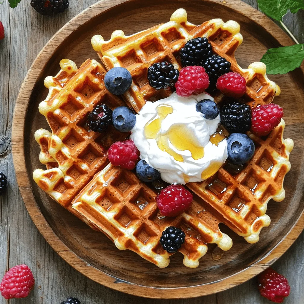For tasty protein waffles, you need a few key items. Here’s what you should gather: - 1 cup rolled oats - 1 scoop protein powder (flavor of your choice: vanilla or chocolate) - 1 ripe banana, thoroughly mashed - 2 large eggs - 1/4 cup plain Greek yogurt - 1/2 cup almond milk (or your preferred milk variety) - 1 tablespoon baking powder - 1 teaspoon vanilla extract - 1/2 teaspoon ground cinnamon - A pinch of salt - Olive oil or cooking spray for greasing the waffle iron These ingredients work together to create waffles that are not only delicious but also full of protein. Want to jazz up your protein waffles? Here are some fun options to consider: - Chopped nuts (like walnuts or almonds) for crunch - Dark chocolate chips for sweetness - Fresh or frozen berries for a fruity twist - Protein-packed yogurt or nut butter as toppings Adding these extras can enhance the flavor and make your meal even more satisfying. Let's look at what makes these waffles nutritious: - Rolled oats: Great for fiber and energy. They keep you full longer. - Protein powder: Boosts muscle repair and growth. It helps you feel strong! - Bananas: Offer natural sweetness and potassium. They are great for energy. - Greek yogurt: Adds protein and creaminess. It’s also good for your gut. - Eggs: Provide protein and healthy fats. They help make waffles fluffy. - Almond milk: A lower-calorie milk option. It’s great for lactose-free diets. - Baking powder: Makes the waffles rise and become light. - Cinnamon: Adds flavor and can help regulate blood sugar levels. This mix of ingredients ensures you enjoy a tasty, healthy meal. For the full recipe, check out the details above. First, get your waffle iron ready. Preheat it according to the manufacturer's guidelines. This step is key for cooking perfect, crispy waffles. A well-heated iron ensures even cooking. While your iron heats up, you can prepare your batter. In a large bowl, add the rolled oats and protein powder. Stir them well to mix evenly. Next, add in the mashed banana. This will add sweetness and moisture. Crack in the eggs and add the Greek yogurt. Pour in the almond milk, and add baking powder, vanilla extract, ground cinnamon, and a pinch of salt. Now, mix everything with a whisk or an electric mixer. Aim for a smooth, creamy batter. Let this batter rest for about five minutes. This resting time helps it become thicker, which makes fluffier waffles. Once your batter is ready, it’s time to cook. Lightly grease the preheated waffle iron with olive oil or cooking spray. Pour about 1/2 cup of batter onto the hot iron. Close the lid and follow the manufacturer's cooking time, usually around 4-5 minutes. Check if the waffles are golden brown and crisp. Carefully open the iron and take the waffle out. Place it on a plate to keep warm. Repeat this process with the remaining batter. For a tasty twist, serve your waffles warm with fresh berries, Greek yogurt, and a sweet drizzle of honey or maple syrup. Enjoy your delicious, protein-packed meal! You can find the full recipe in the previous section. To get the best waffle texture, use the right mix. Start with rolled oats and protein powder. These ingredients give a nice base. The ripe banana adds moisture and sweetness. It also helps bind the mix together. Make sure your batter is smooth but not too thin. Let it rest for five minutes. This allows the oats to soak up the liquid. You will notice a fluffier waffle when you do this. One big mistake is overmixing the batter. Mix just until combined; lumps are okay. Another common error is not preheating the waffle iron. A hot iron helps the waffles cook evenly. If your iron isn’t hot enough, they may turn out soggy. Also, be careful with the amount of batter you use. Too much can make a mess and lead to uneven cooking. Presentation matters! Serve your waffles warm for the best taste. Add fresh berries on top for color and flavor. A dollop of Greek yogurt gives creaminess and protein. Drizzle honey or maple syrup for sweetness. Arrange them nicely on a plate. You can stack them or keep them apart. This makes the meal look inviting and delicious. For more detailed steps, check the Full Recipe. {{image_4}} You can make these waffles vegan by swapping a few ingredients. Use flaxseed meal instead of eggs. Mix one tablespoon of flaxseed meal with three tablespoons of water. Let it sit for five minutes until it gets thick. For yogurt, use a plant-based option, like almond or coconut yogurt. Replace Greek yogurt with one-fourth cup of applesauce. Use your favorite non-dairy milk in place of almond milk. The rest of the recipe stays the same. This gives you light and fluffy waffles that are still high in protein. To make gluten-free protein waffles, choose gluten-free oats. Ensure your protein powder is also gluten-free. Follow the same steps from the full recipe. This version keeps all the great flavors while being safe for those avoiding gluten. Your family and friends won’t even notice the difference! You can enhance your protein waffles with various flavors. Consider adding: - 1/4 cup of chocolate chips for a sweet twist - 1/4 cup of chopped nuts for crunch - 1/2 cup of shredded coconut for a tropical touch - Fresh fruit, like blueberries or diced apples, mixed into the batter You can also adjust spices to your taste. Try adding nutmeg, cardamom, or even a little cocoa powder. Each change can give your waffles a unique flavor. These customizations not only add fun but also increase the nutrition. Enjoy experimenting with different flavors! Store leftover protein waffles in an airtight container. They stay fresh in the fridge for up to three days. Make sure they cool completely before sealing them. This helps keep them from getting soggy. To freeze protein waffles, place them in a single layer on a baking sheet. Freeze them for about two hours. Once they are solid, transfer them to a freezer bag. Label the bag with the date. They last for up to three months in the freezer. When you’re ready to eat your frozen waffles, reheat them in a toaster or oven. For the toaster, set it to medium heat. For the oven, preheat it to 350°F. Bake for about 10 minutes. You can also use a microwave, but it may make them a bit soggy. Enjoy your protein-packed waffles warm for the best taste! For the full recipe, check the earlier section. These protein waffles contain about 20 grams of protein per serving. This amount comes mainly from the protein powder and Greek yogurt. If you use a different protein powder, the total may change. However, they are still a great source of protein. This makes them perfect for breakfast or post-workout meals. Yes, you can use different protein powders. Whether it's whey, soy, or pea protein, they all work well. Just choose a flavor that you enjoy, like chocolate or vanilla. Keep in mind that some powders have different sweetness levels. You may need to adjust the other sweeteners in the recipe. Homemade protein waffles are fresher and often more nutritious. You control the ingredients, so you can avoid added sugars and preservatives. Store-bought options may taste good, but they often have fewer nutrients. Making them at home also allows you to customize flavors. Plus, they are fun to prepare! Try the Full Recipe for a delicious treat. Protein waffles are a fun and tasty way to boost your nutrition. We explored the essential and optional ingredients that make them delicious. I shared step-by-step instructions to help you cook the perfect waffles. We discussed tips for great texture, avoiding common mistakes, and serving ideas. You can make variations like vegan or gluten-free waffles. Finally, I explained how to store and reheat leftover waffles. With these tips, you can enjoy protein waffles any time, knowing they're easy to make and good for you. Get excited and start your waffle journey today!