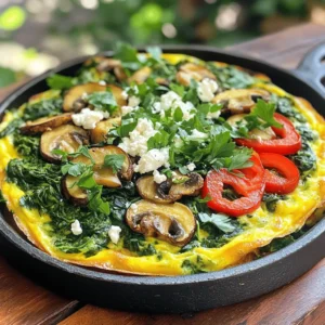 To make a delicious Spinach Mushroom Frittata, gather these ingredients: - 8 large eggs - 1 cup fresh spinach, chopped - 1 cup mushrooms, sliced (choose button or cremini for best flavor) - 1/2 cup red bell pepper, diced - 1/2 cup onion, finely chopped - 1/2 cup feta cheese, crumbled - 1 tablespoon olive oil - 1/4 teaspoon salt - 1/4 teaspoon black pepper - 1/4 teaspoon garlic powder - Fresh herbs (optional: parsley or basil) for garnish For the best taste, use fresh spinach and high-quality feta cheese. Fresh mushrooms bring a rich, earthy flavor. I like using cremini mushrooms for their depth. The red bell pepper adds sweetness, while the onion gives a nice base flavor. Using olive oil enhances the dish with healthy fats and a touch of fruitiness. You can mix in other ingredients for more nutrition. Consider adding: - Cherry tomatoes for a burst of flavor - Broccoli florets for extra greens - Zucchini slices for added moisture These add-ins not only boost nutrition but also add interesting textures and flavors to your frittata. Try these ideas or stick with the full recipe to enjoy a simple, tasty meal! First, gather your ingredients. You need 8 large eggs, 1 cup of fresh spinach, and 1 cup of sliced mushrooms. Choose button or cremini mushrooms for the best taste. You’ll also want 1/2 cup of diced red bell pepper, 1/2 cup of finely chopped onion, and 1/2 cup of crumbled feta cheese. Don’t forget 1 tablespoon of olive oil and spices: 1/4 teaspoon of salt, black pepper, and garlic powder. You can add fresh herbs like parsley or basil for garnish, too. Now, let’s cook the veggies. Preheat your oven to 375°F (190°C). In a large skillet, heat the olive oil over medium heat. Once it shimmers, add the chopped onions and diced red bell pepper. Sauté for about 3 to 4 minutes. You want them to soften and smell good. Next, add the sliced mushrooms. Cook them for 4 to 5 minutes until they turn golden brown. This step really brings out their flavor. After that, toss in the chopped spinach. Stir it in and cook for another 2 minutes until it wilts and looks bright. While the vegetables cook, crack your eggs into a bowl. Whisk them with salt, black pepper, and garlic powder until smooth. Pour this egg mixture over the veggies in the skillet. Make sure it covers everything well. Then, sprinkle the crumbled feta cheese evenly on top. Let it cook on the stovetop for about 3 to 4 minutes until the edges start to set. When that happens, transfer the skillet to your preheated oven. Bake for 15 to 20 minutes until the frittata is set in the center and lightly golden. After baking, let it cool for a few minutes before slicing it into wedges. Enjoy this delicious meal warm or at room temperature. For a lovely touch, add fresh herbs on top. For the complete steps, check out the Full Recipe. To get a soft and fluffy frittata, use fresh eggs. Beat them well but don’t overdo it. You want air in the eggs, but not too much. When you mix in the veggies, make sure they are not too watery. Drain excess liquid if needed. This keeps the frittata from becoming soggy. Cook it until the edges are set, but the middle should still be slightly jiggly. It will firm up as it cools. Cooking time can change based on your oven and skillet size. The frittata needs about 15-20 minutes in the oven. If you use a larger skillet, check it a bit earlier. A smaller skillet may need extra time. Keep an eye on it. If the top is golden and the middle is firm, it’s done. Always trust your eyes and gently shake the skillet to check for doneness. You need a few basic tools to make this frittata. A large mixing bowl for the eggs is essential. Use a whisk for mixing. A large, oven-safe skillet is key for cooking and baking. Make sure it has a sturdy handle. A spatula helps with flipping and serving. If you have a cutting board and knife, they are helpful for chopping veggies. These tools make the process smooth and fun. For more details on the recipe, check out the Full Recipe. {{image_4}} You can change the cheese in your frittata. Feta adds a tangy taste, but you can try others. Cheddar gives a sharp flavor, while mozzarella adds creaminess. Goat cheese also works well for a rich taste. Mix and match cheeses to find your favorite blend. You can swap vegetables based on what you have. Zucchini, asparagus, or broccoli are great choices. If you like a bit of spice, add jalapeños or bell peppers. Use fresh or frozen veggies, but make sure to adjust cooking times. This frittata is very flexible! To make a dairy-free frittata, skip the cheese and use plant-based milk. Almond milk or soy milk works well. You can also add nutritional yeast for a cheesy flavor without dairy. It keeps the dish rich and tasty while fitting a dairy-free diet. For the full recipe, check out the Spinach & Mushroom Frittata. To keep your frittata fresh, let it cool first. Then, cut it into slices. Place the slices in an airtight container. You can store it in the fridge for up to four days. Make sure to label the container with the date, so you remember when you made it. Reheating the frittata is easy. You can use the microwave or the oven. For the microwave, place a slice on a plate. Heat it for about 30 seconds to 1 minute. Check if it’s warm enough. For the oven, preheat it to 350°F (175°C). Place the frittata on a baking sheet and heat for about 10 minutes. You can freeze the frittata for longer storage. Wrap each slice in plastic wrap. Then, put the wrapped slices in a freezer-safe bag. It can last in the freezer for up to three months. When you’re ready to eat it, thaw it in the fridge overnight before reheating. This way, you’ll have a tasty meal ready whenever you want! For the full recipe, check out the earlier section. It takes about 30 minutes to cook a Spinach Mushroom Frittata. You’ll spend 10 minutes prepping the ingredients and 20 minutes cooking. This includes both stovetop and oven time. Yes, you can make a Spinach Mushroom Frittata ahead of time. Cook it fully and let it cool. Store it in the fridge for up to three days. Just reheat it in the oven or microwave when you are ready to eat. A frittata pairs well with simple sides. Here are some good options: - A fresh green salad - Toast or crusty bread - Sliced avocado - Fresh fruit or berries These sides add color and flavor to your meal. Absolutely! You can mix in other vegetables like zucchini, broccoli, or tomatoes. Just make sure to chop them small and sauté them first. This keeps the frittata from getting too watery. The frittata is done when it sets in the center and has a light golden color on top. You can also gently shake the pan. If it wobbles slightly, it may need more time. Yes, you can use egg substitutes if needed. Try using flaxseed meal or a commercial egg replacer. Adjust the quantity as per package instructions to match the number of eggs in the recipe. Slice the frittata into wedges for easy serving. You can serve it warm or at room temperature. Garnish with fresh herbs for a nice touch. For the full recipe, check out the Spinach & Mushroom Frittata section above! This blog post covers how to make a delicious spinach mushroom frittata. We looked at the best ingredients, cooking steps, and tips for great texture. I shared variations to suit your taste and how to store leftovers for later. Cooking can be easy and fun with the right guide. Start your frittata journey today! Enjoy this healthy dish at any meal.