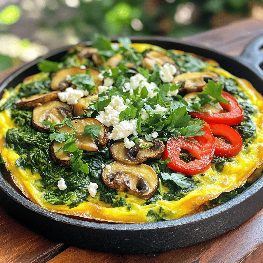 To make a delicious Spinach Mushroom Frittata, gather these ingredients: - 8 large eggs - 1 cup fresh spinach, chopped - 1 cup mushrooms, sliced (choose button or cremini for best flavor) - 1/2 cup red bell pepper, diced - 1/2 cup onion, finely chopped - 1/2 cup feta cheese, crumbled - 1 tablespoon olive oil - 1/4 teaspoon salt - 1/4 teaspoon black pepper - 1/4 teaspoon garlic powder - Fresh herbs (optional: parsley or basil) for garnish For the best taste, use fresh spinach and high-quality feta cheese. Fresh mushrooms bring a rich, earthy flavor. I like using cremini mushrooms for their depth. The red bell pepper adds sweetness, while the onion gives a nice base flavor. Using olive oil enhances the dish with healthy fats and a touch of fruitiness. You can mix in other ingredients for more nutrition. Consider adding: - Cherry tomatoes for a burst of flavor - Broccoli florets for extra greens - Zucchini slices for added moisture These add-ins not only boost nutrition but also add interesting textures and flavors to your frittata. Try these ideas or stick with the full recipe to enjoy a simple, tasty meal! First, gather your ingredients. You need 8 large eggs, 1 cup of fresh spinach, and 1 cup of sliced mushrooms. Choose button or cremini mushrooms for the best taste. You’ll also want 1/2 cup of diced red bell pepper, 1/2 cup of finely chopped onion, and 1/2 cup of crumbled feta cheese. Don’t forget 1 tablespoon of olive oil and spices: 1/4 teaspoon of salt, black pepper, and garlic powder. You can add fresh herbs like parsley or basil for garnish, too. Now, let’s cook the veggies. Preheat your oven to 375°F (190°C). In a large skillet, heat the olive oil over medium heat. Once it shimmers, add the chopped onions and diced red bell pepper. Sauté for about 3 to 4 minutes. You want them to soften and smell good. Next, add the sliced mushrooms. Cook them for 4 to 5 minutes until they turn golden brown. This step really brings out their flavor. After that, toss in the chopped spinach. Stir it in and cook for another 2 minutes until it wilts and looks bright. While the vegetables cook, crack your eggs into a bowl. Whisk them with salt, black pepper, and garlic powder until smooth. Pour this egg mixture over the veggies in the skillet. Make sure it covers everything well. Then, sprinkle the crumbled feta cheese evenly on top. Let it cook on the stovetop for about 3 to 4 minutes until the edges start to set. When that happens, transfer the skillet to your preheated oven. Bake for 15 to 20 minutes until the frittata is set in the center and lightly golden. After baking, let it cool for a few minutes before slicing it into wedges. Enjoy this delicious meal warm or at room temperature. For a lovely touch, add fresh herbs on top. For the complete steps, check out the Full Recipe. To get a soft and fluffy frittata, use fresh eggs. Beat them well but don’t overdo it. You want air in the eggs, but not too much. When you mix in the veggies, make sure they are not too watery. Drain excess liquid if needed. This keeps the frittata from becoming soggy. Cook it until the edges are set, but the middle should still be slightly jiggly. It will firm up as it cools. Cooking time can change based on your oven and skillet size. The frittata needs about 15-20 minutes in the oven. If you use a larger skillet, check it a bit earlier. A smaller skillet may need extra time. Keep an eye on it. If the top is golden and the middle is firm, it’s done. Always trust your eyes and gently shake the skillet to check for doneness. You need a few basic tools to make this frittata. A large mixing bowl for the eggs is essential. Use a whisk for mixing. A large, oven-safe skillet is key for cooking and baking. Make sure it has a sturdy handle. A spatula helps with flipping and serving. If you have a cutting board and knife, they are helpful for chopping veggies. These tools make the process smooth and fun. For more details on the recipe, check out the Full Recipe. {{image_4}} You can change the cheese in your frittata. Feta adds a tangy taste, but you can try others. Cheddar gives a sharp flavor, while mozzarella adds creaminess. Goat cheese also works well for a rich taste. Mix and match cheeses to find your favorite blend. You can swap vegetables based on what you have. Zucchini, asparagus, or broccoli are great choices. If you like a bit of spice, add jalapeños or bell peppers. Use fresh or frozen veggies, but make sure to adjust cooking times. This frittata is very flexible! To make a dairy-free frittata, skip the cheese and use plant-based milk. Almond milk or soy milk works well. You can also add nutritional yeast for a cheesy flavor without dairy. It keeps the dish rich and tasty while fitting a dairy-free diet. For the full recipe, check out the Spinach & Mushroom Frittata. To keep your frittata fresh, let it cool first. Then, cut it into slices. Place the slices in an airtight container. You can store it in the fridge for up to four days. Make sure to label the container with the date, so you remember when you made it. Reheating the frittata is easy. You can use the microwave or the oven. For the microwave, place a slice on a plate. Heat it for about 30 seconds to 1 minute. Check if it’s warm enough. For the oven, preheat it to 350°F (175°C). Place the frittata on a baking sheet and heat for about 10 minutes. You can freeze the frittata for longer storage. Wrap each slice in plastic wrap. Then, put the wrapped slices in a freezer-safe bag. It can last in the freezer for up to three months. When you’re ready to eat it, thaw it in the fridge overnight before reheating. This way, you’ll have a tasty meal ready whenever you want! For the full recipe, check out the earlier section. It takes about 30 minutes to cook a Spinach Mushroom Frittata. You’ll spend 10 minutes prepping the ingredients and 20 minutes cooking. This includes both stovetop and oven time. Yes, you can make a Spinach Mushroom Frittata ahead of time. Cook it fully and let it cool. Store it in the fridge for up to three days. Just reheat it in the oven or microwave when you are ready to eat. A frittata pairs well with simple sides. Here are some good options: - A fresh green salad - Toast or crusty bread - Sliced avocado - Fresh fruit or berries These sides add color and flavor to your meal. Absolutely! You can mix in other vegetables like zucchini, broccoli, or tomatoes. Just make sure to chop them small and sauté them first. This keeps the frittata from getting too watery. The frittata is done when it sets in the center and has a light golden color on top. You can also gently shake the pan. If it wobbles slightly, it may need more time. Yes, you can use egg substitutes if needed. Try using flaxseed meal or a commercial egg replacer. Adjust the quantity as per package instructions to match the number of eggs in the recipe. Slice the frittata into wedges for easy serving. You can serve it warm or at room temperature. Garnish with fresh herbs for a nice touch. For the full recipe, check out the Spinach & Mushroom Frittata section above! This blog post covers how to make a delicious spinach mushroom frittata. We looked at the best ingredients, cooking steps, and tips for great texture. I shared variations to suit your taste and how to store leftovers for later. Cooking can be easy and fun with the right guide. Start your frittata journey today! Enjoy this healthy dish at any meal.
