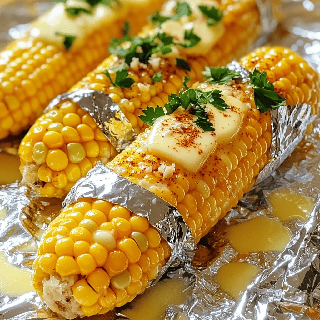 - 4 ears of fresh corn, husked and cleaned - 4 tablespoons unsalted butter, softened - 1 teaspoon garlic powder - 1 teaspoon smoked paprika - 1 teaspoon sea salt - ½ teaspoon freshly cracked black pepper - ¼ cup grated Parmesan cheese (optional) - Fresh parsley, finely chopped, for garnish For this oven-roasted corn on the cob, using fresh corn is key. Look for bright green husks and plump kernels. The unsalted butter adds richness, while garlic powder and smoked paprika give it a flavorful kick. You can also add salt and black pepper to taste. If you want to elevate your corn, sprinkle grated Parmesan cheese on top. Fresh parsley not only adds color but also a fresh taste. This recipe is simple yet packed with flavor, making it a summer favorite. For the full recipe, check the details above. 1. Preheat the oven to 400°F (200°C). 2. Husk and clean the corn thoroughly. Remove all the silk threads and debris. 1. In a small bowl, combine softened butter with: - 4 tablespoons unsalted butter, softened - 1 teaspoon garlic powder - 1 teaspoon smoked paprika - 1 teaspoon sea salt - ½ teaspoon freshly cracked black pepper 2. Mix well until it forms a smooth, creamy spread. 1. Spread the butter mixture generously on each ear of corn. Make sure to coat all sides. 2. Wrap each ear in aluminum foil, sealing it tightly to keep the steam in. 3. Place the wrapped corn on the oven rack and bake for 25-30 minutes. 4. Turn the corn halfway through cooking for even roasting. 5. After 30 minutes, check for tenderness. The kernels should look plump and juicy. 6. If you want, sprinkle grated Parmesan cheese on top. Re-wrap the corn and return it to the oven for 5 more minutes. 7. Carefully unwrap the corn, as steam will escape. Use a kitchen mitt to protect your hands. 8. Lastly, garnish with finely chopped fresh parsley for color and flavor. Enjoy your delicious corn! To get the best flavor, coat each ear of corn with the butter mix. Make sure to cover every inch. This will help the corn soak up the flavors. Turning the corn halfway through cooking is also key. This ensures even roasting and helps all sides get that perfect golden color. After 30 minutes of baking, check the corn for tenderness. The kernels should feel soft and plump. If they are not ready, give them a few more minutes. Using aluminum foil is a smart trick. It keeps the moisture in, making the corn juicy and delicious. This simple step will elevate your corn from good to great! {{image_4}} You can easily change the flavor of your oven-roasted corn on the cob. Start by adding spices. Cayenne pepper brings heat, while Italian seasoning adds a herby touch. Both options add depth to the dish. Another fun idea is to make compound butters. Mix softened butter with herbs, citrus zest, or even cheese. Spread this on the corn before roasting. You’ll discover a new taste experience that excites your palate. This corn pairs well with many dishes. It shines next to grilled meats like chicken or steak. The sweet corn complements their smoky flavors perfectly. For a little twist, serve your corn with lime wedges. Squeezing lime juice over the corn adds a fresh, zesty flavor. It brightens up each bite and makes your meal even more enjoyable. To keep your leftover corn fresh, wrap it tightly in plastic wrap. You can refrigerate it for up to three days. If you prefer, store unwrapped corn in an airtight container. This method helps keep the corn moist and tasty. For the best results, use the oven to reheat your corn. Preheat the oven to 350°F (175°C). Remove the corn from the fridge and unwrap it. Place the corn in a baking dish, cover it with foil, and heat for about 10-15 minutes. If you need a quicker option, use the microwave. Wrap the corn in a damp paper towel. Heat it for about 1-2 minutes. Check if it is warm enough. If not, heat it for another minute. Enjoy the flavors from your oven-roasted corn on the cob! Yes, you can use frozen corn. Just remember to adjust the cooking time as needed. Frozen corn may take a bit longer to cook, so check for doneness. You want those kernels to be plump and tender. To know if the corn is done, check if the kernels are plump and juicy. You can unwrap the foil after about 30 minutes to test one ear. If it looks good, it’s ready to serve! Yes, you can cook the corn without foil. However, the cooking time may vary, and the corn may turn out drier. Foil helps keep moisture in, making the corn tender and flavorful. If you skip the foil, just keep an eye on it while it cooks. Oven-roasted corn on the cob is simple and delicious. We covered ingredients, prep steps, and tips for the best corn. Remember to coat the corn well in butter and check for tenderness. You can change flavors with spices or serve with grilled meats. Store any leftovers correctly and reheat for great taste. Enjoy your tasty corn at your next meal or cookout!