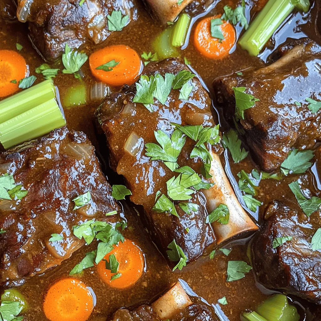 - 3 lbs beef short ribs, trimmed - 2 tablespoons olive oil - 1 large onion, finely chopped - 4 cloves garlic, minced - 2 cups beef broth - 1 cup low-sodium soy sauce - 2 tablespoons packed brown sugar - 2 tablespoons apple cider vinegar - 1 teaspoon ground ginger - 1 teaspoon freshly ground black pepper - 1 teaspoon smoked paprika - 2 carrots, sliced into rounds - 2 stalks celery, chopped into small pieces - Fresh parsley for garnish Gathering quality ingredients is key. Start with beef short ribs. Look for well-marbled meat. This fat equals flavor and tenderness. Trim excess fat for a cleaner taste. Next, the aromatics: onion and garlic. They add depth to your dish. Finely chop the onion for even cooking. Mince the garlic for a strong aroma. Now, let's talk sauce. The blend of beef broth and soy sauce gives richness. Brown sugar adds sweetness to balance the saltiness. Apple cider vinegar brings brightness. Ground ginger and smoked paprika add warmth and depth. Don’t forget the vegetables. Carrots and celery bring texture and flavor. They also help build a hearty base in the crockpot. Lastly, fresh parsley. It’s not just for looks. It adds a burst of fresh flavor to the dish. For the full recipe, check out the Super Tender Crockpot Beef Short Ribs 🥘 recipe. First, let’s sear the short ribs. This step adds great flavor. Start by heating the olive oil in a large skillet over medium-high heat. While the oil heats, you should pat the beef short ribs dry with paper towels. This is key. If the ribs are wet, they won’t brown well. Season them with salt and black pepper on all sides. Add the ribs to the skillet and sear them until they turn a nice brown color, about 3-4 minutes on each side. Once browned, remove the ribs from the skillet and set them aside on a plate. Now let’s sauté the aromatics. In the same skillet, add the finely chopped onion. Sauté for about 5 minutes. Stir occasionally until the onion is soft and translucent. Next, add the minced garlic and sauté for one more minute. The aroma will fill your kitchen, making you excited for what’s to come. Next, we will prepare the sauce. In a separate bowl, whisk together the beef broth, low-sodium soy sauce, packed brown sugar, apple cider vinegar, ground ginger, and smoked paprika. Mix until the sugar dissolves and everything blends well. This sauce gives the ribs flavor and moisture. Now, it’s time to layer in the crockpot. Start by placing the seared short ribs at the bottom. On top of the ribs, add the sautéed onion and garlic mixture. Then, sprinkle the sliced carrots and chopped celery over this. Finally, pour the sauce mixture evenly over all the ingredients in the crockpot. This method helps the flavors meld beautifully. For the full recipe, you can check the complete details. Searing the beef short ribs is key. This process adds a rich flavor and color. When you sear, use high heat in a pan with olive oil. Sear each side for about 3-4 minutes. This step creates a tasty crust. For cooking in the crockpot, you can choose low or high heat settings. Low heat cooks for about 8 hours, making the meat super tender. High heat takes about 4 hours but can still yield good results. If you have time, always opt for low heat. It allows flavors to blend well. Serve the beef short ribs with creamy mashed potatoes. The sauce pairs perfectly with the potatoes. You can also use crusty bread to soak up the tasty sauce. To enhance the dish, add fresh herbs like parsley on top. This adds a bright touch and fresh flavor. You can also sprinkle some black pepper for an extra kick. Prep your ingredients the night before. Chop the veggies and store them in the fridge. This saves time on the cooking day. You can freeze cooked short ribs. Simply let them cool, then place them in an airtight container. They can stay in the freezer for up to three months. To reheat, thaw in the fridge overnight, then warm on the stove. For the full recipe, refer to the recipe guide. {{image_4}} You can change the flavor of your beef short ribs in fun ways. To add spice, consider using chili flakes. Just sprinkle a little on the ribs or in the sauce. This will give your dish a nice kick. You can also try different marinades. For instance, a teriyaki or barbecue marinade can bring a sweet twist. Experiment with your favorite flavors to make it your own. If you want to use a different cut of meat, go for chuck roast or brisket. These cuts will still give you great flavor and tenderness. If you need a vegetarian option, try using mushrooms or jackfruit. You can still make a rich sauce with vegetable broth and soy sauce. This way, everyone can enjoy a tasty meal. You can also cook these ribs in the oven. Just sear them first, then place them in a roasting pan. Add your sauce and cover it tightly with foil. Bake at 300°F for about 3 hours. For a quicker option, use an Instant Pot. After searing, add everything to the pot. Cook on high pressure for about 45 minutes. This method still keeps the meat tender and delicious. For all the details, check out the Full Recipe. To store leftovers, let the short ribs cool first. Place them in a container with a tight lid. Make sure to pour some sauce over the ribs. This keeps them moist. You can keep them in the fridge for up to three days. If you want to enjoy them later, proper storage is key. For freezing, use freezer-safe bags or containers. Remove as much air as possible to avoid freezer burn. Label the bags with the date. This helps you track how long they have been frozen. You can freeze short ribs for up to three months. To thaw, place them in the fridge overnight. For reheating, warm them in a pot on low heat. You can also use the microwave. Just be sure to cover them to keep moisture in. Cooked short ribs last about three days in the fridge. If they smell sour or look off, throw them away. Always check for signs of spoilage before eating. Keeping track of your leftovers helps you enjoy them at their best. You can tell when short ribs are done by checking their tenderness. When cooked, they should easily pull apart with a fork. This means the meat has broken down and become soft. Another sign is the color. The ribs should have a deep brown color from the cooking process. Lastly, the meat should be very moist and juicy, which shows they are ready to eat. Yes, you can use bone-in ribs for this recipe. Bone-in ribs often have more flavor. The bone adds richness to the dish. However, they may take a bit longer to cook than boneless ribs. Boneless ribs are easier to eat but may lack some depth in flavor. Choose based on your taste and what you have on hand. If your short ribs turn out tough, don't worry. You can fix this. First, check the cooking time. Short ribs need enough time to become tender. If they are still tough, cook them longer on low heat. Another tip is to add more liquid, like broth or wine. This helps steam the meat and makes it tender. Cutting the meat against the grain also helps improve tenderness. In this post, we covered everything you need for beef short ribs. We looked at the main ingredients, including beef, broth, and sauce. We explored step-by-step instructions, tips for best results, and flavor variations. You can create a delicious meal and impress guests. Remember, cooking is fun! Experiment with flavors and enjoy the process. With these guidelines, you’ll be ready to make perfect short ribs every time. Keep cooking and savoring each bite!