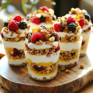 To make Frozen Yogurt Granola Cups, you need simple, healthy ingredients. Here’s the list: - 2 cups Greek yogurt (plain or flavored) - 1 cup granola (favorite flavor) - 1/4 cup honey or maple syrup - 1/2 cup mixed berries (fresh or frozen) - 1/4 cup chopped nuts (almonds, walnuts, or pecans) - 1/4 teaspoon vanilla extract - A pinch of salt Each ingredient plays a key role. Greek yogurt gives a creamy base. Granola adds crunch. Honey or maple syrup brings sweetness. Berries add juicy flavor and color. Nuts give a nice texture. Vanilla extract enhances all the tastes. A pinch of salt makes everything pop. Using Greek yogurt is great for protein. It makes the treat filling and healthy. You can choose flavored yogurt for extra taste. Granola can be sweet or nutty, depending on your choice. This recipe is flexible, allowing you to mix and match flavors. For a fun twist, try different nuts or berries. You can even use dairy-free yogurt if you prefer. The options are endless! To see how to combine these ingredients into a tasty treat, check out the Full Recipe. To start, grab a sizable mixing bowl. Combine 2 cups of Greek yogurt with 1/4 cup of honey or maple syrup. Add 1/4 teaspoon of vanilla extract and a pinch of salt. Whisk or stir until the mixture is smooth and creamy. Next, prepare your muffin tin. Line it with paper or silicone cupcake liners. This makes it easy to remove the cups later. Spoon a generous dollop of the yogurt mixture into each liner. Fill them about one-third of the way. Make sure they are evenly distributed. Now, add a layer of granola on top of the yogurt. Press the granola down gently into the yogurt. Then, add more yogurt mixture over the granola. Fill each cup almost to the top, leaving some space for toppings. Now, it's time to freeze. Place the muffin tin in the freezer for at least 4 hours. Wait until the cups are firm and completely set. After they are frozen solid, carefully remove them from the tin. Gently peel the liners away from the cups. For serving, arrange the Frozen Yogurt Granola Cups on a platter. You can garnish them with extra berries or a light drizzle of honey for a nice touch. For the full recipe, check out the detailed instructions above. - Choosing yogurt and sweeteners: Select Greek yogurt for a creamy base. You can pick plain yogurt for a mild taste or flavored yogurt for extra sweetness. For sweeteners, honey gives a floral note, while maple syrup adds a rich flavor. Adjust the amount based on your taste. - Best layers for texture: Start with a layer of yogurt for a smooth base. Then, add granola for a crunchy texture. You can press the granola down gently into the yogurt. This helps the layers stick together. Top with more yogurt, and finish off with berries and nuts for a colorful and tasty touch. - Garnishing ideas: Serve your Frozen Yogurt Granola Cups on a platter. You can add extra berries or a light drizzle of honey on top. This makes them look inviting and adds more flavor. - Pairing with other snacks: These cups are great on their own, but they pair well with fresh fruit or a handful of nuts. You can also enjoy them with a smoothie or a cup of tea for a light snack. Try making these Frozen Yogurt Granola Cups and enjoy the balance of creamy, crunchy, and fruity flavors. They are perfect for a quick treat! For a detailed guide, check the Full Recipe. {{image_4}} You can make Frozen Yogurt Granola Cups even more fun by mixing flavors. Here are some tasty ideas: - Fruit Variations: Try using different fruits like banana or mango. You can also mix in seasonal fruits to keep it fresh. Strawberries, blueberries, and raspberries are classic choices. Each fruit adds a unique flavor and color. - Different Granola Types: Choose granola based on your taste. Go for chocolate for a sweet twist or nutty granola for a crunchy texture. You can even mix two types for a fun surprise in each bite! These cups are easy to adapt for different diets. Here’s how: - Vegan Options: Swap Greek yogurt for a dairy-free yogurt. Coconut or almond yogurt works great. Use maple syrup instead of honey for sweetness. - Gluten-Free Alternatives: Ensure your granola is gluten-free. This way, everyone can enjoy these tasty treats without worry. Look for certified gluten-free brands to be safe. These ideas help you customize your Frozen Yogurt Granola Cups. You can explore new flavors while keeping them healthy and fun! For the full recipe, check the earlier section. To keep your Frozen Yogurt Granola Cups fresh, use an airtight container. This helps prevent ice crystals from forming. Choose a container that fits your cups snugly. If you stack them, separate layers with parchment paper. This keeps the cups intact and easy to grab. For freezing, place the cups in the container once they’re solid. Make sure they are completely frozen before storing. This way, they won't stick together. If you want to keep them longer, consider using freezer-safe bags. Just remove as much air as possible to prevent freezer burn. When stored properly, these cups can last up to one month in the freezer. They taste best within the first two weeks. After that, you might notice a change in texture or flavor. Look for signs of freezer burn, like icy spots or a dry surface. If you see these, it's best to discard them. They may still be safe to eat, but the flavor won't be great. Always check your cups before enjoying a treat to ensure the best taste. How long do Frozen Yogurt Granola Cups last? Frozen Yogurt Granola Cups can last for up to one month in the freezer. After that, the quality may drop. To keep them fresh, store them in an airtight container. This helps prevent freezer burn and keeps the flavors intact. Can I use dairy-free yogurt? Yes, you can use dairy-free yogurt. Almond, coconut, or soy yogurt work well. Just make sure to choose a brand that has a similar texture to Greek yogurt. This will help the cups set properly and keep their shape. What are the nutritional benefits of these cups? These cups offer protein from the yogurt, fiber from the granola, and vitamins from the berries. They are low in added sugars if you use less honey or maple syrup. Plus, they are a fun way to enjoy healthy snacks without feeling guilty. Can I customize toppings for different flavors? Absolutely! You can mix and match toppings. Try sliced bananas, mango, or even chocolate chips for a sweet twist. Get creative with nuts or seeds to add crunch. This way, each cup can have its own unique taste. Is it possible to make these without honey or maple syrup? Yes, you can skip the honey or maple syrup. Use ripe bananas or applesauce for natural sweetness instead. This will keep the cups healthy and still delicious. Adjust the other ingredients if needed to maintain the right texture. In this blog post, we explored how to make tasty Frozen Yogurt Granola Cups. You learned about the simple ingredients and step-by-step instructions for crafting these treats. We shared tips to enhance flavor and texture along with different ways to customize your cups. You can store these cups easily and keep them fresh. Remember, whether you want a fruity twist or a vegan option, you have many choices. Now, it's time for you to enjoy this fun and healthy snack any time!