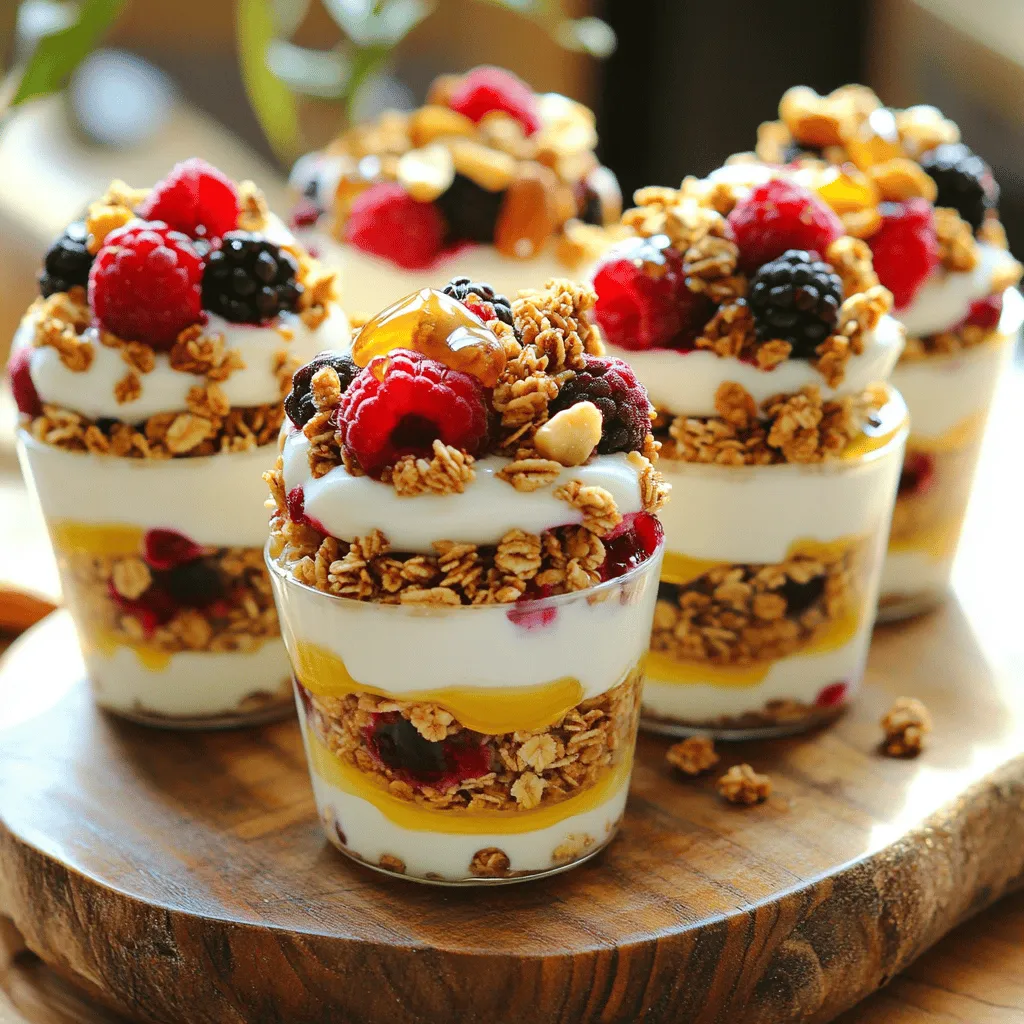 To make Frozen Yogurt Granola Cups, you need simple, healthy ingredients. Here’s the list: - 2 cups Greek yogurt (plain or flavored) - 1 cup granola (favorite flavor) - 1/4 cup honey or maple syrup - 1/2 cup mixed berries (fresh or frozen) - 1/4 cup chopped nuts (almonds, walnuts, or pecans) - 1/4 teaspoon vanilla extract - A pinch of salt Each ingredient plays a key role. Greek yogurt gives a creamy base. Granola adds crunch. Honey or maple syrup brings sweetness. Berries add juicy flavor and color. Nuts give a nice texture. Vanilla extract enhances all the tastes. A pinch of salt makes everything pop. Using Greek yogurt is great for protein. It makes the treat filling and healthy. You can choose flavored yogurt for extra taste. Granola can be sweet or nutty, depending on your choice. This recipe is flexible, allowing you to mix and match flavors. For a fun twist, try different nuts or berries. You can even use dairy-free yogurt if you prefer. The options are endless! To see how to combine these ingredients into a tasty treat, check out the Full Recipe. To start, grab a sizable mixing bowl. Combine 2 cups of Greek yogurt with 1/4 cup of honey or maple syrup. Add 1/4 teaspoon of vanilla extract and a pinch of salt. Whisk or stir until the mixture is smooth and creamy. Next, prepare your muffin tin. Line it with paper or silicone cupcake liners. This makes it easy to remove the cups later. Spoon a generous dollop of the yogurt mixture into each liner. Fill them about one-third of the way. Make sure they are evenly distributed. Now, add a layer of granola on top of the yogurt. Press the granola down gently into the yogurt. Then, add more yogurt mixture over the granola. Fill each cup almost to the top, leaving some space for toppings. Now, it's time to freeze. Place the muffin tin in the freezer for at least 4 hours. Wait until the cups are firm and completely set. After they are frozen solid, carefully remove them from the tin. Gently peel the liners away from the cups. For serving, arrange the Frozen Yogurt Granola Cups on a platter. You can garnish them with extra berries or a light drizzle of honey for a nice touch. For the full recipe, check out the detailed instructions above. - Choosing yogurt and sweeteners: Select Greek yogurt for a creamy base. You can pick plain yogurt for a mild taste or flavored yogurt for extra sweetness. For sweeteners, honey gives a floral note, while maple syrup adds a rich flavor. Adjust the amount based on your taste. - Best layers for texture: Start with a layer of yogurt for a smooth base. Then, add granola for a crunchy texture. You can press the granola down gently into the yogurt. This helps the layers stick together. Top with more yogurt, and finish off with berries and nuts for a colorful and tasty touch. - Garnishing ideas: Serve your Frozen Yogurt Granola Cups on a platter. You can add extra berries or a light drizzle of honey on top. This makes them look inviting and adds more flavor. - Pairing with other snacks: These cups are great on their own, but they pair well with fresh fruit or a handful of nuts. You can also enjoy them with a smoothie or a cup of tea for a light snack. Try making these Frozen Yogurt Granola Cups and enjoy the balance of creamy, crunchy, and fruity flavors. They are perfect for a quick treat! For a detailed guide, check the Full Recipe. {{image_4}} You can make Frozen Yogurt Granola Cups even more fun by mixing flavors. Here are some tasty ideas: - Fruit Variations: Try using different fruits like banana or mango. You can also mix in seasonal fruits to keep it fresh. Strawberries, blueberries, and raspberries are classic choices. Each fruit adds a unique flavor and color. - Different Granola Types: Choose granola based on your taste. Go for chocolate for a sweet twist or nutty granola for a crunchy texture. You can even mix two types for a fun surprise in each bite! These cups are easy to adapt for different diets. Here’s how: - Vegan Options: Swap Greek yogurt for a dairy-free yogurt. Coconut or almond yogurt works great. Use maple syrup instead of honey for sweetness. - Gluten-Free Alternatives: Ensure your granola is gluten-free. This way, everyone can enjoy these tasty treats without worry. Look for certified gluten-free brands to be safe. These ideas help you customize your Frozen Yogurt Granola Cups. You can explore new flavors while keeping them healthy and fun! For the full recipe, check the earlier section. To keep your Frozen Yogurt Granola Cups fresh, use an airtight container. This helps prevent ice crystals from forming. Choose a container that fits your cups snugly. If you stack them, separate layers with parchment paper. This keeps the cups intact and easy to grab. For freezing, place the cups in the container once they’re solid. Make sure they are completely frozen before storing. This way, they won't stick together. If you want to keep them longer, consider using freezer-safe bags. Just remove as much air as possible to prevent freezer burn. When stored properly, these cups can last up to one month in the freezer. They taste best within the first two weeks. After that, you might notice a change in texture or flavor. Look for signs of freezer burn, like icy spots or a dry surface. If you see these, it's best to discard them. They may still be safe to eat, but the flavor won't be great. Always check your cups before enjoying a treat to ensure the best taste. How long do Frozen Yogurt Granola Cups last? Frozen Yogurt Granola Cups can last for up to one month in the freezer. After that, the quality may drop. To keep them fresh, store them in an airtight container. This helps prevent freezer burn and keeps the flavors intact. Can I use dairy-free yogurt? Yes, you can use dairy-free yogurt. Almond, coconut, or soy yogurt work well. Just make sure to choose a brand that has a similar texture to Greek yogurt. This will help the cups set properly and keep their shape. What are the nutritional benefits of these cups? These cups offer protein from the yogurt, fiber from the granola, and vitamins from the berries. They are low in added sugars if you use less honey or maple syrup. Plus, they are a fun way to enjoy healthy snacks without feeling guilty. Can I customize toppings for different flavors? Absolutely! You can mix and match toppings. Try sliced bananas, mango, or even chocolate chips for a sweet twist. Get creative with nuts or seeds to add crunch. This way, each cup can have its own unique taste. Is it possible to make these without honey or maple syrup? Yes, you can skip the honey or maple syrup. Use ripe bananas or applesauce for natural sweetness instead. This will keep the cups healthy and still delicious. Adjust the other ingredients if needed to maintain the right texture. In this blog post, we explored how to make tasty Frozen Yogurt Granola Cups. You learned about the simple ingredients and step-by-step instructions for crafting these treats. We shared tips to enhance flavor and texture along with different ways to customize your cups. You can store these cups easily and keep them fresh. Remember, whether you want a fruity twist or a vegan option, you have many choices. Now, it's time for you to enjoy this fun and healthy snack any time!