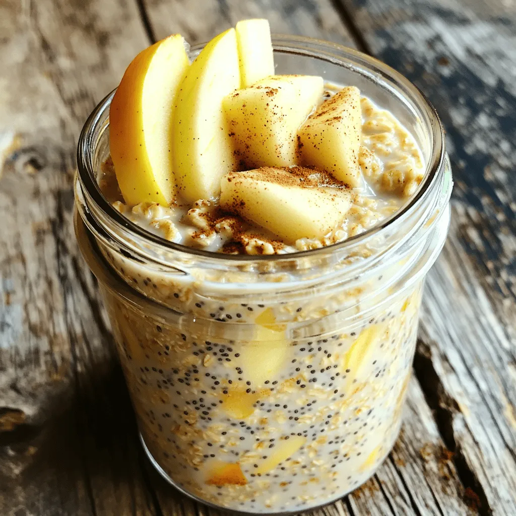 - 1 cup rolled oats - 1 cup almond milk (or your preferred milk) - 1 tablespoon maple syrup - 1 tablespoon chia seeds - 1 teaspoon vanilla extract - 1 teaspoon ground cinnamon Cinnamon roll overnight oats need some key ingredients. First, you will need rolled oats. They are the base of this dish and give it a hearty texture. Almond milk adds creaminess and flavor. You can use any milk you prefer. Maple syrup brings sweetness. It makes the oats taste like a treat. Chia seeds help thicken the mix and add healthy fiber. Vanilla extract enhances the flavor, while ground cinnamon gives that classic cinnamon roll taste. - 2 tablespoons Greek yogurt (for creaminess) - 2 tablespoons raisins or chopped walnuts (for crunch) - Fresh apple or banana slices (for topping) While the base ingredients are great, you can add a few more for fun. Greek yogurt adds creaminess and protein. Raisins or walnuts give a nice crunch and texture. Fresh fruit like apple or banana slices will brighten your dish. These toppings make your oats even more delicious and appealing. If you want to jazz it up, feel free to mix and match these options! For the full recipe, check out the details above. - In a medium mixing bowl, combine: - 1 cup rolled oats - 1 cup almond milk - 1 tablespoon maple syrup - 1 tablespoon chia seeds - 1 teaspoon vanilla extract - 1 teaspoon ground cinnamon Stir well until everything blends smoothly. If you want a creamier texture, fold in 2 tablespoons Greek yogurt. This step is optional but adds a nice touch. If you like, stir in 2 tablespoons of raisins or chopped walnuts for extra crunch. Next, transfer the mixture into an airtight container. You can also divide it into jars for easy serving. Seal the container or jars tightly and place them in the fridge overnight. This soaking time lets the oats absorb all those yummy flavors. When you wake up, take the oats out and stir them well. If they seem too thick, add a splash of almond milk. This will help you reach the perfect creamy consistency. Top your oats with fresh apple slices or banana slices. To mimic that classic cinnamon roll taste, sprinkle a little more cinnamon on top. Enjoy your delicious creation! To make your cinnamon roll overnight oats truly shine, I recommend mixing all ingredients well. A good mix ensures every bite has that delicious cinnamon flavor. Use high-quality rolled oats for a better texture. They help achieve that perfect chewiness. One mistake is using too little liquid. This can make your oats dry and tough. Always stick to the recipe for the right amount of almond milk. Another common error is not letting the oats soak for long enough. Give them at least six hours in the fridge to absorb all the flavors. Pair your oats with a cup of coffee for a complete breakfast. The warm drink enhances the sweet, spiced flavors. For a chic look, serve your oats in jars. This makes for an easy grab-and-go option and looks appealing on your table. Remember, presentation matters! {{image_4}} You can switch up the flavor of your cinnamon roll overnight oats easily. Here are two fun ideas: - Chocolate Chip Cinnamon Roll Overnight Oats: Add a handful of chocolate chips to the mix. They melt slightly and create a sweet surprise. - Pumpkin Spice Version for Fall: Swap in pumpkin puree and pumpkin spice instead of cinnamon. This gives your oats a cozy autumn vibe. You can make this recipe fit your diet needs without losing flavor. Here’s how: - Dairy-Free Alternatives: Use almond milk, coconut milk, or oat milk instead of regular milk. This keeps it creamy and dairy-free. - Adjusting Sweetness: If you want less sugar, try using agave syrup or stevia. These options can help you control the sweetness without sacrificing taste. Toppings make your oats more fun and tasty! Here are some great choices: - Nut Butter Swirls: Add a spoonful of almond or peanut butter on top. This adds richness and protein to your meal. - Coconut Flakes: Sprinkle some coconut flakes for a tropical flair. They add a nice crunch and extra flavor. For the complete preparation, you can refer to the Full Recipe. Enjoy experimenting with these fun variations! Store your leftover overnight oats in the fridge. Use a clean, airtight container. This helps keep the oats fresh. If you made a big batch, divide them into single servings. This way, you grab one easily each morning. You should eat your oats within 3 to 5 days. Look for changes in smell or texture. If they smell sour or feel slimy, they are spoiled. Always trust your senses when it comes to food safety. Enjoy your cinnamon roll overnight oats fresh for the best taste! For the full recipe, check out the earlier section. Overnight oats are a simple way to prepare oatmeal. You mix oats with liquid and let them soak overnight. The next morning, they are soft and ready to eat. They save time and are very healthy. You can add fruits, nuts, or sweeteners to make them tasty. They are also high in fiber and keep you full longer. Yes, you can meal prep overnight oats easily. Here are some tips: - Make a big batch: Use a larger container or several jars. This helps you have breakfast ready for days. - Prepare in jars: Divide the oats into individual jars. This makes it easy to grab and go. - Use different flavors: Each jar can have different toppings. This keeps things fun and fresh. You can personalize your overnight oats in many ways. Here are some ideas: - Add fruits: Sliced bananas or berries work great. - Mix in nuts or seeds: Walnuts or chia seeds add crunch. - Try different liquids: Use coconut milk or oat milk for a twist. - Spice it up: Add cocoa powder or nutmeg for new flavors. For the full recipe, check out the Cinnamon Roll Overnight Oats. Cinnamon roll overnight oats are simple and tasty. We covered the ingredients, including oats and almond milk. I shared preparation steps for easy mixing and soaking. Tips for perfecting your oats helped avoid common mistakes. You can enjoy various flavors and add fun toppings. Remember to store leftovers properly. These oats are a flexible and healthy breakfast option. Experiment with different ingredients to find your favorite. Enjoy the process and the delicious outcome!