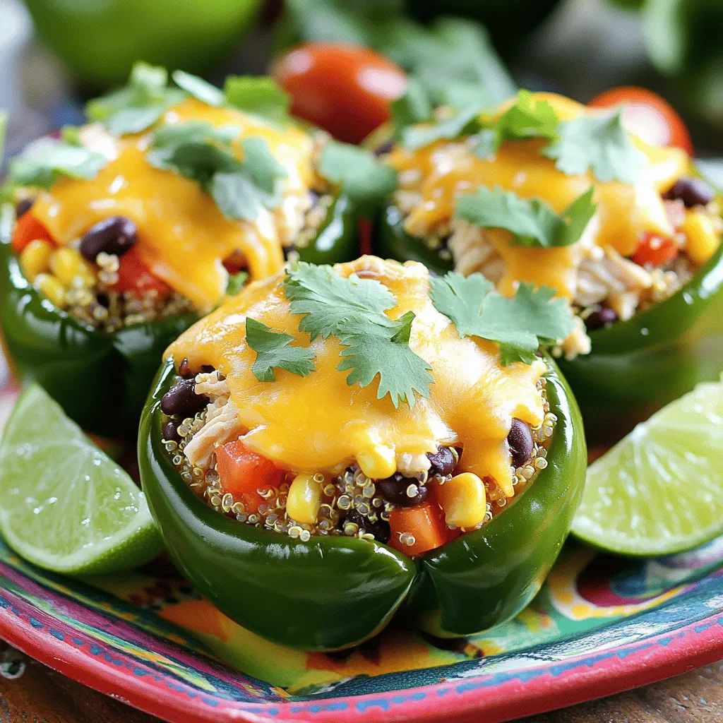 To make chicken stuffed poblano peppers, you need some key ingredients. Here’s what you’ll need: - 4 large poblano peppers - 1 lb cooked chicken breast, shredded - 1 cup quinoa, rinsed under cold water - 2 cups low-sodium chicken broth - 1 cup black beans, drained and thoroughly rinsed - 1 cup corn kernels (fresh or frozen) - 1 cup diced tomatoes (either canned or fresh) - 1 cup shredded cheddar cheese, divided - 1 teaspoon ground cumin - 1 teaspoon smoked paprika - Salt and freshly ground black pepper to taste - Fresh cilantro, chopped, for garnish - 2 tablespoons olive oil - Lime wedges, for serving These ingredients create a tasty combination. The poblano peppers give a mild heat, while the chicken and quinoa add protein. Black beans and corn bring texture and flavor. The spices, like cumin and paprika, enhance the taste and aroma. Finally, the cheese adds richness to the dish. You can find the full recipe in the section above. This recipe is easy and fun to make. Enjoy the process and savor the delicious results! - Start by preheating your oven to 375°F (190°C). - In a medium saucepan, combine rinsed quinoa and chicken broth. Bring it to a boil. Reduce heat, cover, and simmer for about 15 minutes. This will make the quinoa fluffy. - Carefully make a slit down the side of each poblano pepper. Remove the seeds and inner membranes. This step helps reduce the heat but keeps the flavor. - In a large bowl, combine shredded chicken, quinoa, black beans, corn, diced tomatoes, half of the shredded cheddar cheese, cumin, smoked paprika, salt, and pepper. Mix until all ingredients blend well. The filling should be colorful and flavorful. - Stuff each pepper with the chicken and quinoa mixture. Press down gently to pack them tightly. This ensures every bite is full of flavor. - Arrange the stuffed peppers in a baking dish. Drizzle olive oil over the peppers and cover with aluminum foil. Bake for 25 minutes. Remove the foil and add the remaining cheddar cheese on top. Bake uncovered for another 10-15 minutes, until the cheese is melted and bubbly. Garnish with fresh cilantro before serving. Enjoy your delicious creation! When choosing poblano peppers, look for ones that are firm and shiny. Avoid any with soft spots or wrinkles. These signs tell you the pepper is not fresh. To handle spicy peppers safely, wear gloves. This keeps the oils from getting on your skin. If you do get some on your skin, wash it off with soap and water. When preparing the peppers, make a slit down the side. Remove the seeds for a milder taste, but keep the tops on if you'd like a rustic look. If you want to switch things up, use ground turkey or beef instead of chicken. You can also use black beans or pinto beans for a different flavor. For a vegetarian twist, try extra veggies like zucchini or mushrooms. To get the perfect texture in your filling, mix everything well. This ensures each bite is full of flavor. A little moisture helps too. If your mixture seems dry, add a splash of chicken broth or a dollop of sour cream. For even baking, arrange your stuffed peppers upright in the dish. This helps them cook evenly. Cover the dish with foil for the first part of baking. This traps steam and keeps the peppers moist. After 25 minutes, remove the foil and add more cheese. This gives a nice golden color and keeps the cheese gooey. To avoid burning or drying out the peppers, watch them closely. If they start to brown too quickly, lower the oven temperature slightly. {{image_4}} You can switch the chicken for other meats. Ground turkey works well in this dish. Ground beef is another tasty choice. If you prefer not to use meat, try tempeh. Tempeh gives a nice texture and flavor. You can also add more veggies, like spinach or zucchini, for a healthy bite. Want to kick up the heat? Add some chili powder or cayenne pepper to your filling. A little goes a long way! For a cheesy twist, try different cheeses. Pepper jack adds spice, while Monterey Jack gives a creamy touch. Mixing cheeses can create a fun flavor profile that excites your taste buds. These stuffed peppers taste great with sides. Try pairing them with rice or a fresh salad to balance the meal. You can add lime wedges for a zesty splash. To make your plate pop, garnish with fresh herbs. Chopped cilantro or green onions can enhance the look and flavor. To store your leftover stuffed poblano peppers, let them cool first. Place them in an airtight container. This way, they stay fresh for the next meal. In the fridge, they can last up to four days. If you want to enjoy them later, follow these tips for best results. Freezing stuffed peppers is easy and a great way to save food. First, let the peppers cool completely. Wrap each one in plastic wrap or foil, then place them in a freezer bag. They can stay good in the freezer for up to three months. When you are ready to eat, thaw them in the fridge overnight. Reheat in the oven at 350°F (175°C) for about 20 minutes for best taste. Cooking in bulk can save you time. You can make a big batch of chicken stuffed poblano peppers. Store the peppers in the fridge for quick meals. Or, prep the filling and ingredients separately. This way, you can stuff and bake the peppers when you are ready. It makes for easy assembly and fun cooking! For more ideas, check out the Full Recipe. It takes about 50 minutes to cook chicken stuffed poblano peppers. You will need 15 minutes for prep and 35 minutes for cooking. First, you prep the peppers and filling. Then, you bake them in the oven. Yes, you can make this recipe ahead of time. You can prep the filling and stuff the peppers. Store them in the fridge for up to one day. To bake, just add a few more minutes to the cooking time. You can serve many tasty sides with chicken stuffed poblano peppers. Here are some ideas: - Cilantro lime rice - Fresh garden salad - Grilled corn on the cob - Black bean soup - A cold beer or fruity drink Yes, you can grill stuffed poblano peppers. First, preheat your grill to medium heat. Wrap the stuffed peppers in foil to keep them moist. Grill for about 20-25 minutes. Check if they are tender and the cheese is melted. Adjust the time if needed. In this post, we explored a recipe for chicken stuffed poblano peppers. We discussed the key ingredients and the step-by-step process to prepare, bake, and serve them. I shared tips for choosing and preparing peppers, how to make delicious fillings, and variations you can try. Proper storage and meal prep were also covered to help you enjoy these flavorful peppers later. These stuffed peppers are not just tasty; they are also flexible for different diets. Enjoy experimenting with this dish!