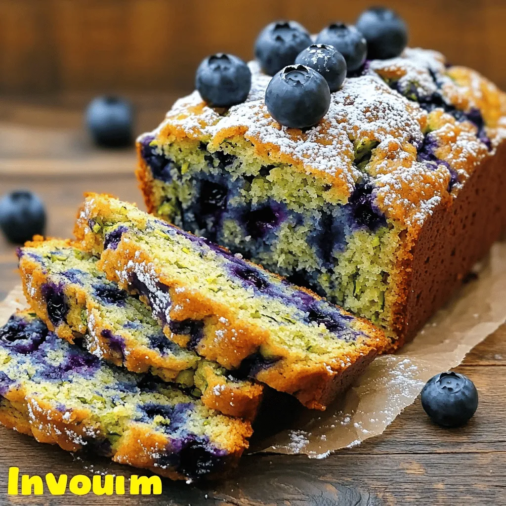 - 1 cup finely grated zucchini - 1 cup fresh blueberries (or frozen) - 1 cup all-purpose flour - 1 cup whole wheat flour - 1 teaspoon baking soda - 1/2 teaspoon baking powder - 1/2 teaspoon sea salt - 1 teaspoon ground cinnamon - 1/2 teaspoon vanilla extract - 1/2 cup vegetable oil - 3/4 cup packed brown sugar - 1/4 cup granulated sugar - 2 large eggs, at room temperature - 1/4 cup chopped walnuts or pecans (optional for added crunch) I love using finely grated zucchini in this recipe. It adds moisture and a slight sweetness. Fresh blueberries burst with flavor in each bite. You can use frozen blueberries if you prefer. Just make sure they are thawed and drained well. All-purpose and whole wheat flour give the bread a nice texture. The baking soda and powder help it rise, while sea salt enhances the taste. Ground cinnamon adds warmth and depth to the flavor profile. For sweetness, I use both brown sugar and granulated sugar. The brown sugar adds a rich, caramel note. Eggs provide structure and moisture, while vegetable oil keeps the bread soft. If you like a bit of crunch, toss in some chopped walnuts or pecans. They add a nice texture contrast. This Blueberry Zucchini Bread is simple and tasty. You can find the full recipe above. Enjoy baking! 1. First, preheat your oven to 350°F (175°C). This step is very important for even baking. 2. Grease a 9x5 inch loaf pan or line it with parchment paper. This helps the bread come out easily. 3. In a medium bowl, mix together the all-purpose flour, whole wheat flour, baking soda, baking powder, sea salt, and ground cinnamon. Stir well and set this dry mix aside for later. 4. In a large bowl, pour in the vegetable oil, brown sugar, and granulated sugar. Use a mixer or a whisk to combine until smooth and creamy. 5. Now, add the eggs to the sugar mix, one at a time. Make sure to mix well after each addition. Stir in the vanilla extract until everything is blended. 1. Gently fold in the grated zucchini. This keeps the bread moist and adds a nice texture. 2. Next, add the fresh blueberries and the chopped nuts, if you are using them. Stir carefully until just combined. Be gentle to keep the blueberries whole. 3. Gradually add the dry mix to the wet ingredients. Stir slowly and stop as soon as no flour streaks are left. Overmixing can make the bread tough. 1. Pour the batter into your prepared loaf pan. Use a spatula to smooth the top. 2. Bake in the preheated oven for 60-70 minutes. To check if it’s done, insert a toothpick into the center. It should come out clean or with a few moist crumbs. 3. Once baked, let the bread cool in the pan for about 10 minutes. Carefully remove it from the pan and place it on a wire rack to cool completely. For a full recipe, refer to the detailed instructions above. - How to avoid overmixing: Mix your wet and dry ingredients until just combined. Smooth batter is good, but lumps are okay. Overmixing makes bread dense. - Best practices for measuring flour: Use a spoon to scoop flour into a measuring cup. Level it off with a knife. Do not pack it down. This helps avoid too much flour. - Ensuring moisture balance with zucchini: Grate zucchini finely and squeeze out some water. This keeps the bread moist without being soggy. - Proper cooling and storage techniques: After baking, cool the bread in the pan for ten minutes. Then, move it to a wire rack. This prevents sogginess. - Best ways to keep bread fresh: Wrap the bread tightly in plastic wrap. Store it at room temperature for up to three days. - Serving suggestions and garnishes: Slice the bread thickly and serve it warm. A pat of butter on top adds richness. Fresh blueberries on the side look nice. - Ideal pairing options for the bread: Enjoy with a cup of tea or coffee. It also pairs well with yogurt or cottage cheese for a tasty snack. {{image_4}} You can make this blueberry zucchini bread your own with simple swaps. If you need a gluten-free option, try using almond flour or coconut flour. Both work well in this recipe. You can also switch out blueberries for other fruits. Raspberries or strawberries add a nice twist. If you follow a plant-based diet, you can replace eggs with flax eggs. Just mix one tablespoon of flaxseed meal with three tablespoons of water. Let it sit for five minutes to thicken. Use applesauce or mashed banana to replace oil for a lighter bread. Want to elevate the taste? Add spices like nutmeg or cardamom to the mix. Just a pinch can make a big difference. You can also include citrus zest. Lemon or orange zest brightens the flavor and adds freshness. These small changes can turn your zucchini bread into a gourmet treat. Adjusting the sweetness can change the whole vibe of your bread. If you prefer less sugar, feel free to cut down the brown sugar or granulated sugar. For a fun twist, add chocolate chips to the batter. They melt into gooey pockets of chocolate, making each bite special. These modifications can transform this tasty treat into a unique version that you'll love even more. For the full recipe, check out the details above to start baking! To keep your blueberry zucchini bread fresh, store it at room temperature. First, let it cool completely. Then, wrap it in plastic wrap or foil. This keeps moisture in and helps it stay soft. You can store it this way for up to three days. If you want to save your bread for later, freezing is the best option. Wrap the cooled bread tightly in plastic wrap. Then, place it in a freezer-safe bag or container. This way, it can last up to three months in the freezer. When you’re ready to enjoy it, take it out and let it thaw at room temperature. For a warm slice, you can reheat it in the oven at 350°F for about 10 minutes. It’s important to know when your bread has gone bad. Look for mold or a sour smell. If the bread feels very dry or crumbly, it’s best to toss it. Always check for signs of spoilage before eating. If any part looks off, it’s safer to discard it. How do I know when my bread is done? You can tell your bread is done when a toothpick inserted into the center comes out clean. If it has a few moist crumbs, that’s okay too. Keep an eye on the time; it usually takes 60-70 minutes in the oven. Can I use frozen blueberries directly in the recipe? Yes, you can use frozen blueberries. Just make sure to thaw them first. Drain any excess liquid to keep the batter from getting too wet. What should I do if my bread is too dense? If your bread is too dense, try not to overmix the batter next time. Gently fold in the ingredients until just combined. Also, check if your baking powder and soda are fresh. Can I omit sugar entirely, or are substitutes recommended? You can reduce the sugar, but I recommend using some. You can try substitutes like applesauce or mashed bananas for a natural sweetness. Is this recipe suitable for vegan diets? To make it vegan, you can swap the eggs for flaxseed meal or unsweetened applesauce. Use plant-based oils and check if your sugars are vegan. What are the nutritional values of Blueberry Zucchini Bread? One slice has about 180 calories. It has carbs from the flour and sugars, plus fiber from zucchini. Blueberries add vitamins and antioxidants. Why is my bread too dry? If your bread is too dry, you may have added too much flour. Make sure to measure correctly. Also, check the baking time; pulling it out too late can dry it out. How can I make my bread rise better? To make your bread rise, ensure your baking soda and powder are fresh. Also, try to mix the wet and dry ingredients quickly and bake right away. What can I do to enhance the blueberry flavor? To boost the blueberry flavor, you can toss the blueberries in a bit of flour before adding them to the batter. This helps them stay suspended and bursts with flavor. This blog post covered how to make Blueberry Zucchini Bread. We discussed key ingredients like zucchini and blueberries, along with the steps to prepare and bake the bread. I shared handy tips for baking, storage, and presentation. You can even tweak the recipe to fit your tastes! Now, you have the tools to create a delicious, moist loaf. Enjoy the process and share your tasty bread with others. Happy baking!