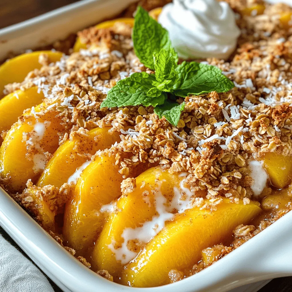 To create a tasty peach crisp, you need fresh, ripe peaches. Here’s what you’ll need: - 4 ripe peaches, peeled, pitted, and sliced into wedges - 1 tablespoon fresh lemon juice - 1 tablespoon honey or pure maple syrup These fruits are the stars of the dish. Their natural sweetness shines through when baked. The lemon juice adds a nice zing that brightens the flavor. You can spice things up with a few optional ingredients: - 1 cup old-fashioned rolled oats - 1/2 cup almond flour (or whole wheat flour) - 1/4 cup finely chopped nuts (walnuts or pecans work well) - 1 teaspoon ground cinnamon - 1/4 teaspoon sea salt - 3 tablespoons melted coconut oil - 1 tablespoon ground flaxseed (for extra nutrition) - 1/4 cup unsweetened shredded coconut Adding cinnamon gives a warm flavor. Nuts bring crunch, and coconut adds texture. Feel free to mix and match based on your taste. If you have specific needs, here are some good swaps: - Use agave syrup instead of honey or maple syrup for a vegan option. - Substitute almond flour with oat flour for gluten-free needs. - Swap nuts with seeds like sunflower or pumpkin seeds for a nut-free version. These substitutions keep your dish friendly for various diets without losing flavor. The Full Recipe provides a guide for these options. Start by preheating your oven to 350°F (175°C). This helps the crisp cook evenly. Next, take four ripe peaches. Peel, pit, and slice them into wedges. This gives a soft and juicy base. In a large bowl, mix the peach slices with one tablespoon of fresh lemon juice. This adds a bright flavor and keeps the peaches fresh. Add one tablespoon of honey or pure maple syrup. You can adjust this based on your taste. Toss the peaches gently to coat them well. Spread this peach mixture evenly in your prepared baking dish. In another bowl, combine one cup of old-fashioned rolled oats, half a cup of almond flour, and a quarter cup of finely chopped nuts. You can use walnuts, pecans, or a mix of both. Add one teaspoon of ground cinnamon and a quarter teaspoon of sea salt for flavor. If you want, sprinkle in one tablespoon of ground flaxseed and a quarter cup of unsweetened shredded coconut. These add nutrition and texture. Pour three tablespoons of melted coconut oil over the oat mixture. Stir it well until everything is coated. The mixture should feel crumbly. Carefully sprinkle the oat topping over the peach layer. Make sure it is spread evenly. Place the baking dish in the preheated oven. Bake for 30-35 minutes. The topping will turn golden brown, and the peaches will bubble. Watch it closely to avoid over-browning. When it’s done, take it out and let it cool for 5-10 minutes. This cooling time helps the juices settle. You can now enjoy your healthy peach crisp, warm and inviting! For the full recipe, check the earlier section. Choosing ripe peaches is key for a great peach crisp. Look for peaches that feel firm yet yield slightly when you press them. Their skin should be vibrant and slightly fuzzy. A sweet smell is also a good sign of ripeness. If they are not ripe, allow them to sit on the counter for a few days. Store them in a paper bag to speed up the ripening process. A great topping makes your peach crisp shine. Use old-fashioned rolled oats for the best texture. Mixing almond flour with oats adds a nutty flavor. Remember to include some chopped nuts for crunch. A sprinkle of cinnamon adds warmth and depth. Melt the coconut oil before mixing it in. This keeps the topping crumbly and golden. Don’t forget to taste your topping mix. Adjust the sweetness with honey or maple syrup as needed. Serving your peach crisp warm brings out the best flavors. I love adding a scoop of creamy Greek yogurt on top. It adds a nice tang and balances the sweetness. You can also use vanilla ice cream for a classic touch. For a fresh twist, garnish with mint leaves. This adds color and a burst of flavor. Drizzle a little honey on top for extra sweetness. For the full recipe, check back! {{image_4}} You can easily make this dessert vegan. Simply swap honey for maple syrup. Use plant-based butter instead of coconut oil. This way, you keep the flavors while making it suitable for everyone. To make a gluten-free peach crisp, stick with almond flour and rolled oats. Both are naturally gluten-free. Check that your oats are certified gluten-free to avoid any cross-contamination. This way, you enjoy a safe dessert without gluten. Add a handful of berries to your peach mix for a burst of flavor. Blueberries or raspberries work great. You can also mix in chopped nuts, like walnuts or pecans, for extra crunch. This adds texture and a fun twist to your dish. For more ideas, consider adding spices like nutmeg or ginger for a unique taste. For the complete recipe of this delightful dish, check out the Full Recipe section. To store leftover peach crisp, let it cool to room temperature. This prevents extra moisture from forming. Cover it tightly with plastic wrap or transfer it to an airtight container. Keep it in the fridge for up to three days. This helps maintain its flavor and texture. When you're ready to enjoy your peach crisp again, preheat your oven to 350°F (175°C). Place the crisp in a baking dish, and cover it loosely with foil. Reheat for about 15-20 minutes or until it's warm throughout. This keeps the topping crispy and delicious. If you want to store peach crisp for longer, freezing is a great option. First, let it cool completely. Then, wrap it tightly in plastic wrap and foil. You can also use a freezer-safe container. It will stay fresh for about two to three months. When you’re ready to eat it, thaw it in the fridge overnight. Reheat as directed for a warm treat. Yes, you can use frozen peaches! Just thaw them first. Drain excess juice to avoid a soggy crisp. Frozen peaches can still taste great in this dish. They also make it easy to enjoy peach crisp year-round. To cut down on sugar, use less honey or maple syrup. You can also try using stevia or monk fruit as natural sweeteners. Adjust to your taste. Remember, the natural sweetness from ripe peaches helps too! Serve your peach crisp with Greek yogurt for protein. You can also try low-fat ice cream or plant-based yogurt. A sprinkle of cinnamon on top adds flavor without extra calories. Fresh mint leaves can add a nice touch as well. To make the peach crisp nut-free, simply omit the nuts. You can replace almond flour with whole wheat or oat flour. This keeps the crisp tasty while meeting dietary needs. Enjoy the same great flavor without the nuts! In this blog post, we explored how to make a delicious peach crisp. We covered fresh ingredients, optional add-ins, and substitutions for different diets. I shared step-by-step instructions, plus tips on selecting ripe peaches and perfecting your topping. You can even try vegan or gluten-free variations. Lastly, I provided storage and reheat tips to keep your dessert fresh. Enjoy your peach crisp creation and try new flavors along the way!