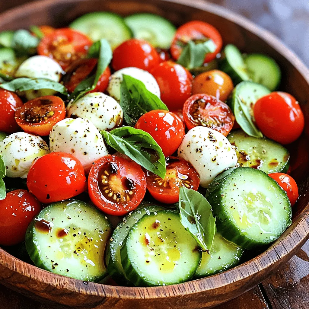 This Easy Cucumber Caprese Salad offers a fresh, vibrant twist on a classic dish. It combines crunchy cucumbers, juicy tomatoes, and creamy mozzarella. The balsamic dressing adds a sweet-tangy touch. Each bite bursts with flavor, making it perfect for summer days or any meal. Here’s what you need to make this delicious salad: - 2 large cucumbers, washed and sliced into thin rounds - 1 cup cherry tomatoes, halved - 8 oz fresh mozzarella balls (bocconcini or ciliegine), drained and patted dry - 1/4 cup fresh basil leaves, gently torn into smaller pieces - 3 tablespoons balsamic vinegar - 2 tablespoons high-quality extra virgin olive oil - Fine sea salt and freshly cracked black pepper, to taste When picking cucumbers, look for firm ones with smooth skin. They should feel heavy for their size and have a bright color. For tomatoes, choose ones that are fragrant and have a shiny skin. Mozzarella should be soft and springy, with no signs of dryness. Fresh basil leaves should be bright green and free from dark spots. Picking the best ingredients makes this salad even more special. First, wash the cucumbers under cold water. This step removes dirt and grime. Next, slice the cucumbers into thin rounds, about 1/4 inch thick. Try to keep the slices even for the best look. Place the cucumber slices in a large mixing bowl. This bowl will hold all your salad ingredients. Now, add the halved cherry tomatoes to your bowl. These bright tomatoes add color and taste. Next, include the fresh mozzarella balls. Make sure they are drained and patted dry. This helps keep the salad from being too watery. Then, take the fresh basil leaves, and gently tear them into smaller pieces. Scatter the torn leaves over the other ingredients for a fresh flavor. In a separate small bowl, whisk together balsamic vinegar and extra virgin olive oil. This helps create a tasty dressing. Whisk until the two mix well. This dressing adds a nice tang to the salad. Drizzle the dressing over the salad mix. Then, use a large spoon to toss everything gently. Be careful not to crush the mozzarella balls. Season your salad with fine sea salt and cracked black pepper to your taste. Toss again lightly to mix in the seasoning. Let the salad sit for about 10 minutes. This waiting time helps the flavors combine well. This salad shines as a side dish. Pair it with grilled chicken or fish for a light meal. You can also serve it with crusty bread to soak up the dressing. For a fun twist, place it on a bed of arugula for extra greens. This adds a peppery kick that complements the flavors well. Use fresh, ripe tomatoes for the best flavor. They should be sweet and juicy. I recommend adding a pinch of sugar to the dressing if the tomatoes lack sweetness. You can also try adding a squeeze of lemon juice for a bright note. Fresh herbs like dill or chives can add depth, too. Avoid using old or soft cucumbers. They can ruin the crisp texture you want. Don’t skip the resting time after mixing. This allows the flavors to blend nicely. Lastly, be careful not to overpower the salad with too much salt. A little goes a long way, ensuring balance in each bite. {{image_4}} You can add avocado to this salad for a smooth texture. Simply chop one ripe avocado into squares. Gently mix it in with the cucumbers, tomatoes, and mozzarella. The creaminess of the avocado pairs well with the tangy dressing. It also adds healthy fats, making your salad even better! Grilled veggies can really change your salad game! Try adding some grilled zucchini or red peppers. The smoky flavor adds depth to the fresh ingredients. Just grill the veggies until soft, then let them cool. Toss them in with the salad right before serving. This gives your dish a nice twist and extra flavor. While balsamic vinegar is a classic choice, other dressings can work too. A lemon vinaigrette brings a bright, zesty flavor. You can mix lemon juice, olive oil, salt, and pepper to create it. Another option is a pesto dressing. Just blend fresh basil, garlic, nuts, and olive oil for a herby kick. Experimenting with dressings can make your salad unique each time! Store any leftover cucumber caprese salad in an airtight container. This keeps it fresh and prevents it from drying out. Make sure to add a layer of plastic wrap on top before sealing the lid. This extra step helps keep moisture in and flavors intact. The salad is best eaten fresh. However, it can last in the fridge for up to two days. After that, the cucumbers may become soggy. For the best taste, consume it within one day. Always check for any signs of spoilage, like an off smell or change in color. You do not need to reheat this salad. Serve it cold or at room temperature. If you want to jazz it up, add a bit more balsamic vinegar or olive oil before serving. For a fun twist, pair it with crusty bread or grilled chicken. This combination adds variety and makes for a more complete meal. Enjoy your fresh cucumber caprese salad! For the full recipe, check out the earlier sections. Yes, you can make this salad ahead of time. However, I recommend waiting to add the dressing until just before serving. If you add the dressing early, the cucumbers will get soggy. Keep the salad in the fridge for up to two hours before serving. This way, it stays fresh and crunchy. If you can’t find mozzarella, try using feta cheese or goat cheese. Feta adds a salty kick, and goat cheese gives a creamy texture. You can also use vegan cheese if you prefer a plant-based option. Each choice will change the flavor, but all will taste great in this salad. Yes, this salad is great for meal prep. Just keep all the ingredients separate until you are ready to eat. Store the cucumbers, tomatoes, and cheese in one container. Keep the dressing in a small jar. This keeps everything fresh and tasty. When you are ready to eat, mix it all together for a quick meal. This blog post provided a full guide on a delicious salad recipe. We looked at key ingredients and shared tips for picking fresh produce. I gave step-by-step instructions for prep and dressing. You learned tips and tricks for serving and common mistakes to avoid. We explored tasty variations and how to store leftovers. In closing, this recipe is simple and fun. Don't be afraid to experiment with flavors and ingredients. Enjoy making it your own!