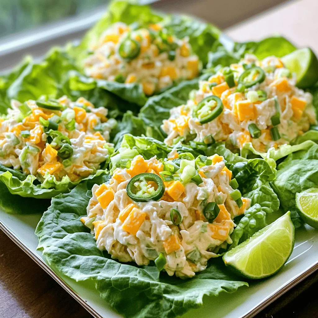 - 2 cups cooked chicken, shredded - 1 cup cream cheese, softened to room temperature - 1 cup sharp cheddar cheese, freshly shredded - 1/2 cup jalapeños, diced (fresh or pickled) - 1/4 cup green onions, thinly sliced - 1 tablespoon freshly squeezed lime juice - 1/2 cup mayonnaise - 1 teaspoon garlic powder - Salt and freshly ground black pepper to taste - Crisp lettuce leaves for serving In this dish, I focus on fresh and bold flavors. The shredded chicken gives a nice base. I love using cream cheese for its creamy texture. Sharp cheddar adds a savory kick. For spice lovers, jalapeños are a must. You can choose fresh or pickled based on your heat level. Green onions add a crunchy bite and fresh taste. A dash of lime juice brings brightness to the salad. Mayonnaise adds creaminess and helps bind the salad. Garlic powder gives a wonderful flavor boost. Don’t forget to season with salt and pepper. Serving this salad on crisp lettuce leaves is a great idea. It makes for a fun, easy-to-eat meal. This dish is great for lunch or a light dinner. You can even find the Full Recipe if you want more details on making it. Start by taking a large mixing bowl. Combine 1 cup of softened cream cheese with 1/2 cup of mayonnaise. Use a spatula to mix well. You want a smooth and creamy consistency. This mixture forms the base of your salad. Next, add 2 cups of shredded cooked chicken to the bowl. Follow this with 1 cup of sharp cheddar cheese, freshly shredded. Then, toss in 1/2 cup of diced jalapeños and 1/4 cup of thinly sliced green onions. The jalapeños bring heat, while the green onions add freshness. Now, season your salad. Pour in 1 tablespoon of freshly squeezed lime juice. Sprinkle in 1 teaspoon of garlic powder, along with salt and pepper to taste. Stir everything together until all the ingredients are well coated. Cover the bowl with plastic wrap and refrigerate for at least 30 minutes. This chilling time lets the flavors meld beautifully. For the full recipe, check out the recipe section above. To make your Jalapeño Popper Chicken Salad perfect, focus on texture and flavor. Start with seasoning. You can always adjust it to fit your taste. If you like it spicy, add more jalapeños. Prefer it milder? Use fewer. The mix of creaminess from the cheeses and crunch from the jalapeños makes this dish special. Aim for a balance between smooth and crunchy. This creates a delightful eating experience. Serving is key to impress your guests. Use crisp lettuce leaves as a base. They add a fresh touch and make it easy to eat. You can also make it pretty by garnishing with lime wedges. The green color of chopped onions adds brightness. Arrange the salad on a large platter. This makes for an eye-catching display. Your guests will love the look as much as the taste. If you're short on time, use leftover rotisserie chicken. This cuts your prep time in half. Also, prep your ingredients ahead of time. Chop the jalapeños and green onions the day before. Store them in the fridge. This way, you can whip up the salad in no time. Enjoy the process and make it work for you. For the full recipe, refer to the earlier sections. {{image_4}} You can make your Jalapeño Popper Chicken Salad even spicier. Here’s how: - Add more jalapeños for extra heat. If you love spice, try using more jalapeños. Fresh jalapeños give a crisp bite. Pickled jalapeños add tangy heat. Adjust to your taste. - Incorporate hot sauce into the mix. A splash of your favorite hot sauce can kick up the flavor. It adds heat without changing the creamy texture. You can also make this dish healthier while keeping the taste: - Using Greek yogurt instead of mayonnaise. Greek yogurt is a great swap. It adds creaminess and protein while cutting fat. It also gives a slight tang that complements the jalapeños. - Substituting shredded turkey for chicken. Turkey adds a lean protein option. It keeps the salad light and tasty. This swap also works well with the other flavors. Get creative with how you serve this salad: - Serving as a dip with crackers or chips. Use the salad as a dip. It’s perfect for parties. Just scoop it up with your favorite crunchy snacks. - Stuffing into a sandwich or wrap. Spread the salad on bread or a wrap. Add some lettuce or sliced tomatoes for crunch. This makes a filling and tasty meal on the go. For the complete recipe, check the [Full Recipe]. To keep your Jalapeño Popper Chicken Salad fresh, cool it before storing. Let it sit at room temperature for no more than an hour. This helps prevent a warm salad from causing condensation in the container. Next, use an airtight container for storage. This keeps air out and maintains freshness. In the fridge, this salad lasts about three to four days. Always check for signs of spoilage, such as an off smell or a change in color. If you see any mold, discard the salad immediately. Trust your senses – they are key to ensuring food safety. Freezing this salad is not recommended. The texture of the cream cheese and chicken may change after thawing. If you must freeze it, place the salad in a freezer-safe container. To thaw, move it to the fridge overnight. When ready to serve, mix it well and adjust any seasoning for freshness. Enjoy your flavorful dish with confidence! For the full recipe, refer to the Jalapeño Popper Chicken Salad instructions above. Yes, you can make this dish ahead. Store it in the fridge for up to two days. To keep it fresh, use an airtight container. This helps the flavors blend together. Just remember to stir it well before serving. If you want milder flavors, use bell peppers instead. They add crunch without the heat. You could also use sweet corn for a fun twist. Another option is to use mild green chiles. To make it dairy-free, swap cream cheese with cashew cream. You can blend soaked cashews with a bit of water. Use a dairy-free mayo for creaminess. Nutritional yeast adds a cheesy flavor without dairy. Each serving has about 400 calories. It contains 25 grams of fat and 30 grams of protein. This salad is filling and packed with flavor. Adjust portions to fit your dietary needs. For the full recipe, see the main section. This blog post covered an easy and tasty recipe for Jalapeño Popper Chicken Salad. We discussed the essential ingredients, optional add-ins for customization, and key steps for preparation. You learned tips to perfect the texture and flavor, as well as various serving options. Remember, you can adjust this salad to fit your taste and dietary needs. Get creative with it! Enjoy making this dish as a meal or a fun snack. Your kitchen adventure starts with just a few simple ingredients and steps. Enjoy!
