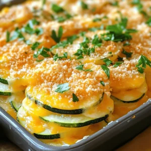 For this easy scalloped zucchini, you will need: - 4 medium zucchinis, thinly sliced - 1 cup sharp cheddar cheese, shredded - 1/2 cup grated Parmesan cheese - 1 cup heavy cream - 2 cloves garlic, minced - 1 teaspoon dried thyme - 1 teaspoon onion powder - Salt and pepper to taste - 1/2 cup panko bread crumbs - 2 tablespoons olive oil - Fresh parsley, chopped (for garnish) You can switch some ingredients to fit your taste: - Use mozzarella cheese instead of cheddar for a milder flavor. - Swap heavy cream with half-and-half for a lighter dish. - If you don’t have panko, regular bread crumbs work too. - Fresh herbs can replace dried thyme. Use basil or oregano for a twist. When choosing zucchini, look for these signs: - Pick firm zucchinis that feel heavy for their size. - Choose those with smooth, shiny skin. Avoid ones that are dull or wrinkled. - Smaller zucchinis tend to taste sweeter and are less watery. - Check for any blemishes or soft spots on the skin. Fresh zucchinis should be free of these. Using these tips, your scalloped zucchini will taste amazing! Don't forget to check out the [Full Recipe] for more details! Start by gathering all your ingredients. You will need: - 4 medium zucchinis, thinly sliced - 1 cup sharp cheddar cheese, shredded - 1/2 cup grated Parmesan cheese - 1 cup heavy cream - 2 cloves garlic, minced - 1 teaspoon dried thyme - 1 teaspoon onion powder - Salt and pepper to taste - 1/2 cup panko bread crumbs - 2 tablespoons olive oil - Fresh parsley, chopped (for garnish) Ensure your zucchinis are fresh and firm. Wash them well before slicing. Thin slices cook evenly and blend well with the creamy mixture. Heat the olive oil in a large skillet over medium heat. Once hot, add the minced garlic. Sauté it for about one minute until it smells good and turns golden. Next, add the thin zucchini slices. Sprinkle with thyme, onion powder, salt, and pepper. Stir often for about 5-7 minutes. The zucchinis should soften a bit but still have some crunch. In a separate bowl, mix the heavy cream, half of the cheddar cheese, and half of the Parmesan cheese. Whisk until the mixture is smooth. Add a pinch of salt and pepper to taste. This creamy mix is what makes the dish rich and tasty. Now, prepare your baking dish. Grease it lightly with some oil or cooking spray. Start by layering half of the sautéed zucchini in the dish. Pour half of the cream mixture over this layer. Repeat with the remaining zucchini and cream mixture. Top it all with the rest of the cheddar and Parmesan cheeses. Finally, sprinkle the panko bread crumbs on top for a nice crunchy finish. Place the baking dish in the preheated oven at 375°F (190°C). Bake for 25-30 minutes, until the top is golden brown and bubbly. When done, let it cool for a few minutes. Garnish with fresh parsley before serving. For the full recipe, check [Full Recipe]. To get the right texture, it is key to slice the zucchini thin. Aim for about 1/8 inch thick. This helps them cook evenly. You want them tender but not mushy. Sautéing them lightly before baking also adds to the texture. Cook them just until they soften slightly, about 5-7 minutes. This keeps some bite in each slice. For extra flavor, add fresh herbs. Consider using basil or oregano. They pair well with zucchini. Try adding a pinch of red pepper flakes for some heat. You can also mix in different cheeses. Gruyère or mozzarella can add a nice twist. Use fresh garlic for the best flavor. Mince it finely and sauté it until fragrant. One common mistake is overcooking the zucchini. If you cook them too long, they lose their structure. Another mistake is not seasoning enough. Always taste your layers as you build them. Avoid using too much cream; it can make the dish heavy. Lastly, don’t forget the panko topping. It adds a lovely crunch. These tips will help you create a delicious dish. For a full recipe, check out the Cheesy Scalloped Zucchini Delight. {{image_4}} You can make easy scalloped zucchini even better with add-ins. Try adding cooked ground beef or sausage for a heartier dish. Cook the meat first, then mix it with the zucchini. You can also add other veggies like bell peppers or mushrooms. Just chop them up and sauté them with the zucchini. This adds flavor and color to your meal. If you want to switch up the cheese, go ahead! Use mozzarella for a milder taste. Gouda adds a nice smoky flavor. You can even try a mix of cheeses for more depth. Just keep the cheese ratio the same to keep the creaminess. To make this dish vegan or dairy-free, use plant-based cheese and cream. Many brands offer great options that melt well. You can also use cashew cream for a rich texture. Just soak cashews in water, blend them, and you have a creamy base. Don’t forget to season well. You want your dish to be just as tasty! To keep your scalloped zucchini fresh, place it in an airtight container. Make sure it cools down before sealing. This helps keep moisture in and odors out. Store it in the fridge for up to three days. When you’re ready to enjoy it again, check for any signs of spoilage before reheating. For the best taste, reheat your scalloped zucchini in the oven. Preheat your oven to 350°F (175°C). Place the dish in the oven for about 15-20 minutes. Cover it with foil to keep it from drying out. You can also use the microwave if you’re in a hurry. Heat it in short bursts, stirring in between, until warm. Just be careful not to overcook it! You can freeze scalloped zucchini for later use. First, let it cool completely. Then, cut it into portions for easy thawing. Wrap each piece tightly in plastic wrap and place them in a freezer-safe bag. It can last in the freezer for up to three months. When you’re ready to eat, thaw it in the fridge overnight. Then, reheat it in the oven for the best flavor. Enjoy a delicious meal any time! For the complete recipe, check out the Full Recipe. The best way to cut zucchini is to slice it thinly. Aim for about 1/4 inch thick. This size helps the zucchini cook evenly. When you cut it thin, it will soak up the creamy sauce well. I like to use a sharp knife or a mandoline for even slices. Yes, you can make easy scalloped zucchini ahead of time. Prepare the dish up to the baking step. Cover it with plastic wrap and keep it in the fridge. You can store it for up to 24 hours. When ready to bake, just remove the wrap and pop it in the oven. If it's cold, it might need a few extra minutes to bake. To make this recipe gluten-free, swap regular panko bread crumbs for gluten-free ones. Many stores offer gluten-free options now. You can also skip the bread crumbs if you prefer a lighter dish. Just make sure to check other ingredients, like cheese, to ensure they are gluten-free as well. This blog post covered all you need to make delicious scalloped zucchini. We talked about choosing fresh zucchini, ingredient options, and detailed steps to cook it right. You can explore flavors and textures with various add-ins and seasonings. Remember to store any leftovers properly and use our tips to reheat them well. If you follow these steps, you'll enjoy a tasty and versatile dish. Happy cooking!