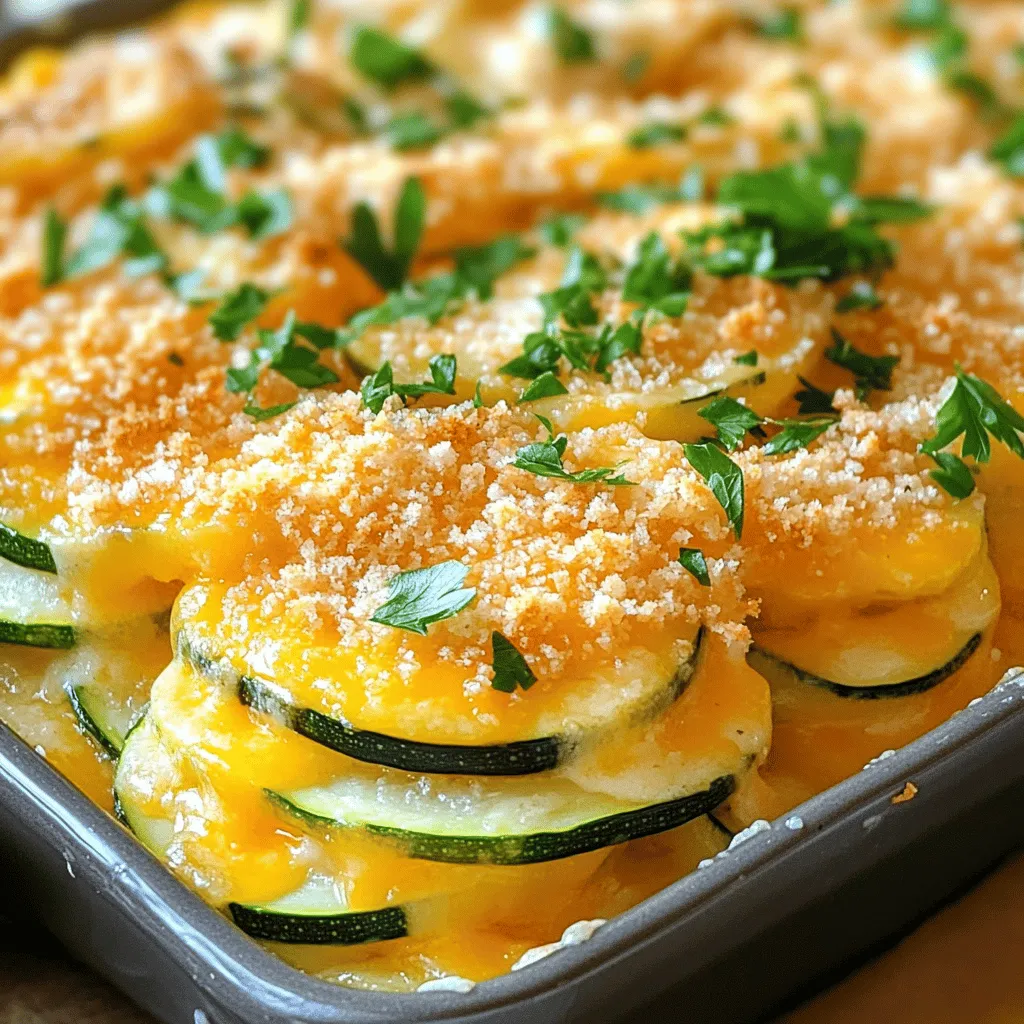 For this easy scalloped zucchini, you will need: - 4 medium zucchinis, thinly sliced - 1 cup sharp cheddar cheese, shredded - 1/2 cup grated Parmesan cheese - 1 cup heavy cream - 2 cloves garlic, minced - 1 teaspoon dried thyme - 1 teaspoon onion powder - Salt and pepper to taste - 1/2 cup panko bread crumbs - 2 tablespoons olive oil - Fresh parsley, chopped (for garnish) You can switch some ingredients to fit your taste: - Use mozzarella cheese instead of cheddar for a milder flavor. - Swap heavy cream with half-and-half for a lighter dish. - If you don’t have panko, regular bread crumbs work too. - Fresh herbs can replace dried thyme. Use basil or oregano for a twist. When choosing zucchini, look for these signs: - Pick firm zucchinis that feel heavy for their size. - Choose those with smooth, shiny skin. Avoid ones that are dull or wrinkled. - Smaller zucchinis tend to taste sweeter and are less watery. - Check for any blemishes or soft spots on the skin. Fresh zucchinis should be free of these. Using these tips, your scalloped zucchini will taste amazing! Don't forget to check out the [Full Recipe] for more details! Start by gathering all your ingredients. You will need: - 4 medium zucchinis, thinly sliced - 1 cup sharp cheddar cheese, shredded - 1/2 cup grated Parmesan cheese - 1 cup heavy cream - 2 cloves garlic, minced - 1 teaspoon dried thyme - 1 teaspoon onion powder - Salt and pepper to taste - 1/2 cup panko bread crumbs - 2 tablespoons olive oil - Fresh parsley, chopped (for garnish) Ensure your zucchinis are fresh and firm. Wash them well before slicing. Thin slices cook evenly and blend well with the creamy mixture. Heat the olive oil in a large skillet over medium heat. Once hot, add the minced garlic. Sauté it for about one minute until it smells good and turns golden. Next, add the thin zucchini slices. Sprinkle with thyme, onion powder, salt, and pepper. Stir often for about 5-7 minutes. The zucchinis should soften a bit but still have some crunch. In a separate bowl, mix the heavy cream, half of the cheddar cheese, and half of the Parmesan cheese. Whisk until the mixture is smooth. Add a pinch of salt and pepper to taste. This creamy mix is what makes the dish rich and tasty. Now, prepare your baking dish. Grease it lightly with some oil or cooking spray. Start by layering half of the sautéed zucchini in the dish. Pour half of the cream mixture over this layer. Repeat with the remaining zucchini and cream mixture. Top it all with the rest of the cheddar and Parmesan cheeses. Finally, sprinkle the panko bread crumbs on top for a nice crunchy finish. Place the baking dish in the preheated oven at 375°F (190°C). Bake for 25-30 minutes, until the top is golden brown and bubbly. When done, let it cool for a few minutes. Garnish with fresh parsley before serving. For the full recipe, check [Full Recipe]. To get the right texture, it is key to slice the zucchini thin. Aim for about 1/8 inch thick. This helps them cook evenly. You want them tender but not mushy. Sautéing them lightly before baking also adds to the texture. Cook them just until they soften slightly, about 5-7 minutes. This keeps some bite in each slice. For extra flavor, add fresh herbs. Consider using basil or oregano. They pair well with zucchini. Try adding a pinch of red pepper flakes for some heat. You can also mix in different cheeses. Gruyère or mozzarella can add a nice twist. Use fresh garlic for the best flavor. Mince it finely and sauté it until fragrant. One common mistake is overcooking the zucchini. If you cook them too long, they lose their structure. Another mistake is not seasoning enough. Always taste your layers as you build them. Avoid using too much cream; it can make the dish heavy. Lastly, don’t forget the panko topping. It adds a lovely crunch. These tips will help you create a delicious dish. For a full recipe, check out the Cheesy Scalloped Zucchini Delight. {{image_4}} You can make easy scalloped zucchini even better with add-ins. Try adding cooked ground beef or sausage for a heartier dish. Cook the meat first, then mix it with the zucchini. You can also add other veggies like bell peppers or mushrooms. Just chop them up and sauté them with the zucchini. This adds flavor and color to your meal. If you want to switch up the cheese, go ahead! Use mozzarella for a milder taste. Gouda adds a nice smoky flavor. You can even try a mix of cheeses for more depth. Just keep the cheese ratio the same to keep the creaminess. To make this dish vegan or dairy-free, use plant-based cheese and cream. Many brands offer great options that melt well. You can also use cashew cream for a rich texture. Just soak cashews in water, blend them, and you have a creamy base. Don’t forget to season well. You want your dish to be just as tasty! To keep your scalloped zucchini fresh, place it in an airtight container. Make sure it cools down before sealing. This helps keep moisture in and odors out. Store it in the fridge for up to three days. When you’re ready to enjoy it again, check for any signs of spoilage before reheating. For the best taste, reheat your scalloped zucchini in the oven. Preheat your oven to 350°F (175°C). Place the dish in the oven for about 15-20 minutes. Cover it with foil to keep it from drying out. You can also use the microwave if you’re in a hurry. Heat it in short bursts, stirring in between, until warm. Just be careful not to overcook it! You can freeze scalloped zucchini for later use. First, let it cool completely. Then, cut it into portions for easy thawing. Wrap each piece tightly in plastic wrap and place them in a freezer-safe bag. It can last in the freezer for up to three months. When you’re ready to eat, thaw it in the fridge overnight. Then, reheat it in the oven for the best flavor. Enjoy a delicious meal any time! For the complete recipe, check out the Full Recipe. The best way to cut zucchini is to slice it thinly. Aim for about 1/4 inch thick. This size helps the zucchini cook evenly. When you cut it thin, it will soak up the creamy sauce well. I like to use a sharp knife or a mandoline for even slices. Yes, you can make easy scalloped zucchini ahead of time. Prepare the dish up to the baking step. Cover it with plastic wrap and keep it in the fridge. You can store it for up to 24 hours. When ready to bake, just remove the wrap and pop it in the oven. If it's cold, it might need a few extra minutes to bake. To make this recipe gluten-free, swap regular panko bread crumbs for gluten-free ones. Many stores offer gluten-free options now. You can also skip the bread crumbs if you prefer a lighter dish. Just make sure to check other ingredients, like cheese, to ensure they are gluten-free as well. This blog post covered all you need to make delicious scalloped zucchini. We talked about choosing fresh zucchini, ingredient options, and detailed steps to cook it right. You can explore flavors and textures with various add-ins and seasonings. Remember to store any leftovers properly and use our tips to reheat them well. If you follow these steps, you'll enjoy a tasty and versatile dish. Happy cooking!