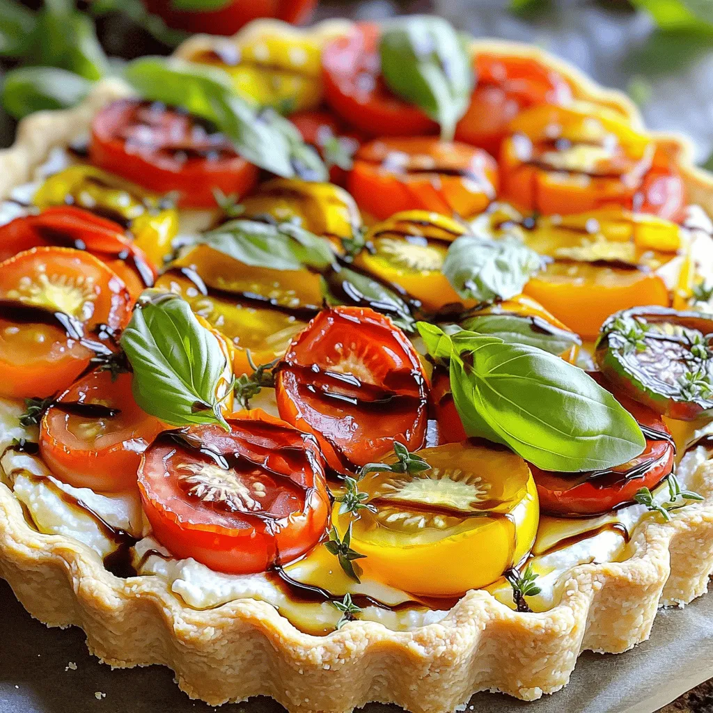 To make the Fresh Tomato Ricotta Tart, you will need: - 1 pre-made 9-inch tart shell - 1 ½ cups creamy ricotta cheese - 2 cups ripe tomatoes, sliced (a colorful mix of heirloom and Roma) - 1 tablespoon extra virgin olive oil (plus extra for drizzling) - 1 tablespoon fresh basil, finely chopped - 1 teaspoon freshly grated lemon zest - 1 teaspoon garlic powder - Sea salt and freshly ground black pepper to taste These ingredients combine to create a delicious dish. The tart shell gives a nice crunch. The ricotta adds creaminess. The tomatoes bring freshness and sweetness. You can also mix different tomato types for more flavor. You can enhance your tart with these optional garnishes: - Fresh basil leaves for a pop of green - Balsamic glaze for a sweet finish These add flavor and make your dish look pretty. You can serve the tart warm or at room temperature. Pair it with a simple green salad. This makes a great lunch or appetizer. Choosing the right tomatoes and ricotta is key. Look for: - Tomatoes that are firm and vibrant - Heirloom varieties for rich flavor - Roma tomatoes for their sweetness - Ricotta that is creamy and smooth Fresh ingredients make a big difference. They enhance the taste of your tart. When tomatoes are ripe, they burst with flavor. Good ricotta adds richness to the dish. Always trust your senses when selecting ingredients. This will help you create a flavorful and simple dish. For the complete recipe, check out the Full Recipe section. Start by preheating the oven to 400°F (200°C). This ensures even cooking. Next, take your pre-made 9-inch tart shell and place it on a baking sheet. This makes it easier to move in and out of the oven. Set the shell aside while you prepare the filling. In a medium bowl, mix 1 ½ cups of creamy ricotta cheese with 1 tablespoon of extra virgin olive oil. Add 1 tablespoon of finely chopped fresh basil, 1 teaspoon of freshly grated lemon zest, and 1 teaspoon of garlic powder. Sprinkle in some sea salt and freshly ground black pepper. Stir until the mixture is smooth and creamy. This blend gives the tart a rich flavor. Spread the ricotta mixture evenly across the bottom of the tart shell. Make sure it reaches the edges. Then, take 2 cups of sliced ripe tomatoes and arrange them on top. Use a colorful mix of heirloom and Roma tomatoes for a beautiful look. Drizzle a little olive oil over the tomatoes. Add another sprinkle of salt and pepper for flavor. Bake the tart for 25-30 minutes until the tomatoes soften and the crust turns golden brown. After baking, let it cool on a wire rack for about 10 minutes. Garnish with fresh basil leaves and, if you like, drizzle balsamic glaze for extra taste. For the complete recipe, check out the [Full Recipe]. To ensure your tart crust shines, start with a good quality pre-made shell. Here are my tips: - Chill the crust: Keep the tart shell in the fridge until ready to fill. This helps it hold shape. - Dock the crust: Use a fork to poke holes in the bottom. This prevents the crust from puffing up. - Pre-bake: Bake the shell for about 10 minutes before adding your filling. This gives it a nice, crisp base. Adding the right seasonings can elevate your dish. Here’s what I recommend: - Fresh herbs: Use fresh basil for a bright taste. You can also mix in thyme or oregano. - Lemon zest: It adds a fresh, zesty note that pairs well with the ricotta. - Sea salt and pepper: Always taste and adjust these seasonings for balance. They bring out the flavors of the tomatoes and cheese. This tart is versatile and great for any meal. Here are some ideas: - Warm or room temperature: Serve the tart warm or let it cool to room temp for a different experience. - Pair with salad: A simple green salad complements the tart nicely. Try a light vinaigrette. - Garnish: Add fresh basil leaves on top for a splash of color and flavor. Drizzle balsamic glaze for extra richness. For the complete recipe, check the Full Recipe section. {{image_4}} You can swap ricotta for other cheeses if you like. Cream cheese gives a rich taste. Feta adds a nice salty zing. Goat cheese brings a tangy flavor. Each cheese changes the tart’s taste. Feel free to mix cheeses for a unique blend. This tart is great for using seasonal veggies. Try spinach or zucchini in spring. Roasted bell peppers or eggplant work well in summer. In fall, add thinly sliced butternut squash. Each veggie adds color and taste to the tart. You can even use a mix of your favorites. Adding herbs and spices makes this dish special. Fresh thyme or oregano adds depth. A pinch of red pepper flakes gives a kick. You can also sprinkle some smoked paprika for a twist. Experiment with flavors to find your perfect mix. This tart is a canvas for your creativity. For more ideas, check out the Full Recipe. To keep your leftover tart fresh, wrap it tightly in plastic wrap. You can also place it in an airtight container. This helps to lock in moisture and flavor. Store it in the fridge for up to three days. If you want to enjoy it later, freezing is a great option. When you're ready to eat the tart, preheat your oven to 350°F (175°C). Place the tart on a baking sheet. Cover it loosely with aluminum foil to prevent the crust from burning. Heat for about 15-20 minutes. This will warm the tart evenly while keeping it crispy. If you choose to freeze the tart, wrap it tightly in plastic wrap and then in foil. You can freeze it for up to two months. To defrost, place it in the fridge overnight. Once thawed, reheat it in the oven for the best taste. Avoid microwaving it, as this can make the crust soggy. For the full recipe, check out the Vibrant Tomato and Ricotta Tart. Making a Fresh Tomato Ricotta Tart takes about 40 minutes. You will spend 15 minutes prepping the ingredients. Baking the tart will take around 25 to 30 minutes. This dish is quick to prepare, perfect for a weekday meal or a weekend gathering. Yes, you can use canned tomatoes, but fresh is better. Fresh tomatoes have a bright flavor that shines in this tart. Canned tomatoes may be softer and lack that crispness. If you use canned, drain them well to avoid sogginess. This tart pairs well with a simple green salad. A light vinaigrette adds a nice touch. You can also serve it with crusty bread or a glass of chilled white wine. For extra flavor, a drizzle of balsamic glaze enhances the taste. Enjoy with friends for a delightful meal. The Fresh Tomato Ricotta Tart is a simple yet tasty dish. You learned about key ingredients, from tomatoes to ricotta. We also discussed the preparation steps, ensuring your tart turns out well. Useful tips help enhance flavor and share the tart. Variations let you get creative with cheese and veggies. Proper storage keeps your leftovers fresh, and we answered common questions. Tasting this tart brings joy and satisfaction. Enjoy making it your own!