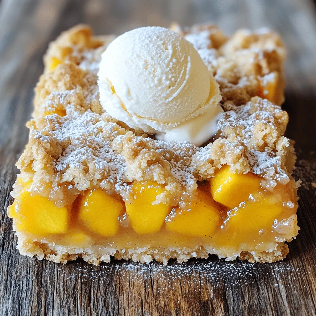 Gather these simple ingredients to make your Peach Pie Crumble Bars shine: - 2 cups all-purpose flour - 1 cup rolled oats - 1/2 cup brown sugar, packed - 1/2 cup granulated sugar - 1 teaspoon baking powder - 1/2 teaspoon salt - 1 cup unsalted butter, softened, cut into small cubes - 2 cups fresh peaches, peeled and diced - 1 tablespoon fresh lemon juice - 2 tablespoons cornstarch - 1 teaspoon ground cinnamon - 1/2 teaspoon ground nutmeg - 1/2 teaspoon vanilla extract Each item plays a key role in creating the perfect blend of flavors and textures. The all-purpose flour and oats give a hearty base. The brown and granulated sugars add sweetness and depth. Baking powder helps the bars rise, while salt balances the flavors. Fresh peaches are the star of this dish. The lemon juice brightens their sweetness. Cornstarch thickens the peach filling, ensuring it stays juicy but not runny. Cinnamon and nutmeg bring warmth and spice, while vanilla rounds out the flavor. You can find the complete recipe to guide you through the steps, making this treat even more enjoyable! 1. Preheat oven and prepare baking dish: Start by preheating your oven to 350°F (175°C). Grease a 9x13 inch baking dish or line it with parchment paper. Leave some paper hanging over the sides; this helps with easy removal later. 2. Mix dry ingredients and prepare crumble: In a large bowl, combine 2 cups of all-purpose flour, 1 cup of rolled oats, 1/2 cup of brown sugar, 1/2 cup of granulated sugar, 1 teaspoon of baking powder, and 1/2 teaspoon of salt. Mix these dry ingredients well. Now, add 1 cup of softened unsalted butter cut into small cubes. Use a pastry cutter or your hands to mix until the texture looks like coarse crumbs. Save about 1 cup of this mixture for the topping. 3. Prepare peach mixture with seasonings: In another bowl, place 2 cups of peeled and diced fresh peaches. Add 1 tablespoon of fresh lemon juice, 2 tablespoons of cornstarch, 1 teaspoon of ground cinnamon, 1/2 teaspoon of ground nutmeg, and 1/2 teaspoon of vanilla extract. Gently toss until the peaches are well coated. 4. Layering the mixture in the baking dish: Take the remaining crumb mixture and press it evenly into the bottom of the prepared baking dish. This creates a solid base layer. Pour the peach mixture over this base, spreading it out evenly. 5. Baking time and temperature: Now, sprinkle the reserved crumble mixture over the peach filling. Bake in your preheated oven for 30 to 35 minutes. You want the topping to turn a lovely golden brown and see the peach filling bubbling through. 6. Cooling time before slicing: Once the bars are baked, take them out of the oven. Let them cool in the pan for at least 30 minutes. This cooling time is key to slicing them easily. 7. Presentation suggestions: Cut the bars into squares. For a pretty touch, dust them lightly with powdered sugar. If you want to make it extra special, serve warm with a scoop of vanilla ice cream on top. Enjoy your Peach Pie Crumble Bars! To get that great crumble texture, mix the butter and dry ingredients well. Use your fingers or a pastry cutter. This helps create the nice, crumbly feel. Keep some larger lumps for a good bite. Press the mix firmly into the pan base, so it holds well. Bake until it turns golden brown. This color means it is perfectly cooked. When picking ripe peaches, look for ones that are slightly soft. They should smell sweet. Avoid ones that are hard or have dark spots. If fresh peaches are not available, canned or frozen peaches work too. Just drain them well and adjust the sugar if they are sweetened. Add spices like nutmeg or a hint of ginger for extra flavor. A bit of lemon zest brightens the peaches nicely. For a yummy treat, serve the bars warm with vanilla ice cream or whipped cream. This combo makes the dessert even more delightful. For the Full Recipe, check the detailed instructions to create your bars. {{image_4}} You can easily swap peaches for other fruits. Blueberries, cherries, or even apples work well. Each fruit brings its own charm to the bars. For a fun twist, mix different fruits together. This combo gives you a burst of flavors in each bite. If you need a gluten-free option, use gluten-free flour instead of all-purpose flour. This change keeps the bars tasty without gluten. You can also reduce sugar in the recipe. Try using natural sweeteners like honey or maple syrup. These options keep the sweetness while being healthier. For a festive touch, add spices like nutmeg or ginger for holiday-themed bars. You can also fold in nuts or chocolate chips. These additions make each bite even more exciting. You can personalize your peach pie crumble bars to fit any season or occasion! To keep your Peach Pie Crumble Bars fresh, refrigerate them. Place the bars in an airtight container. This helps to prevent the bars from drying out or absorbing other smells in the fridge. Make sure to let them cool completely before sealing. You can also wrap them in plastic wrap for extra protection. Freezing is a great way to save extra bars. First, cut the bars into squares. Then, place them on a baking sheet. Freeze them for about an hour until firm. After that, pack them in a freezer bag or container. Squeeze out the air to avoid freezer burn. For best flavor, use them within three months. To warm up your bars, preheat your oven to 350°F (175°C). Place the bars on a baking sheet. Heat them for about 10-15 minutes until warm. This helps keep the crumble texture nice and crunchy. If you prefer, you can also microwave a single bar for about 20-30 seconds. Enjoy your Peach Pie Crumble Bars warm for the best taste! Making Peach Pie Crumble Bars takes about 1 hour and 5 minutes. You will need 15 minutes for prep and 30-35 minutes for baking. Then, allow them to cool for 30 minutes before slicing. This timing helps create the best flavor and texture. Yes, you can use canned or frozen peaches. Just make sure to drain canned peaches well. If using frozen, thaw them first and pat them dry. This keeps the bars from getting too watery. These bars pair wonderfully with vanilla ice cream or whipped cream. A scoop of ice cream adds a rich, creamy texture that complements the sweet peaches. You could also serve them with a sprinkle of powdered sugar for a nice touch. The bars are done when the topping is golden brown and the peach filling bubbles. If you see bubbling, it’s a good sign that the filling is cooked. Yes, you can make these bars ahead of time. Just store them in an airtight container after they cool. They stay good in the fridge for about 3-4 days. You can also freeze them for up to 2 months. To make the Peach Pie Crumble Bars, follow these steps: 1. Preparation: Start by preheating your oven to 350°F (175°C). Prepare a 9x13 inch baking dish by greasing it or lining it with parchment paper. Leave some overhang for easy removal later. 2. Mixing Dry Ingredients: In a large bowl, whisk together: - 2 cups all-purpose flour - 1 cup rolled oats - 1/2 cup brown sugar, packed - 1/2 cup granulated sugar - 1 teaspoon baking powder - 1/2 teaspoon salt 3. Creating the Crumble: Add 1 cup of softened, cubed unsalted butter to the dry mix. Use your fingers or a pastry cutter to mix until it looks like coarse crumbs. Keep about 1 cup of this crumb mixture for later. 4. Preparing the Peach Filling: In another bowl, combine: - 2 cups fresh peaches, peeled and diced - 1 tablespoon fresh lemon juice - 2 tablespoons cornstarch - 1 teaspoon ground cinnamon - 1/2 teaspoon ground nutmeg - 1/2 teaspoon vanilla extract Toss gently until the peaches are coated. 5. Layering: Press the remaining crumble mixture evenly into the bottom of the prepared dish. Pour the peach mix over it, spreading it out evenly. 6. Topping: Sprinkle the reserved crumble mixture over the peach layer, ensuring even coverage. 7. Baking: Place the dish in the oven and bake for 30-35 minutes. Look for a golden brown topping and bubbling peach filling. 8. Cooling: Once baked, remove from the oven. Let it cool for at least 30 minutes in the pan before slicing. - Prep Time: 15 minutes - Cook Time: 30-35 minutes - Total Time: 1 hour 5 minutes - Servings: 12 bars For an extra touch, dust the bars with powdered sugar or serve them warm with vanilla ice cream. Enjoy your delicious Peach Pie Crumble Bars! This blog post outlined a simple and tasty peach pie crumble bar recipe. You learned about the key ingredients, step-by-step instructions, and helpful tips to make the perfect dessert. Remember, you can try different fruits or adjust for dietary needs. Store leftovers correctly to keep them fresh. Lastly, have fun experimenting with flavors and pairings. Enjoy making this delightful treat!
