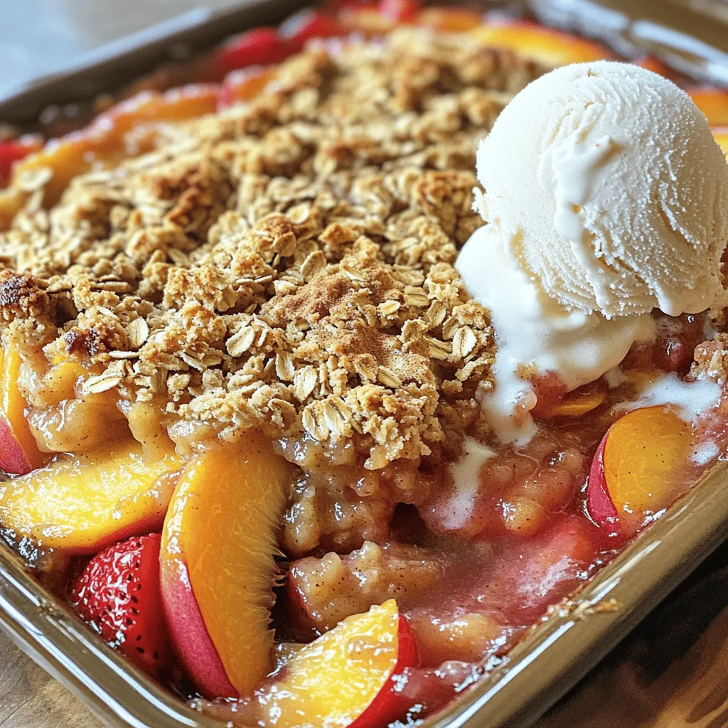 - 4 large ripe peaches, sliced into wedges - 2 cups fresh strawberries, hulled and halved - 1/4 cup granulated sugar - 1 tablespoon fresh lemon juice - 1 cup rolled oats - 1/2 cup all-purpose flour - 1/3 cup packed brown sugar - 1 teaspoon ground cinnamon - 1/4 teaspoon salt - 1/2 cup unsalted butter, melted - Vanilla ice cream (for serving) Using ripe peaches and sweet strawberries makes the best crisp. The fruit mix shines with just a hint of sugar and lemon juice. The lemon adds a zesty kick that brightens the dish. For the topping, I love using rolled oats. They give a nice crunch. Brown sugar and cinnamon add warmth and depth. Melting the butter helps create that perfect crumble. When you serve this crisp, a scoop of vanilla ice cream is a must. The cold ice cream melts into the warm fruit, creating a delightful treat. This recipe is great for summer gatherings or cozy nights at home. Check out the Full Recipe for all the details! - Preheat the oven to 350°F (175°C). - In a bowl, combine the peaches and strawberries with sugar and lemon juice. I love the sweet smell of ripe peaches and strawberries. It reminds me of summer days. These fruits shine in this dish. Make sure to slice the peaches into wedges. Halving the strawberries helps their flavor mix well with the peaches. The sugar brings out their natural sweetness. The lemon juice adds a nice zing. - Mix oats, flour, brown sugar, cinnamon, and salt in a bowl. - Pour melted butter into the dry mixture and stir. The topping is what makes this crisp special. I use rolled oats for a chewy texture. The flour binds everything together. Brown sugar adds a rich flavor, while cinnamon lifts the taste. Don’t forget the salt; it balances the sweetness. Once you mix the dry ingredients, pour in the melted butter. Stir gently until it forms a crumbly mixture. - Layer the fruit mixture in a greased baking dish. - Distribute the crumbly topping evenly over the fruit. Now comes the fun part! Take a greased baking dish and add the fruit mix. Spread it out evenly. Next, sprinkle the topping over the fruit. Use your fingers to break it up if needed. This helps the topping get crispy while baking. - Bake for 30-35 minutes until golden brown. - Allow to cool before serving. Place your dish in the oven and watch it transform. The top will turn a lovely golden brown, while the fruit bubbles below. This smell will fill your kitchen! After baking, let it cool a bit. This step helps the crisp set nicely. You want to serve it warm, maybe with a scoop of vanilla ice cream. For the full recipe, check out the complete details! - Ensure the butter is fully melted for optimal crumb. - Don’t overmix the topping to maintain texture. To get the best texture, melted butter is key. It helps the crisp become golden and crunchy. If the butter is not melted, the topping may clump. It will not spread well and bake evenly. Keep an eye on your mixing. Overmixing can make the topping tough. You want a crumbly feel for that perfect bite. - Add a pinch of nutmeg for extra warmth. - Experiment with additional spices like ginger. To boost flavor, try adding a pinch of nutmeg. It gives warmth and depth to the dish. You can also mix in a bit of ginger for a spicy kick. This small change can make your crisp stand out. You will taste the difference! - Top with fresh mint or cream for visual appeal. - Pair with different ice cream flavors for variety. When serving, think about the looks. A sprig of fresh mint adds color and charm. A light drizzle of cream can elevate your dish. Ice cream is a must! You can choose vanilla, chocolate, or even strawberry flavors. Each adds its own twist to the warm crisp. For the full recipe, check out the Peach & Strawberry Crisp recipe section. {{image_4}} You can switch fruits for a new taste. Substitute blueberries or raspberries for a fun change. These berries add a burst of flavor and color. You can also try using mixed berries for a fruity medley. This mix gives you a unique blend of tastes. If you need a gluten-free option, use gluten-free oats and flour. This change keeps the crisp tasty while meeting dietary needs. For a dairy-free version, replace butter with coconut oil. This swap keeps the crisp moist and flavorful. You can adjust the sweetness to your liking. Use honey or maple syrup as a natural sweetener. These options add depth without the processed taste of sugar. If you prefer less sweetness, simply reduce the sugar. The fruit will still shine through with its natural taste. After enjoying your peach and strawberry crisp, store leftovers in an airtight container. You can keep it at room temperature for up to 3 days. If you want it to last longer, put it in the fridge. It will stay fresh for up to 1 week. When it’s time to enjoy your crisp again, warm it in the oven. Set your oven to 350°F and heat for about 10-15 minutes. If you need a quicker option, use the microwave. Just heat it in short increments until warm. Want to save some for later? You can freeze the peach and strawberry crisp. Use a well-sealed container and freeze it for up to 3 months. When you're ready to eat it, thaw it in the fridge overnight. After thawing, reheat it to enjoy! For the full recipe, check out the detailed instructions above. Yes, you can use frozen peaches and strawberries. Just adjust the baking time. Frozen fruit may release more juice. Check the crisp after 25 minutes. If it's too juicy, bake a bit longer. This keeps your crisp delicious without losing its texture. You can prepare the crisp and toppings separately. Store them in the fridge. Assemble the dish just before baking. This way, you keep the topping fresh and crunchy. It also saves you time on busy days. I love serving it with vanilla ice cream, whipped cream, or a drizzle of caramel. These choices add a creamy touch. They also balance the tartness of the fruit. You can mix and match to find your favorite pairing. Absolutely! Just replace the butter with a plant-based alternative. You can use coconut oil or vegan butter. Also, avoid honey and stick to maple syrup or agave if you want extra sweetness. Your crisp will still taste amazing! For the full recipe, check out the detailed instructions to get started! This blog post details a simple yet delicious recipe for Peach and Strawberry Crisp. We covered ingredients, preparation steps, tips, variations, and storage information. You can easily make this dessert your own with different fruits and sweeteners. Enjoying it with vanilla ice cream makes it even better. Whether you share it with friends or savor it alone, this dish brings warmth to any table. Try it today and delight in every bite!