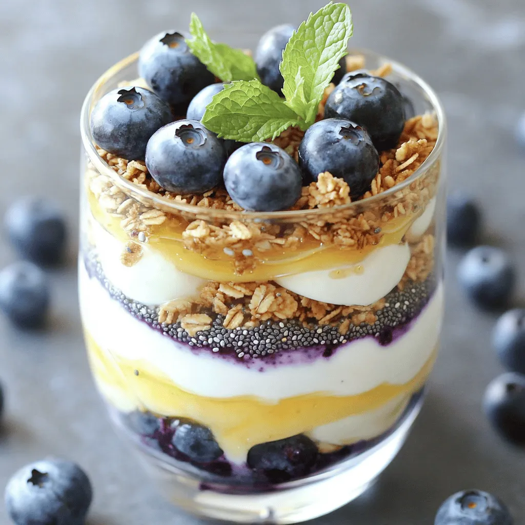For a tasty blueberry yogurt, gather these key items: - 2 cups plain Greek yogurt - 1 cup fresh blueberries, divided - 1 tablespoon honey (or maple syrup for a vegan alternative) - 1/2 teaspoon pure vanilla extract - 1/2 cup granola (your choice – nutty, fruity, or a mix) - 2 tablespoons chia seeds - Fresh mint leaves for an elegant garnish These ingredients create a rich and creamy yogurt that bursts with flavor. The Greek yogurt gives a thick texture and high protein. Fresh blueberries add natural sweetness and vibrant color. Honey or maple syrup enhances the taste, while vanilla extract brings warmth. To make your blueberry yogurt even better, consider these add-ins: - Sliced almonds for crunch - Coconut flakes for a tropical twist - Cinnamon for warmth - A dash of lemon juice for brightness - Nut butter for a creamy finish These extras allow you to customize your yogurt. Each add-in brings a new flavor and texture, making breakfast fun and exciting. Each serving of this blueberry yogurt parfait offers: - Calories: 250 - Protein: 12g - Carbohydrates: 32g - Fiber: 5g - Sugars: 10g This yogurt parfait is not only delicious but also nutritious. The protein keeps you full, while fiber aids digestion. You get a healthy dose of vitamins from blueberries, too. Enjoy this breakfast knowing it fuels your day! For the complete recipe, check out the [Full Recipe]. To start, gather your ingredients. You need plain Greek yogurt, fresh blueberries, honey, and vanilla extract. In a bowl, mix the yogurt, honey, and vanilla. Stir until it is smooth. This step is key; it makes your yogurt taste sweet and rich. Next, take half of the blueberries and mash them lightly with a fork. You want to release some juice but leave some pieces whole. This gives your yogurt a nice texture and flavor. Now, you are ready to build your parfait. Grab a clear glass or parfait cup. Spoon a layer of the yogurt mixture into the bottom. Then, add a layer of mashed blueberries. Sprinkle some chia seeds on top, then add a layer of granola. Repeat these layers until you use all the ingredients. Make sure to end with yogurt on top. For a final touch, place whole blueberries on top. Add a sprinkle of granola and fresh mint leaves for a nice look. Once you finish layering, place your parfaits in the fridge. Chill them for about 10 to 15 minutes. This chilling time helps all the flavors mix well. It also makes the parfait refreshing to eat. When you are ready to serve, enjoy your delicious blueberry yogurt parfait! When picking blueberries, look for plump, firm berries. They should be deep blue with a light bloom. This bloom is a natural wax that keeps berries fresh. Avoid any berries that are soft or have green spots. Fresh blueberries should smell sweet and fruity. If you can, buy them from local farms for the best taste. To mash blueberries, use a fork or a potato masher. Place half of the blueberries in a bowl. Gently press down to break the skins. Do not mash them too much; leave some whole for texture. The goal is to get juices flowing while keeping some pieces intact. This creates a nice mix in your parfait. For a stunning parfait, use clear glasses or cups. This way, you can show off the colorful layers. Start with yogurt, then add mashed blueberries, chia seeds, and granola. Repeat the layers until you reach the top. Finish with whole blueberries and a sprinkle of granola. Add fresh mint leaves for a pop of color. This makes your parfait look fancy and inviting. {{image_4}} You can easily make this blueberry yogurt vegan. Just swap plain Greek yogurt for coconut yogurt. It has a creamy texture and a nice taste. Use maple syrup instead of honey. This keeps it plant-based and delicious. The rest of the recipe stays the same, so you can enjoy every layer! Feel free to change the fruit in your yogurt. You can use strawberries, raspberries, or peaches instead of blueberries. Each fruit gives a new flavor and taste. Mix and match your favorites for fun. You can even blend different fruits for a colorful twist. This keeps your breakfast exciting and fresh. Toppings can take your yogurt to the next level. Try adding nuts like almonds or walnuts for crunch. Seeds like pumpkin or sunflower seeds add nutrition and texture. You can also sprinkle cinnamon or nutmeg for spice. Dried fruits like raisins or cranberries can add sweetness. Get creative and have fun with your toppings! To keep your blueberry yogurt fresh, store it in a clean, airtight container. This will help keep out air and moisture. If you have leftover parfait, cover it with plastic wrap or a lid. This will help keep it tasty for your next breakfast. Always use fresh blueberries for the best flavor. Check for any bruises or soft spots before buying. Store your blueberries in the fridge. Keep them in their original container or a breathable one. Avoid washing them until you're ready to eat. This helps them stay fresh longer. Homemade blueberry yogurt can last in the fridge for up to five days. If you want to keep it longer, you can freeze it. Pour your yogurt into ice cube trays or small containers. This way, you can grab just what you need. When you want some, thaw it in the fridge overnight. Enjoy your blueberry yogurt fresh! Yes, you can use frozen blueberries. They are still tasty and healthy. When using frozen blueberries, let them thaw first. Drain any excess liquid before adding them to your yogurt. This helps keep your yogurt from getting too watery. Frozen blueberries may not be as firm as fresh, but they work well in recipes. You can easily make this yogurt recipe dairy-free. Simply swap out plain Greek yogurt for almond or coconut yogurt. Both options offer a creamy texture. Choose unsweetened varieties for a healthier choice. You can also use oat yogurt for a thicker consistency. This way, you still get a delicious parfait without any dairy. If you want to skip granola, there are many great substitutes. You can use nuts and seeds for crunch. Try sliced almonds, walnuts, or pumpkin seeds. Another option is to use crushed whole grain cereal or oats. These add texture without the sweetness of granola. You can also try shredded coconut for extra flavor. Enjoy experimenting! In this blog post, we explored how to make a tasty blueberry yogurt parfait. We covered the main ingredients and optional add-ins that enhance flavor. I shared step-by-step instructions to prepare and layer your parfait. Tips on choosing blueberries and mashing techniques were also included. We discussed fun variations to suit all diets and how to store leftovers safely. Enjoying a healthy dessert or snack like this can be simple and fun. Try mixing it up with your favorite ingredients!