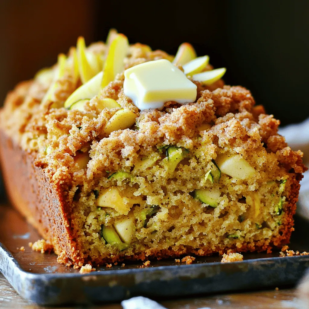 - 2 cups grated zucchini (approximately 2 medium zucchinis) - 1 cup peeled and grated apple (about 1 medium apple, tart varieties like Granny Smith work well) - 1/2 cup granulated sugar - 1/2 cup packed brown sugar - 1/2 cup vegetable oil - 2 large eggs, at room temperature - 2 teaspoons pure vanilla extract - 2 cups all-purpose flour - 1 teaspoon baking powder - 1/2 teaspoon baking soda - 1/2 teaspoon kosher salt - 1 teaspoon ground cinnamon - 1/4 teaspoon ground nutmeg - 1/2 cup chopped walnuts or pecans (optional but recommended for added texture) For the crumb topping: - 1/2 cup all-purpose flour - 1/3 cup packed brown sugar - 1/4 cup unsalted butter, melted and slightly cooled - 1/2 teaspoon ground cinnamon When making Zucchini Apple Crumb Bread, you need fresh ingredients. The zucchini adds moisture and texture, while the apple brings a sweet tang. Using both sugars enhances the flavor and gives a nice caramelized crust. I always choose vegetable oil for a tender crumb. The spices, like cinnamon and nutmeg, warm the bread with comforting flavors. If you love a little crunch, add walnuts or pecans. For the crumb topping, you'll mix flour, brown sugar, and butter. This creates a sweet, crumbly layer that makes each slice special. You can find the complete recipe details in the [Full Recipe]. Enjoy every bite of this rich and flavorful delight! First, you will need to grate the zucchini and apple. Use a box grater or a food processor. Aim for about 2 cups of zucchini and 1 cup of apple. I like to use tart apples, like Granny Smith, for a nice balance. After grating, let the mixture sit for about 10 minutes. This time helps to drain extra moisture. If it's very wet, press it gently with a clean kitchen towel. This step is key for a nice, non-soggy bread. In a large bowl, whisk together the granulated sugar, brown sugar, vegetable oil, eggs, and vanilla extract. Mix until it becomes smooth. This combination adds moisture and sweetness to the bread. Make sure your eggs are at room temperature. This helps them mix better and gives a lighter texture. Now, sift together the all-purpose flour, baking powder, baking soda, salt, ground cinnamon, and ground nutmeg in another bowl. Sifting helps to blend the dry ingredients evenly and adds air for a fluffier bread. Gradually add the dry mix to the wet mix. Stir gently until just combined. Be careful not to overmix! This can make the bread tough. Next, fold in the drained zucchini and apple mixture. If you want a little crunch, add in some chopped walnuts or pecans at this stage. For the crumb topping, mix 1/2 cup of flour, 1/3 cup of brown sugar, melted butter, and ground cinnamon in a small bowl. Use a fork or your fingers to mix until it looks like coarse crumbs. This adds a nice, sweet crunch on top. Pour the batter into a greased and floured 9x5-inch loaf pan. Smooth the top with a spatula for an even surface. Bake in a preheated oven at 350°F (175°C) for 50-60 minutes. To check for doneness, insert a toothpick into the center. It should come out clean or with a few moist crumbs. Once done, cool the bread in the pan for 10-15 minutes before transferring it to a wire rack. This helps it finish cooling without getting soggy. For the complete baking experience, check out the Full Recipe. To make the best zucchini apple crumb bread, avoid overmixing the batter. When you combine wet and dry ingredients, stir just until you see no dry flour. This keeps the bread light and fluffy. Overmixing can lead to a tough texture, which you don’t want. For even baking, make sure your oven is preheated to 350°F (175°C). Place the loaf pan in the center of the oven. This helps heat circulate around the bread. Check your bread around the 50-minute mark. A toothpick should come out clean or with a few moist crumbs. When it comes to serving, warm slices of bread with butter are a hit. You can also add a slice of fresh apple on top for a nice touch. A light dusting of cinnamon or powdered sugar can make it look fancy. To slice the bread, wait until it cools for at least 10 minutes. This keeps the slices intact and pretty. Use a sharp knife for clean cuts. Zucchini can hold a lot of water. If your zucchini feels very wet, drain it well before mixing. You can press it gently with a clean kitchen towel. This step helps keep your crumb bread from being too soggy. If your batter seems too wet, add a little extra flour, about a tablespoon at a time, until the texture feels right. {{image_4}} You can customize your zucchini apple crumb bread with exciting flavors. Adding spices like ground ginger or cloves can give your bread a warm kick. You might also want to try adding dried fruits, like raisins or cranberries, for a sweet burst. If you love chocolate, toss in some chocolate chips. They melt beautifully, bringing a rich taste to each slice. If you need a gluten-free version, it's easy to swap out the flour. Use a gluten-free flour blend that mimics all-purpose flour. This will keep the texture light and fluffy, just like the original recipe. Be sure to check the blend for xanthan gum; this helps bind the ingredients together. You can make this recipe vegan by replacing the eggs and dairy. Use flaxseed meal mixed with water as an egg substitute. For each egg, mix 1 tablespoon of flaxseed meal with 2.5 tablespoons of water. Let it sit for a few minutes until it thickens. Instead of butter, try using coconut oil or a plant-based margarine for the crumb topping. This keeps the bread moist and delicious while staying plant-based. You can follow the [Full Recipe] to create your perfect loaf! To keep your zucchini apple crumb bread fresh, wrap it tightly in plastic wrap. Placing it in an airtight container is also a good idea. Store it in the fridge for up to one week. This helps maintain its moisture and flavor. If you notice it getting too dry, a slice of apple can help add moisture back. Freezing zucchini apple crumb bread is easy. First, let the bread cool completely. Then, wrap it in plastic wrap and foil. This extra layer prevents freezer burn. You can freeze it for up to three months. When you are ready to enjoy it, just take it out and let it thaw in the fridge overnight. To reheat your bread, preheat your oven to 350°F (175°C). Place the slices on a baking tray. Heat them for about 10-15 minutes. This method keeps the bread soft and warm. You can also use a microwave. Just heat a slice for about 20-30 seconds. However, the oven method gives the best texture. You can use unsweetened applesauce as an egg substitute. Use 1/4 cup of applesauce for each egg. This keeps the bread moist and adds sweetness. Another option is ground flaxseed mixed with water. Use 1 tablespoon of flaxseed and 3 tablespoons of water for each egg. Let it sit for a few minutes to thicken. Yes, you can use frozen zucchini or apple. Just thaw them before using. Drain any extra water to avoid a soggy bread. Frozen fruits and veggies can change the texture a bit, but the taste will still be great. To check if the bread is done, insert a toothpick into the center. If it comes out clean or with a few moist crumbs, the bread is ready. If you see wet batter, bake it for a few more minutes. Yes, you can make mini loaves! Divide the batter into smaller pans. Bake for about 25 to 30 minutes. Always check for doneness with a toothpick. Mini loaves are great for gifts or snacks. Zucchini apple crumb bread is a healthy treat. Each slice has around 150 calories. It contains fiber from the zucchini and apples, which is good for digestion. It also offers vitamins and minerals. If you add nuts, you get healthy fats too. For a complete breakdown, refer to the Full Recipe. This article covered how to make delicious zucchini apple crumb bread. We explored the key ingredients, from grated zucchini to sugars and spices. I provided easy steps for mixing and baking. You learned tips for perfect results and variations to try. In closing, enjoy this tasty treat fresh from your oven. Remember, small changes can make a big difference. Happy baking!