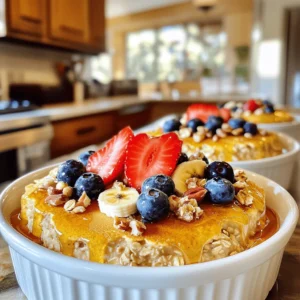 - 1 cup rolled oats - 1 scoop vanilla protein powder - 1 teaspoon baking powder - 1/2 teaspoon ground cinnamon - 1 cup almond milk - 2 large eggs - 1 ripe banana, mashed - 1 teaspoon pure vanilla extract - 1/4 cup blueberries - 1/4 cup chopped nuts - Optional toppings: Maple syrup or honey, fresh fruit The ingredients for baked protein pancake bowls are simple yet packed with nutrition. Start with rolled oats; they give a great base and add fiber. The vanilla protein powder boosts protein content, making these bowls filling. Baking powder and cinnamon add lightness and warmth to the flavor. For moisture, we use almond milk, but you can choose any milk you like. The two large eggs provide structure and richness. A ripe banana adds natural sweetness and keeps the bowls moist. Pure vanilla extract enhances the flavor, making it more enjoyable. Blueberries and chopped nuts add texture and nutrients. You can swap in other fruits or nuts based on your preference. If you want a sweet touch, drizzle maple syrup or honey on top. Fresh fruit gives a bright finish, making these bowls not just tasty but visually appealing too. For the full recipe, check out Baked Protein Pancake Bowls. Enjoy making this wholesome dish! 1. Preheat your oven to 350°F (175°C). 2. Grease your muffin tin with non-stick spray or a bit of oil. 3. You can also use a round baking dish if you prefer. 4. In a large bowl, mix together the rolled oats, protein powder, baking powder, and ground cinnamon. 5. Stir well to ensure all dry ingredients blend nicely. 1. In a separate bowl, whisk the almond milk, large eggs, mashed banana, and pure vanilla extract. 2. Mix until the mixture is smooth and well combined. 1. Pour the wet mixture into the bowl with the dry ingredients. 2. Stir gently until just combined; do not overmix. 3. Fold in the blueberries and chopped nuts carefully. 4. Make sure they are evenly spread throughout the batter. 1. Spoon the batter into the prepared muffin tin, filling each cup about 2/3 full. 2. If using a round baking dish, pour the batter in evenly. 3. Place the muffin tin or dish in the oven and bake for 20-25 minutes. 4. The pancake bowls are ready when the tops turn golden brown and a toothpick comes out clean. 5. After baking, remove from the oven and let cool slightly. 6. If using a muffin tin, pop the pancake bowls out after a few minutes. 7. If baked in a dish, cut into wedges. 8. Serve warm with maple syrup or honey if you like. 9. Top with fresh fruit and extra nuts for a delightful crunch. For the complete recipe, check out the full recipe section. To make the best baked protein pancake bowls, start with mixing. Avoid overmixing the batter. This key tip helps keep your pancake bowls fluffy. Stir just enough to combine the wet and dry ingredients. Each oven varies, so adjust your baking time. Check your pancake bowls at 20 minutes. If they look golden brown, use a toothpick to test doneness. If it comes out clean, they are ready. Otherwise, bake for an extra few minutes. Toppings can elevate your pancake bowls. Fresh fruit like bananas, strawberries, or blueberries adds flavor and color. You can also sprinkle granola or chopped nuts for crunch. A drizzle of maple syrup or honey brings sweetness. For drinks, pair your pancake bowls with a smoothie or a cup of herbal tea. These choices complement the flavors well and boost nutrition. Experiment with different toppings and drinks to find your favorite combination! {{image_4}} You can change the flavor of your baked protein pancake bowls easily. Start by using different protein powder flavors. Chocolate, strawberry, or even peanut butter can add a fun twist. Each option changes the taste but keeps the protein high. You can also substitute fruits and nuts. Instead of blueberries, try raspberries or chopped apples. If you want crunch, use almonds or pecans instead of walnuts. This lets you personalize each bowl to your taste. Making these pancake bowls gluten-free is simple. Just swap rolled oats for gluten-free oats. This keeps the texture while ensuring it’s safe for those with gluten issues. For a vegan option, replace the eggs with flaxseed meal. Mix one tablespoon of flaxseed meal with three tablespoons of water. Let it sit until it thickens. Use plant-based milk like soy or oat milk instead of almond milk. This way, you can enjoy a tasty bowl that fits your diet. To keep your baked protein pancake bowls fresh, follow these steps: - Refrigerate: Place any leftovers in an airtight container. They can last up to 5 days in the fridge. - Freeze: For longer storage, wrap each pancake bowl in plastic wrap. Then place them in a freezer-safe bag. They can stay good for up to 2 months. Make sure to remove as much air as possible to prevent freezer burn. Label your bags with the date. This way, you’ll know how long they’ve been stored. When you're ready to enjoy your pancake bowls again, here are some methods to reheat: - Microwave: Place a pancake bowl on a microwave-safe plate. Heat for about 30 seconds. Check if it’s warm. If not, heat for an additional 10 seconds. - Oven: Preheat your oven to 350°F (175°C). Place the pancake bowl on a baking sheet. Cover it with foil to keep it moist. Heat for about 10-15 minutes. These methods help keep your pancake bowls moist and delicious. Enjoy them as if they were fresh out of the oven! To make baked protein pancake bowls, follow these steps: 1. Preheat your oven to 350°F (175°C). 2. Grease a muffin tin or a round baking dish. 3. In a bowl, mix rolled oats, protein powder, baking powder, and cinnamon. 4. In another bowl, whisk almond milk, eggs, mashed banana, and vanilla. 5. Combine wet and dry ingredients, stirring gently. 6. Fold in blueberries and nuts. 7. Spoon the batter into the prepared tin or dish. 8. Bake for 20-25 minutes until golden brown. 9. Cool slightly before serving. This recipe makes four servings of wonderful pancake bowls. Yes, you can prepare these pancake bowls ahead of time. - Prep the batter: Mix all the ingredients and store them in the fridge for up to 24 hours. - Bake when ready: Bake the bowls fresh when you are ready to eat. - Storing leftovers: If you have leftovers, keep them in an airtight container in the fridge. They stay fresh for about three days. Baked protein pancake bowls offer many health benefits: - High in protein: Each bowl provides a good amount of protein from the protein powder and eggs. - Rich in fiber: The rolled oats and added fruits contribute to daily fiber needs. - Nutrient-dense: Ingredients like bananas and nuts add vitamins, minerals, and healthy fats. - Low in added sugars: You control the sweetness by using natural options like honey or maple syrup. These bowls support muscle growth and can help keep you full longer. Yes, these pancake bowls are great for meal prep. - Portion easily: Bake the bowls in a muffin tin for quick single servings. - Store well: Keep them in individual containers, ready to grab on busy mornings. - Reheat easily: Just warm them in the microwave for a quick meal. These bowls make staying on track with healthy eating simple and tasty. For the full recipe, check out the details above. This blog post covered all you need to make baked protein pancake bowls. You learned the ingredients, step-by-step instructions, tips for perfecting the recipe, flavor variations, and how to store leftovers. Remember, these bowls are easy to make, healthy, and customizable. They fit well into any meal prep plan. Enjoy experimenting with flavors and toppings to make this dish truly yours. These pancake bowls can be both fun and nutritious for you throughout the week. Happy cooking!