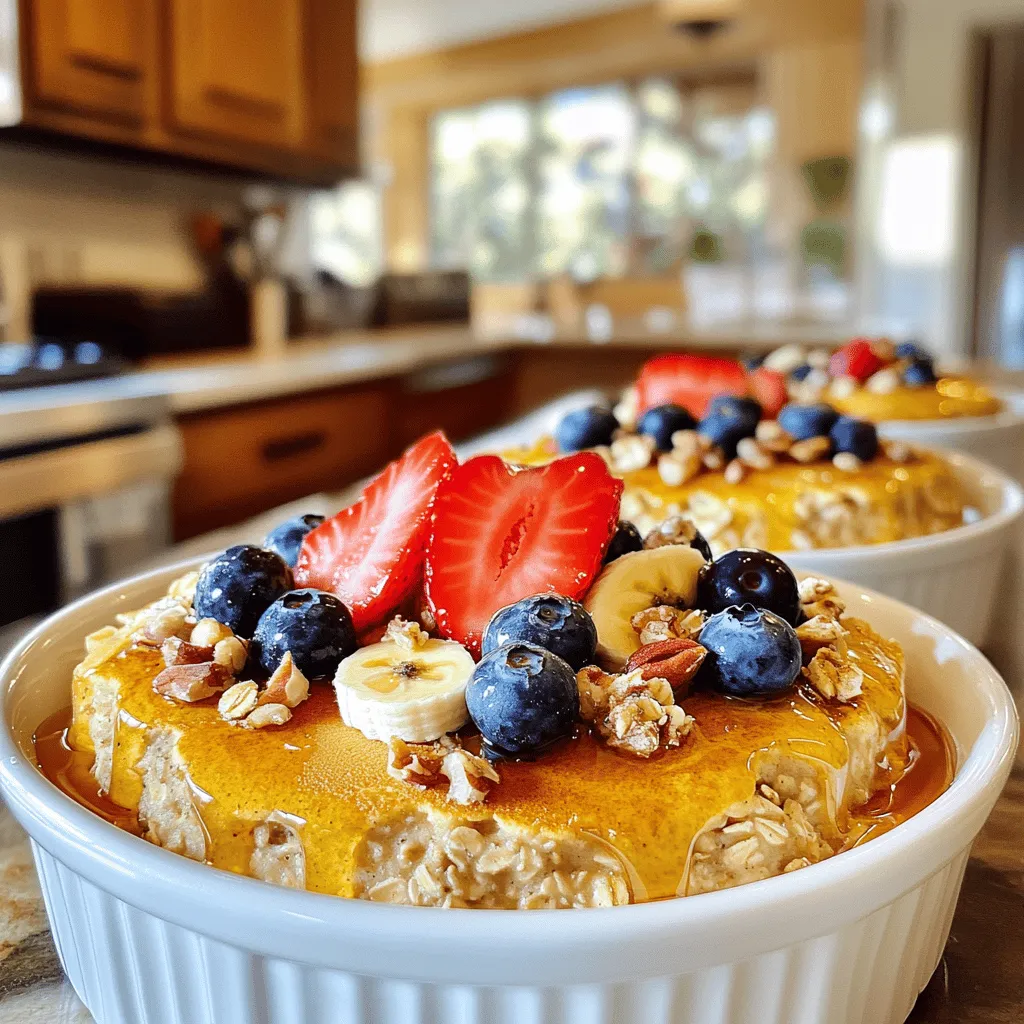 - 1 cup rolled oats - 1 scoop vanilla protein powder - 1 teaspoon baking powder - 1/2 teaspoon ground cinnamon - 1 cup almond milk - 2 large eggs - 1 ripe banana, mashed - 1 teaspoon pure vanilla extract - 1/4 cup blueberries - 1/4 cup chopped nuts - Optional toppings: Maple syrup or honey, fresh fruit The ingredients for baked protein pancake bowls are simple yet packed with nutrition. Start with rolled oats; they give a great base and add fiber. The vanilla protein powder boosts protein content, making these bowls filling. Baking powder and cinnamon add lightness and warmth to the flavor. For moisture, we use almond milk, but you can choose any milk you like. The two large eggs provide structure and richness. A ripe banana adds natural sweetness and keeps the bowls moist. Pure vanilla extract enhances the flavor, making it more enjoyable. Blueberries and chopped nuts add texture and nutrients. You can swap in other fruits or nuts based on your preference. If you want a sweet touch, drizzle maple syrup or honey on top. Fresh fruit gives a bright finish, making these bowls not just tasty but visually appealing too. For the full recipe, check out Baked Protein Pancake Bowls. Enjoy making this wholesome dish! 1. Preheat your oven to 350°F (175°C). 2. Grease your muffin tin with non-stick spray or a bit of oil. 3. You can also use a round baking dish if you prefer. 4. In a large bowl, mix together the rolled oats, protein powder, baking powder, and ground cinnamon. 5. Stir well to ensure all dry ingredients blend nicely. 1. In a separate bowl, whisk the almond milk, large eggs, mashed banana, and pure vanilla extract. 2. Mix until the mixture is smooth and well combined. 1. Pour the wet mixture into the bowl with the dry ingredients. 2. Stir gently until just combined; do not overmix. 3. Fold in the blueberries and chopped nuts carefully. 4. Make sure they are evenly spread throughout the batter. 1. Spoon the batter into the prepared muffin tin, filling each cup about 2/3 full. 2. If using a round baking dish, pour the batter in evenly. 3. Place the muffin tin or dish in the oven and bake for 20-25 minutes. 4. The pancake bowls are ready when the tops turn golden brown and a toothpick comes out clean. 5. After baking, remove from the oven and let cool slightly. 6. If using a muffin tin, pop the pancake bowls out after a few minutes. 7. If baked in a dish, cut into wedges. 8. Serve warm with maple syrup or honey if you like. 9. Top with fresh fruit and extra nuts for a delightful crunch. For the complete recipe, check out the full recipe section. To make the best baked protein pancake bowls, start with mixing. Avoid overmixing the batter. This key tip helps keep your pancake bowls fluffy. Stir just enough to combine the wet and dry ingredients. Each oven varies, so adjust your baking time. Check your pancake bowls at 20 minutes. If they look golden brown, use a toothpick to test doneness. If it comes out clean, they are ready. Otherwise, bake for an extra few minutes. Toppings can elevate your pancake bowls. Fresh fruit like bananas, strawberries, or blueberries adds flavor and color. You can also sprinkle granola or chopped nuts for crunch. A drizzle of maple syrup or honey brings sweetness. For drinks, pair your pancake bowls with a smoothie or a cup of herbal tea. These choices complement the flavors well and boost nutrition. Experiment with different toppings and drinks to find your favorite combination! {{image_4}} You can change the flavor of your baked protein pancake bowls easily. Start by using different protein powder flavors. Chocolate, strawberry, or even peanut butter can add a fun twist. Each option changes the taste but keeps the protein high. You can also substitute fruits and nuts. Instead of blueberries, try raspberries or chopped apples. If you want crunch, use almonds or pecans instead of walnuts. This lets you personalize each bowl to your taste. Making these pancake bowls gluten-free is simple. Just swap rolled oats for gluten-free oats. This keeps the texture while ensuring it’s safe for those with gluten issues. For a vegan option, replace the eggs with flaxseed meal. Mix one tablespoon of flaxseed meal with three tablespoons of water. Let it sit until it thickens. Use plant-based milk like soy or oat milk instead of almond milk. This way, you can enjoy a tasty bowl that fits your diet. To keep your baked protein pancake bowls fresh, follow these steps: - Refrigerate: Place any leftovers in an airtight container. They can last up to 5 days in the fridge. - Freeze: For longer storage, wrap each pancake bowl in plastic wrap. Then place them in a freezer-safe bag. They can stay good for up to 2 months. Make sure to remove as much air as possible to prevent freezer burn. Label your bags with the date. This way, you’ll know how long they’ve been stored. When you're ready to enjoy your pancake bowls again, here are some methods to reheat: - Microwave: Place a pancake bowl on a microwave-safe plate. Heat for about 30 seconds. Check if it’s warm. If not, heat for an additional 10 seconds. - Oven: Preheat your oven to 350°F (175°C). Place the pancake bowl on a baking sheet. Cover it with foil to keep it moist. Heat for about 10-15 minutes. These methods help keep your pancake bowls moist and delicious. Enjoy them as if they were fresh out of the oven! To make baked protein pancake bowls, follow these steps: 1. Preheat your oven to 350°F (175°C). 2. Grease a muffin tin or a round baking dish. 3. In a bowl, mix rolled oats, protein powder, baking powder, and cinnamon. 4. In another bowl, whisk almond milk, eggs, mashed banana, and vanilla. 5. Combine wet and dry ingredients, stirring gently. 6. Fold in blueberries and nuts. 7. Spoon the batter into the prepared tin or dish. 8. Bake for 20-25 minutes until golden brown. 9. Cool slightly before serving. This recipe makes four servings of wonderful pancake bowls. Yes, you can prepare these pancake bowls ahead of time. - Prep the batter: Mix all the ingredients and store them in the fridge for up to 24 hours. - Bake when ready: Bake the bowls fresh when you are ready to eat. - Storing leftovers: If you have leftovers, keep them in an airtight container in the fridge. They stay fresh for about three days. Baked protein pancake bowls offer many health benefits: - High in protein: Each bowl provides a good amount of protein from the protein powder and eggs. - Rich in fiber: The rolled oats and added fruits contribute to daily fiber needs. - Nutrient-dense: Ingredients like bananas and nuts add vitamins, minerals, and healthy fats. - Low in added sugars: You control the sweetness by using natural options like honey or maple syrup. These bowls support muscle growth and can help keep you full longer. Yes, these pancake bowls are great for meal prep. - Portion easily: Bake the bowls in a muffin tin for quick single servings. - Store well: Keep them in individual containers, ready to grab on busy mornings. - Reheat easily: Just warm them in the microwave for a quick meal. These bowls make staying on track with healthy eating simple and tasty. For the full recipe, check out the details above. This blog post covered all you need to make baked protein pancake bowls. You learned the ingredients, step-by-step instructions, tips for perfecting the recipe, flavor variations, and how to store leftovers. Remember, these bowls are easy to make, healthy, and customizable. They fit well into any meal prep plan. Enjoy experimenting with flavors and toppings to make this dish truly yours. These pancake bowls can be both fun and nutritious for you throughout the week. Happy cooking!