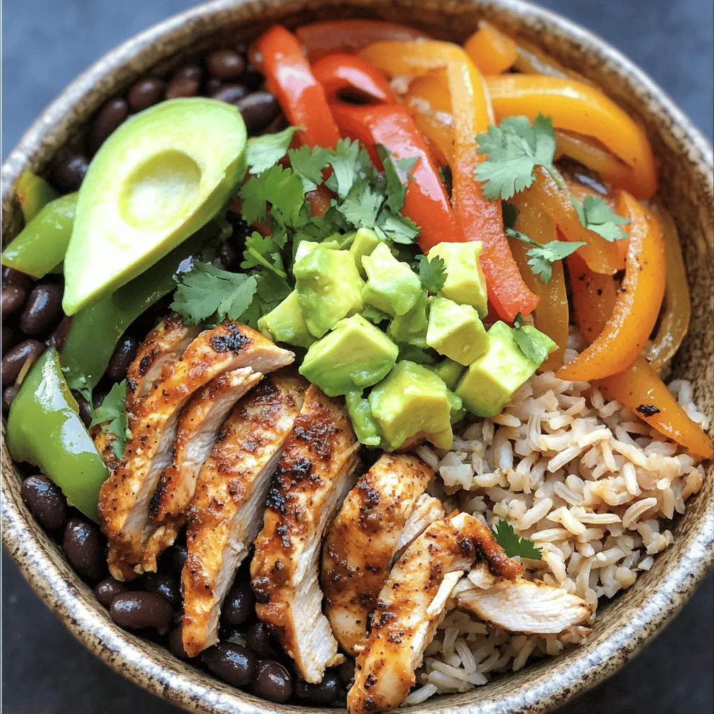 - 2 boneless, skinless chicken breasts, thinly sliced - 1 tablespoon olive oil - 1 teaspoon chili powder - 1 teaspoon ground cumin - 1 teaspoon smoked paprika - 1 bell pepper (choose either red or green), thinly sliced - 1 medium onion, thinly sliced - 1 cup cooked brown rice (preferably warm) - 1 cup black beans (canned, drained, and rinsed thoroughly) - 1 cup corn (can be fresh, frozen, or canned) - 1 ripe avocado, diced - ½ cup fresh cilantro, finely chopped - Juice of 1 fresh lime - Salt and pepper to taste - Salsa - Cheese - Sour Cream - Chili Powder - Ground Cumin - Smoked Paprika When making a chicken fajita burrito bowl, the right ingredients make all the difference. You need fresh chicken, colorful vegetables, and hearty grains. The chicken provides protein, while the vegetables add crunch and flavor. Brown rice and black beans create a solid base. For optional toppings, you can layer on salsa, cheese, or sour cream. These add richness and zest to your bowl. The spices are key in this recipe. Chili powder brings heat, ground cumin adds earthiness, and smoked paprika gives a nice depth. Together, they create a balanced flavor profile. Be sure to check the full recipe for detailed steps and tips to make your bowl shine! Start by taking two boneless, skinless chicken breasts. Thinly slice them for quick cooking. In a medium bowl, mix the chicken with one tablespoon of olive oil, one teaspoon of chili powder, one teaspoon of ground cumin, and one teaspoon of smoked paprika. Add a pinch of salt and pepper. Stir until the chicken is well coated with the seasonings. Heat a large skillet over medium-high heat. Once it's hot, add the seasoned chicken to the skillet. Cook for about 5 to 7 minutes. Stir the chicken often. You want it to cook evenly and get a nice char. Once it’s cooked through, transfer it to a plate and set it aside. In the same skillet, add one thinly sliced bell pepper and one medium onion. Sauté these for about 3 to 5 minutes. Keep stirring to prevent them from burning. You want them soft and a bit caramelized. Cooking the vegetables in the same skillet helps develop deep flavors. The bits left from the chicken add a rich taste. This step makes your burrito bowl even better. To build your burrito bowl, start with a base. Use one cup of warm cooked brown rice in each serving bowl. Next, add one cup of black beans, drained and rinsed. Follow this with a layer of corn. Now, distribute the sautéed chicken over the rice. Add the caramelized bell peppers and onions on top. Finish with diced avocado, fresh cilantro, and a squeeze of lime juice. Let your guests pick their own toppings, like salsa or cheese, to make each bowl unique. This simple process creates a delightful meal that everyone can enjoy. For the full recipe, check the previous section! - Achieving a Char To get that tasty char, heat your skillet well. Once hot, add the chicken. Cook it without moving for a few minutes. This helps create a nice crust. Flip it to cook the other side. Aim for golden brown spots. - Ensuring Tenderness Tender chicken is key. Avoid overcooking the chicken. It should be juicy and soft. Use a meat thermometer to check the temperature. It should reach 165°F (75°C). Let it rest for a few minutes before slicing. - Using Fresh Ingredients Fresh ingredients boost the taste. Choose ripe, colorful veggies. They add flavor and nutrition. Fresh cilantro and lime juice also brighten the dish. Always wash your produce before use. - Balancing Flavors with Lime Juice Lime juice adds zing. It cuts through the richness of the chicken. Squeeze some over the finished bowl. This makes the flavors pop. Don’t skip this step for a balanced taste. - Visual Appeal A pretty bowl makes the meal more fun. Use colorful plates to serve. Layer the ingredients neatly. Bright colors from the veggies and toppings attract the eye. A sprinkle of cilantro on top looks great. - Serving Suggestions Serve with lime wedges on the side. This adds color and lets guests customize their meal. You can also offer salsa and cheese for extra flavor. Keep it simple and inviting. {{image_4}} You can switch up the protein in your chicken fajita burrito bowl. Here are some great options: - Beef: Use thinly sliced flank steak or ground beef for a heartier meal. Season it the same way you would the chicken. Cook until it's well-done. This adds a rich flavor to your bowl. - Vegetarian Options: For a veggie-packed dish, try black beans or chickpeas. You can also use tofu or tempeh. Just season them well and sauté until golden. These choices make the bowl filling and healthy. You can change the base grain in your burrito bowl. Here are some tasty alternatives: - Quinoa: This superfood is a great substitute for brown rice. It’s packed with protein and cooks quickly. Use warm quinoa as a base for your bowl. - Cauliflower Rice: For a low-carb option, use cauliflower rice. Simply pulse cauliflower florets in a food processor. Sauté briefly to soften it. This adds a light, fresh taste to your dish. You can switch up the flavors in your burrito bowl. Here’s how: - Southwestern Spices: Mix in spices like oregano or coriander for added depth. You can also try chipotle powder for a smoky kick. This will enhance the taste of your protein and veggies. - Different Vegetables: Feel free to swap in other veggies. Zucchini, corn, or even roasted sweet potatoes work well. These choices add color and nutrients to your bowl. For the full recipe, check out the detailed instructions provided earlier. Enjoy experimenting with these variations! - Store leftovers in an airtight container. - Keep them in the fridge for up to 3 days. To keep your chicken fajita burrito bowl fresh, always let it cool before sealing it. This step prevents moisture buildup, which can make the food soggy. When you are ready to eat, check for any signs of spoilage. If it smells off or looks strange, it’s best to discard it. - Place the bowl in a freezer-safe container. - It can last in the freezer for up to 2 months. Freezing is a great way to save extra portions. Make sure to label your container with the date. When you want to enjoy your burrito bowl later, remove it from the freezer and place it in the fridge overnight. - Use the microwave or stovetop to reheat. - Add a little water to keep it moist. When reheating, the microwave is quick and easy. Just cover your bowl with a damp paper towel. This method keeps the chicken and veggies moist. If you choose the stovetop, use low heat and stir often to ensure even warming. Avoid high heat, as it may dry out your delicious meal. To make Chicken Fajita Burrito Bowls, follow these steps: 1. Season the Chicken: In a bowl, mix sliced chicken with olive oil, chili powder, ground cumin, smoked paprika, and a pinch of salt and pepper. Stir until coated. 2. Cook the Chicken: Heat a skillet over medium-high heat. Cook the chicken for 5-7 minutes until it's cooked through and slightly charred. 3. Sauté the Vegetables: In the same skillet, add sliced bell pepper and onion. Cook for 3-5 minutes until soft and caramelized. 4. Cook the Rice: If not pre-cooked, prepare the brown rice according to package directions. 5. Assemble the Bowls: Start with rice, then add black beans and corn. Layer the sautéed chicken and veggies on top. 6. Add Toppings: Place diced avocado and cilantro on top. Squeeze fresh lime juice for flavor. 7. Customize: Let everyone add their favorite toppings like salsa or cheese. You can add many tasty toppings and ingredients to your burrito bowl: - Fresh Salsa: Adds a zesty kick. - Shredded Cheese: Cheddar or Monterey Jack work well. - Sour Cream: Adds creaminess and balances spice. - Jalapeños: For heat, fresh or pickled. - Lettuce or Spinach: For a fresh crunch. - Hot Sauce: If you like it spicy! Leftovers from your Chicken Fajita Burrito Bowl can last in the fridge for up to 3-4 days. Store them in an airtight container to keep them fresh. If you want to freeze leftovers, they can last for about 2-3 months. When reheating, make sure to use low heat to avoid dryness. Enjoy your meal again! This blog post covered how to make tasty burrito bowls with chicken, veggies, rice, and beans. We explored main ingredients and optional toppings. You learned about spices, step-by-step cooking, and ways to enhance flavor. Variations like different proteins and grains add fun twists. Remember, storing and reheating correctly keeps your meals fresh. Enjoy your cooking journey and don’t be afraid to be creative with your bowls!