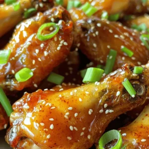 - 2 pounds chicken wings - 1 tablespoon baking powder - 1 teaspoon sea salt - 1 teaspoon freshly cracked black pepper - 1 teaspoon garlic powder - 1 teaspoon onion powder - 1 teaspoon smoked paprika - 1 teaspoon cayenne pepper (optional) - 1 cup pure honey - 1/4 cup low-sodium soy sauce - 2 tablespoons apple cider vinegar - 1 tablespoon fresh ginger, finely grated - 1 tablespoon aromatic sesame oil - 1 green onion, thinly sliced (for garnish) - Sesame seeds (for garnish) - Wire rack and baking sheet Fresh ingredients make a big difference. Choose chicken wings that look pink and plump. Avoid any that have a grayish color or smell off. Always check the sell-by date. For the spices, fresh ones give more flavor. Store them properly to keep them potent. When you buy honey, look for pure honey. Organic honey is a great choice. You want a rich and smooth glaze. The soy sauce should be low-sodium to balance the sweetness. Always use fresh ginger for its bright flavor. For the best wings, quality matters. They make your dish shine. Remember, using the right ingredients leads to the best chicken wings ever. You can find the full recipe in the article above. 1. First, preheat your oven to 400°F (200°C). This heat will give the wings a nice crunch. 2. Next, prepare your baking sheet. Line it with aluminum foil for easy cleaning. Place a wire rack on top. This allows air to flow around the wings, helping them crisp up. 1. Now, let’s mix the spice blend. In a large bowl, whisk together: - 1 tablespoon baking powder - 1 teaspoon sea salt - 1 teaspoon freshly cracked black pepper - 1 teaspoon garlic powder - 1 teaspoon onion powder - 1 teaspoon smoked paprika - 1 teaspoon cayenne pepper (optional) This blend adds a lot of flavor. 2. It’s time to coat the wings. Take paper towels and pat the chicken wings dry. This is key for crispy skin. 3. Add the wings to the bowl and toss them in the spice mix. Make sure every wing gets a good coat. 1. Place the seasoned wings on the wire rack in a single layer. Leave space between each wing. This helps them cook evenly. 2. Bake the wings in the oven for 40-45 minutes. Halfway through baking, flip the wings. This will make sure they are golden and crispy on both sides. 3. While the wings bake, prepare the honey glaze. In a small pan over medium heat, mix: - 1 cup pure honey - 1/4 cup low-sodium soy sauce - 2 tablespoons apple cider vinegar - 1 tablespoon fresh ginger, finely grated - 1 tablespoon aromatic sesame oil Stir it well and let it simmer for 5-7 minutes until it thickens. 4. Once the wings are done, take them out and toss them in the warm honey glaze. Make sure they are well-coated. 5. Return the wings to the oven for another 5-7 minutes. This will make the glaze set and caramelize. 6. Finally, plate your wings and garnish with thinly sliced green onions and sesame seeds for extra crunch. This recipe allows you to enjoy the best chicken wings ever! For the complete recipe, check the Full Recipe link. To get crispy chicken wings, you must dry them well. Moisture creates steam and makes wings soggy. Use paper towels to pat them dry. This step is key! Next, use a wire rack on your baking sheet. The rack allows air to flow around the wings. This helps them cook evenly and crisp up nicely. For baking wings, set your oven to 400°F (200°C). This temperature helps achieve that golden brown color and crispiness. Keep an eye on the wings as they cook. Bake for about 40-45 minutes. Flip them halfway through for even cooking. This ensures they are crispy on all sides. You can make your wings even tastier by adding extra spices. Try different flavors like chili powder or lemon zest. This adds a unique twist to your wings. Adjust the sweetness and heat in your glaze too. If you like spicy wings, add more cayenne pepper. For a sweeter taste, use more honey. Tailor the flavors to your liking! For the full recipe, check the Ultimate Crunchy Honey-Glazed Chicken Wings. {{image_4}} You can change the flavor of your wings with different glazes. Try a teriyaki glaze for a sweet, savory taste. Mix soy sauce, brown sugar, and ginger for a quick teriyaki sauce. For BBQ lovers, a classic BBQ sauce works wonders. Brush it on the wings before baking for a smoky flavor. If you want heat, go for a spicy buffalo glaze. Combine hot sauce with melted butter for that tangy, spicy kick. You can cook chicken wings in different ways. An air fryer makes them super crispy. Just season your wings and place them in the air fryer basket. Cook at 375°F for about 25 minutes, flipping halfway. If you prefer grilling, it's easy too. Preheat the grill and cook the wings over medium heat for about 20-25 minutes. Flip them often for even cooking. Both methods give you tasty wings with great flavor. If you need gluten-free options, use tamari instead of soy sauce. It has the same great taste without gluten. For a vegan twist, try cauliflower wings. Coat florets in the same spice mix and bake them like the chicken wings. Toss them in your favorite vegan glaze after baking. These adjustments let everyone enjoy wings, no matter their diet. To keep your chicken wings fresh, store them properly. First, let the wings cool down. Then, place them in an airtight container. You can refrigerate them for up to four days. This keeps them safe and tasty. If you want to save them longer, consider freezing. Place the wings in a freezer bag, remove as much air as possible, and seal. They can last up to three months in the freezer. When it comes to reheating, you have two great options: oven or microwave. Using the oven gives the best results. Preheat it to 350°F (175°C). Spread the wings on a baking sheet and heat for about 10-15 minutes. This helps keep them crispy. If you use a microwave, place the wings on a microwave-safe plate. Heat them for 1-2 minutes. However, they may turn soft. To maintain crispiness, consider using the oven. In the fridge, your chicken wings stay fresh for four days. After that, they may spoil. Check for any off-smells or changes in texture. If you see any discoloration or a slimy feel, it’s best to throw them away. Always trust your senses. Keeping track of how long they’ve been stored helps ensure you enjoy them safely. To make the best chicken wings, focus on two main steps: seasoning and cooking. Start by drying the wings well. This step helps create a crispy skin. Next, use a mix of spices. I suggest garlic powder, onion powder, and smoked paprika. These flavors add depth to your wings. Bake the wings on a wire rack. This allows hot air to flow around them, making them crispy. Flip them halfway through for even cooking. The key is to bake at 400°F (200°C) for 40-45 minutes. Toss them in a warm honey glaze after baking for extra flavor. Yes, you can prepare the honey glaze in advance. Cook the glaze as the recipe states and let it cool. Store it in an airtight container in the fridge. When you are ready to use it, just reheat it gently. This method saves time when you want to serve your wings. Chicken wings pair well with fresh sides. Here are some ideas: - Celery sticks with ranch dressing - Cucumber salad for a cool crunch - Sweet potato fries for a sweet contrast - Coleslaw for a creamy texture These sides balance the spicy and sweet flavors of the wings. You can find the Ultimate Crunchy Honey-Glazed Chicken Wings in the full recipe section. It gives detailed steps and tips to ensure your wings turn out perfectly every time. Enjoy your cooking! Making crunchy honey-glazed chicken wings is simple and fun. We covered the best ingredients, tools, and tips for perfect wings. You learned how to coat, bake, and glaze them for great flavor. Remember to choose fresh ingredients and store leftovers properly for the best taste. Try different glazes and cooking methods to keep meals exciting. With these steps and ideas, you can impress friends and family at your next gathering. Enjoy your cooking adventure, and savor each bite!