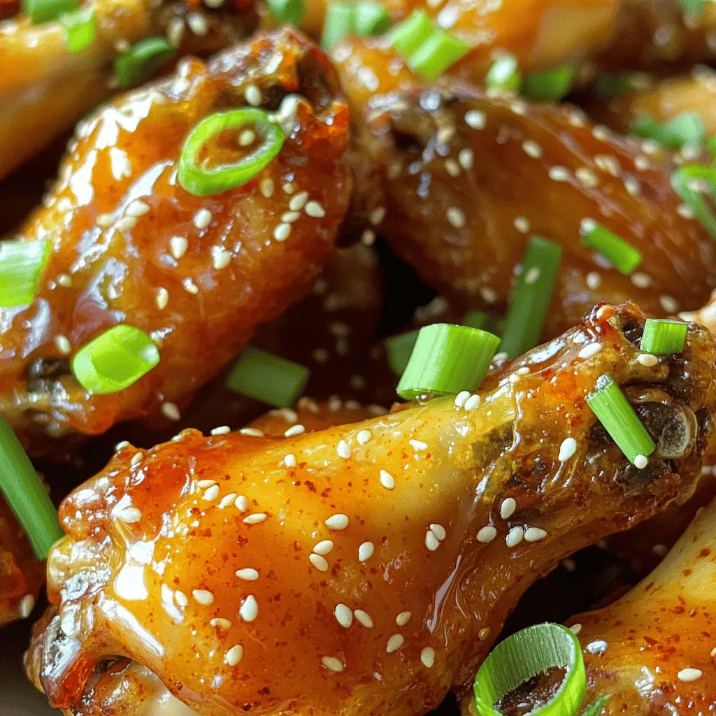- 2 pounds chicken wings - 1 tablespoon baking powder - 1 teaspoon sea salt - 1 teaspoon freshly cracked black pepper - 1 teaspoon garlic powder - 1 teaspoon onion powder - 1 teaspoon smoked paprika - 1 teaspoon cayenne pepper (optional) - 1 cup pure honey - 1/4 cup low-sodium soy sauce - 2 tablespoons apple cider vinegar - 1 tablespoon fresh ginger, finely grated - 1 tablespoon aromatic sesame oil - 1 green onion, thinly sliced (for garnish) - Sesame seeds (for garnish) - Wire rack and baking sheet Fresh ingredients make a big difference. Choose chicken wings that look pink and plump. Avoid any that have a grayish color or smell off. Always check the sell-by date. For the spices, fresh ones give more flavor. Store them properly to keep them potent. When you buy honey, look for pure honey. Organic honey is a great choice. You want a rich and smooth glaze. The soy sauce should be low-sodium to balance the sweetness. Always use fresh ginger for its bright flavor. For the best wings, quality matters. They make your dish shine. Remember, using the right ingredients leads to the best chicken wings ever. You can find the full recipe in the article above. 1. First, preheat your oven to 400°F (200°C). This heat will give the wings a nice crunch. 2. Next, prepare your baking sheet. Line it with aluminum foil for easy cleaning. Place a wire rack on top. This allows air to flow around the wings, helping them crisp up. 1. Now, let’s mix the spice blend. In a large bowl, whisk together: - 1 tablespoon baking powder - 1 teaspoon sea salt - 1 teaspoon freshly cracked black pepper - 1 teaspoon garlic powder - 1 teaspoon onion powder - 1 teaspoon smoked paprika - 1 teaspoon cayenne pepper (optional) This blend adds a lot of flavor. 2. It’s time to coat the wings. Take paper towels and pat the chicken wings dry. This is key for crispy skin. 3. Add the wings to the bowl and toss them in the spice mix. Make sure every wing gets a good coat. 1. Place the seasoned wings on the wire rack in a single layer. Leave space between each wing. This helps them cook evenly. 2. Bake the wings in the oven for 40-45 minutes. Halfway through baking, flip the wings. This will make sure they are golden and crispy on both sides. 3. While the wings bake, prepare the honey glaze. In a small pan over medium heat, mix: - 1 cup pure honey - 1/4 cup low-sodium soy sauce - 2 tablespoons apple cider vinegar - 1 tablespoon fresh ginger, finely grated - 1 tablespoon aromatic sesame oil Stir it well and let it simmer for 5-7 minutes until it thickens. 4. Once the wings are done, take them out and toss them in the warm honey glaze. Make sure they are well-coated. 5. Return the wings to the oven for another 5-7 minutes. This will make the glaze set and caramelize. 6. Finally, plate your wings and garnish with thinly sliced green onions and sesame seeds for extra crunch. This recipe allows you to enjoy the best chicken wings ever! For the complete recipe, check the Full Recipe link. To get crispy chicken wings, you must dry them well. Moisture creates steam and makes wings soggy. Use paper towels to pat them dry. This step is key! Next, use a wire rack on your baking sheet. The rack allows air to flow around the wings. This helps them cook evenly and crisp up nicely. For baking wings, set your oven to 400°F (200°C). This temperature helps achieve that golden brown color and crispiness. Keep an eye on the wings as they cook. Bake for about 40-45 minutes. Flip them halfway through for even cooking. This ensures they are crispy on all sides. You can make your wings even tastier by adding extra spices. Try different flavors like chili powder or lemon zest. This adds a unique twist to your wings. Adjust the sweetness and heat in your glaze too. If you like spicy wings, add more cayenne pepper. For a sweeter taste, use more honey. Tailor the flavors to your liking! For the full recipe, check the Ultimate Crunchy Honey-Glazed Chicken Wings. {{image_4}} You can change the flavor of your wings with different glazes. Try a teriyaki glaze for a sweet, savory taste. Mix soy sauce, brown sugar, and ginger for a quick teriyaki sauce. For BBQ lovers, a classic BBQ sauce works wonders. Brush it on the wings before baking for a smoky flavor. If you want heat, go for a spicy buffalo glaze. Combine hot sauce with melted butter for that tangy, spicy kick. You can cook chicken wings in different ways. An air fryer makes them super crispy. Just season your wings and place them in the air fryer basket. Cook at 375°F for about 25 minutes, flipping halfway. If you prefer grilling, it's easy too. Preheat the grill and cook the wings over medium heat for about 20-25 minutes. Flip them often for even cooking. Both methods give you tasty wings with great flavor. If you need gluten-free options, use tamari instead of soy sauce. It has the same great taste without gluten. For a vegan twist, try cauliflower wings. Coat florets in the same spice mix and bake them like the chicken wings. Toss them in your favorite vegan glaze after baking. These adjustments let everyone enjoy wings, no matter their diet. To keep your chicken wings fresh, store them properly. First, let the wings cool down. Then, place them in an airtight container. You can refrigerate them for up to four days. This keeps them safe and tasty. If you want to save them longer, consider freezing. Place the wings in a freezer bag, remove as much air as possible, and seal. They can last up to three months in the freezer. When it comes to reheating, you have two great options: oven or microwave. Using the oven gives the best results. Preheat it to 350°F (175°C). Spread the wings on a baking sheet and heat for about 10-15 minutes. This helps keep them crispy. If you use a microwave, place the wings on a microwave-safe plate. Heat them for 1-2 minutes. However, they may turn soft. To maintain crispiness, consider using the oven. In the fridge, your chicken wings stay fresh for four days. After that, they may spoil. Check for any off-smells or changes in texture. If you see any discoloration or a slimy feel, it’s best to throw them away. Always trust your senses. Keeping track of how long they’ve been stored helps ensure you enjoy them safely. To make the best chicken wings, focus on two main steps: seasoning and cooking. Start by drying the wings well. This step helps create a crispy skin. Next, use a mix of spices. I suggest garlic powder, onion powder, and smoked paprika. These flavors add depth to your wings. Bake the wings on a wire rack. This allows hot air to flow around them, making them crispy. Flip them halfway through for even cooking. The key is to bake at 400°F (200°C) for 40-45 minutes. Toss them in a warm honey glaze after baking for extra flavor. Yes, you can prepare the honey glaze in advance. Cook the glaze as the recipe states and let it cool. Store it in an airtight container in the fridge. When you are ready to use it, just reheat it gently. This method saves time when you want to serve your wings. Chicken wings pair well with fresh sides. Here are some ideas: - Celery sticks with ranch dressing - Cucumber salad for a cool crunch - Sweet potato fries for a sweet contrast - Coleslaw for a creamy texture These sides balance the spicy and sweet flavors of the wings. You can find the Ultimate Crunchy Honey-Glazed Chicken Wings in the full recipe section. It gives detailed steps and tips to ensure your wings turn out perfectly every time. Enjoy your cooking! Making crunchy honey-glazed chicken wings is simple and fun. We covered the best ingredients, tools, and tips for perfect wings. You learned how to coat, bake, and glaze them for great flavor. Remember to choose fresh ingredients and store leftovers properly for the best taste. Try different glazes and cooking methods to keep meals exciting. With these steps and ideas, you can impress friends and family at your next gathering. Enjoy your cooking adventure, and savor each bite!