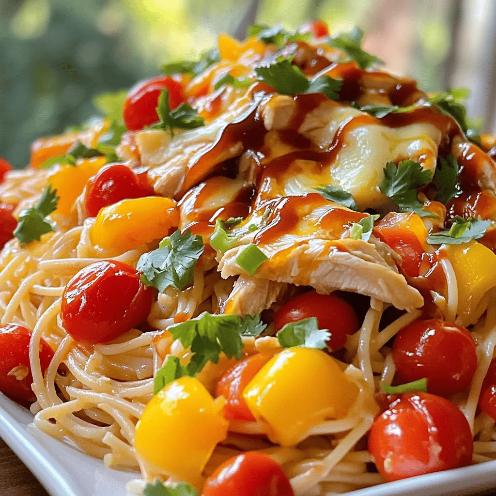- 8 oz spaghetti - 2 chicken breasts, grilled and elegantly sliced - 1 cup cherry tomatoes, halved - 1 cup bell peppers (red and yellow), thinly sliced - 1 cup sweet and tangy BBQ sauce - 1 cup shredded Monterey Jack cheese - 1/2 cup green onions, finely chopped - Fresh cilantro for garnish (optional) - Salt and pepper to taste - 2 tablespoons extra virgin olive oil When making Monterey Chicken Spaghetti, the ingredients play a vital role. Each one contributes to the dish's flavor and texture. Start with the spaghetti. Use high-quality pasta for the best results. The chicken adds protein and heartiness. Grilling the chicken brings out its natural flavors. Slice it thin for a beautiful presentation. The cherry tomatoes add freshness and a burst of color. Their juiciness balances the dish. Bell peppers bring sweetness and crunch. Choose bright colors for visual appeal. BBQ sauce ties everything together. It adds a sweet and tangy flavor. Use your favorite brand or homemade sauce for a personal touch. Monterey Jack cheese melts beautifully. It creates a creamy texture and enhances the taste. For optional ingredients, consider adding green onions. They provide a mild onion flavor that brightens the dish. Cilantro can add a fresh touch if you enjoy it. Don’t forget salt and pepper. These simple seasonings elevate the dish. Extra virgin olive oil adds richness and helps with cooking. Gather these ingredients for a delightful meal. Check the full recipe for more details on preparation! - Bring salted water to a rapid boil. - Cook spaghetti until al dente and drain. Cooking spaghetti is simple and key to this dish. Start by boiling water with salt. The salt adds flavor to the pasta. Once it boils, add the spaghetti. Stir it a bit. Cook for around 8-10 minutes, or until it's firm but not hard. Al dente means "to the tooth" in Italian. It gives a nice bite to the pasta. Drain it well, but keep it warm. - Season and grill chicken breasts. - Allow chicken to rest before slicing. Next, we focus on the chicken. If it’s not pre-grilled, season chicken breasts with salt and pepper. This is a simple step that enhances the flavor. Grill the chicken on medium-high heat. Cook it for 7-8 minutes on each side. You want it to be juicy and cooked through. Resting the chicken is important. It helps keep the juices inside. After resting, slice it thinly for the dish. - Heat olive oil in a skillet. - Sauté bell peppers until softened. Now we move to the veggies. Heat olive oil in a large skillet. Use medium heat to warm it up. Add the thinly sliced bell peppers. Sauté them for 3-4 minutes. They should become soft and bright. This adds a nice crunch and sweetness to the meal. - Add cherry tomatoes and drained spaghetti. - Pour BBQ sauce and toss everything together. It’s time to mix it all. Add halved cherry tomatoes to the skillet. Then, toss in the drained spaghetti. Pour the sweet BBQ sauce over everything. This is where the flavors come together. Toss gently until all the ingredients are coated. The colors will be vibrant and inviting. - Fold in sliced chicken and Monterey Jack cheese. - Serve in a dish and garnish. Finally, we add the chicken. Fold in the sliced chicken gently so it combines well. Sprinkle half of the Monterey Jack cheese into the mix. Stir until the cheese melts and everything is warm. Transfer the mixture to a serving dish. Top with the rest of the cheese. Garnish with chopped green onions for a fresh touch. Enjoy this delightful comfort meal! For more details, check the Full Recipe. - Use fresh ingredients for better flavor. Fresh herbs and ripe tomatoes shine in this dish. - Adjust BBQ sauce according to taste preferences. Experiment with sweet or spicy sauces to find your favorite. - Ensure chicken is grilled to perfection for juicy texture. Cook it until the juices run clear. This keeps it moist and tasty. - Toss pasta in the skillet to combine flavors evenly. This step helps the noodles soak up the BBQ sauce. - Serve in a rustic bowl for an appealing look. A simple bowl adds charm to your meal. - Drizzle extra BBQ sauce on top before serving. This adds color and a burst of flavor. For more delicious ideas, check out the [Full Recipe]. {{image_4}} You can easily make this dish vegetarian. Simply substitute the grilled chicken with sautéed mushrooms or tofu. Both options add great texture and flavor. Mushrooms bring a rich umami taste. Tofu absorbs the sauce well and adds protein. This keeps the spirit of the dish while making it meat-free. Want to turn up the heat? Add jalapeños or your favorite hot sauce for a kick. You can slice fresh jalapeños and toss them in while cooking. If you prefer sauce, mix in a few drops of hot sauce when you combine the ingredients. This gives the dish a fiery twist that many love! For a family-friendly twist, incorporate broccoli or peas for additional nutrition. You can steam broccoli florets and add them to the skillet. Peas can be added straight from the freezer, which is quick and easy. Both options boost the veggie count and make the meal healthier, without losing flavor. You can find the full recipe for Monterey Chicken Spaghetti Delight in the earlier sections. Store your Monterey Chicken Spaghetti in an airtight container. You can refrigerate it for up to 3 days. This keeps the flavors fresh and tasty. When it's time to enjoy leftovers, reheat in a skillet or microwave. If it looks dry, add a splash of water. This helps keep the pasta moist and delicious. For longer storage, freeze portions of the spaghetti. Use freezer-safe containers or bags. You can keep it for up to 2 months. This makes for quick and easy meals later on. - Prep Time: 15 minutes | Cook Time: 25 minutes - Yes, cheddar or pepper jack can be excellent substitutes. They melt well and add flavor. - Pair with a green salad or garlic bread for a complete meal. This adds freshness and crunch. - Yes, it's perfect for meal prep. You can store it for up to 3 days. This makes it easy for busy weeks. - You can prepare the components ahead. Combine them just before serving for the best taste. - You can use a homemade sauce or any tangy dressing as a substitute. This keeps the dish fun and flavorful. For the full recipe, check out the detailed steps earlier. Enjoy your cooking! Monterey Chicken Spaghetti combines chicken, veggies, and cheese in a fun way. You can make it with fresh ingredients or tweak it for a spicy kick. Remember to store leftovers properly for easy meals later. This dish is great for family dinners or meal prep. Use these tips to create tasty variations. Make it your own with flavors that fit your taste. Enjoy this hearty meal that everyone will love!