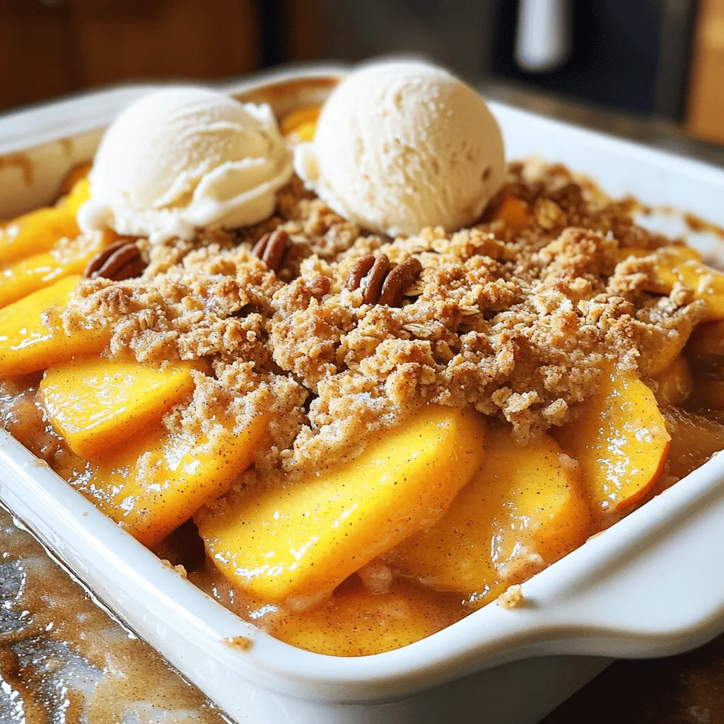 Here is a complete list of the ingredients you need for peach crisp. Each item plays a big role in making this dessert tasty. - 4 cups ripe peaches, peeled and sliced - 1/2 cup granulated sugar - 1 tablespoon fresh lemon juice - 1 teaspoon ground cinnamon - 1 cup rolled oats - 1/2 cup all-purpose flour - 1/2 cup packed brown sugar - 1/2 cup cold unsalted butter, cubed - 1/4 teaspoon fine salt - 1/4 cup chopped pecans (optional) You want to use ripe peaches. They should be sweet and juicy. The granulated sugar helps to sweeten the peaches. The lemon juice adds a nice zing. Ground cinnamon gives a warm flavor that pairs well with the fruit. For the topping, rolled oats are key. They add texture and heartiness. All-purpose flour helps bind the topping. Brown sugar adds a rich flavor. Cold butter is crucial for a nice crumble. It gives the topping a flaky feel when baked. If you like nuts, add chopped pecans for crunch. They enhance the taste and give it a rustic feel. For the Full Recipe, check out the next section where I guide you through each step of making this delightful dessert. Start by preheating your oven to 350°F (175°C). This step is key for even baking. In a large bowl, mix the sliced peaches, granulated sugar, lemon juice, and ground cinnamon. Toss gently until the peaches are coated well. Once mixed, spread the peach filling evenly in a greased 9x13-inch baking dish. In a separate bowl, combine rolled oats, all-purpose flour, brown sugar, and fine salt. Add the cold, cubed unsalted butter. Use your fingers or a pastry cutter to mix until it looks like coarse crumbs. Keep some small butter chunks for that perfect texture. If you like, add chopped pecans to your topping mixture for extra crunch. Evenly sprinkle the oat mixture over the peach filling in the baking dish. Make sure to cover all the peaches. Put the dish in your preheated oven. Bake for about 35-40 minutes. Look for a golden-brown topping and bubbling peaches around the edges. After baking, let your peach crisp cool slightly. Serve it warm in bowls. A scoop of vanilla ice cream on the side makes it even better. Drizzle with honey and sprinkle some cinnamon for extra flavor. Enjoy! For the full recipe, refer to the Peachy Dream Crisp. To get the best crisp, aim for a mix of textures. Use ripe peaches for sweetness. When you slice them, make sure they are not too thin. This keeps them juicy. For the topping, use cold butter. It helps create a nice crumble. Mix until you see some small chunks of butter. This adds to the crispiness. When picking peaches, feel them gently. They should have a slight give. Look for peaches that are golden and fragrant. Avoid peaches with bruises or dark spots. Freestone peaches are easier to slice. They separate from the pit cleanly. Clingstone peaches can work too, but they can be trickier to slice. Try adding a pinch of nutmeg or ginger for a twist. These spices add warmth and depth to the flavor. If you love a bit of crunch, sprinkle in some chopped pecans or walnuts. They pair well with peaches. You can also try adding a splash of vanilla extract to the peach mix. It brings out the sweet taste even more. Taste your peaches before adding sugar. If they are sweet, use less sugar. If they are tart, add more. You want to balance the flavors. After mixing in the sugar, let the peach filling sit for a few minutes. This helps the juices to flow, making the crisp even better. For a fun twist, you can swap granulated sugar with honey or maple syrup. {{image_4}} You can easily make this peach crisp gluten-free. Swap the all-purpose flour for almond flour or gluten-free flour. These options work well and keep the crisp delicious. Ensure your oats are certified gluten-free to avoid any cross-contamination. With these simple swaps, you can enjoy the same great taste without the gluten. Want to mix things up? You can add other fruits like blueberries, raspberries, or apples. Each fruit brings a unique flavor, making your crisp even better. You can also try different nuts. Walnuts or almonds add a nice crunch and flavor. Just remember to adjust the sugar if you use sweeter fruits. Cinnamon is a classic choice, but feel free to experiment. Try nutmeg or ginger for a warm twist. These spices can enhance the peach flavor and give it a new twist. You can even add a splash of vanilla extract or almond extract for a lovely aroma. Each option offers a new taste adventure with every bite. After enjoying your Peachy Dream Crisp, let it cool completely. Transfer any leftovers to an airtight container. Store the container in the fridge for up to four days. This keeps the crisp fresh and tasty. Make sure to cover it well to prevent drying out. You can also keep the peach filling and topping separate if you prefer. If you want to save your Peach Crisp for later, freezing is a great option. First, let it cool down to room temperature. Wrap the dish tightly in plastic wrap, then cover with aluminum foil. This will help prevent freezer burn. You can freeze it for up to three months. When you’re ready to enjoy it, just thaw it overnight in the fridge. To reheat your Peach Crisp, preheat your oven to 350°F (175°C). Remove any plastic wrap before placing it in the oven. Bake for about 20 minutes, or until it’s hot all the way through. You can also microwave individual servings for quicker heating. Just be careful not to overheat, as this can make the topping soggy. Enjoy your crisp warm for the best taste! Yes, you can use canned or frozen peaches. If using canned, drain them well. For frozen peaches, thaw and drain excess water. This ensures the crisp won't be too watery. Both options can taste great, but fresh peaches give the best flavor. Peach Crisp can last 3 to 5 days in the fridge. Make sure to store it in an airtight container. It tastes good even after a few days, but the topping may lose some crunch. Yes, you can prepare the Peach Crisp ahead of time. Assemble it the day before and store it in the fridge. Just bake it when you are ready to serve. This makes it easy for gatherings or busy days. Peach Crisp pairs well with vanilla ice cream or whipped cream. You can also serve it with yogurt for a lighter option. A drizzle of honey or a sprinkle of cinnamon enhances the flavor even more. You can tell if Peach Crisp is done by looking at the topping. It should be golden brown and crispy. You will also see bubbles around the edges. This usually takes about 35 to 40 minutes in the oven. This blog post covers how to make a delicious peach crisp. We explored the simple ingredients, from ripe peaches to the perfect topping. I shared step-by-step instructions that guide you through baking it right. Tips on texture and flavor helped you elevate your dish. We even discussed variations and storage. In the end, peach crisp is an easy dessert that is sure to please. You can enjoy it warm or with ice cream. Whether you stick to the recipe or try your own twist, enjoy every bite!
