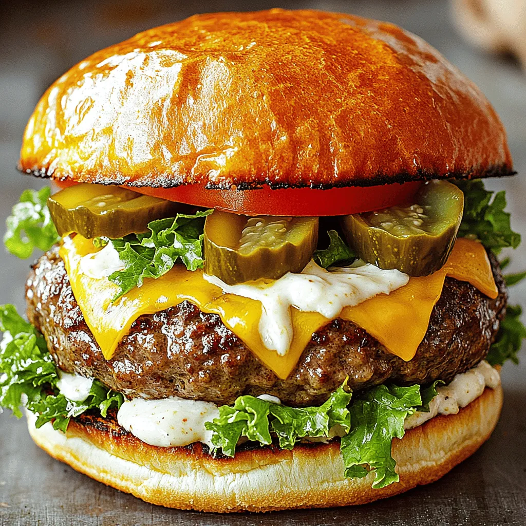 To create the perfect garlic Parmesan cheeseburger, you need fresh, quality ingredients. Here’s what you’ll need: - Ground beef (preferably an 80/20 blend) - Parmesan cheese - Fresh garlic - Worcestershire sauce - Onion powder - Black pepper - Salt - Cheddar cheese - Burger buns - Lettuce - Tomato - Dill pickles - Garlic aioli Each ingredient plays a key role in making this burger flavorful. The ground beef gives the burger its juicy base. An 80/20 blend ensures your patty remains moist. Adding fresh garlic and Parmesan cheese elevates the taste to new heights. Worcestershire sauce adds depth, while onion powder gives a hint of sweetness. Black pepper and salt bring out all the flavors. Sharp cheddar cheese melts beautifully on top, creating a rich layer of cheese. For the bun, choose soft burger buns to keep the burger simple and fun. Crisp lettuce and juicy tomato add freshness. Dill pickles offer a crunchy contrast, making each bite exciting. Lastly, the garlic aioli ties everything together with its creamy texture and bold taste. Gather these ingredients, and you’re ready to start your culinary adventure. This full recipe will guide you through each step to achieve burger bliss. - In a large bowl, mix together the ground beef, Parmesan cheese, minced garlic, Worcestershire sauce, onion powder, black pepper, and salt. Use your hands to combine gently. Avoid overmixing to keep the patties tender. - Divide the mixture into four equal parts, each about 4 oz. Shape each part into a patty. Make a small dent in the center to stop them from puffing up while cooking. - Heat your grill or a non-stick skillet over medium-high heat. Once hot, place the patties on the grill or skillet. Cook for 4-5 minutes without pressing them down. This helps create a nice crust. - After 4-5 minutes, flip each patty carefully. Top with a slice of cheddar cheese. Cook for another 4-5 minutes until the cheese melts and the burgers reach 160°F. - While the patties cook, toast the burger buns on the grill or in a toaster until they are golden brown and crispy. - Spread a nice layer of garlic aioli on the bottom half of each toasted bun. - Add a cheesy burger patty on top of the aioli. Layer a crisp lettuce leaf, a slice of tomato, and dill pickles if you like. - Finish by placing the top half of the bun on the burger. - Avoiding overmixing: When you mix the beef with the cheese and spices, do it gently. Overmixing can lead to tough patties. You want a soft and juicy burger. - Achieving the perfect sear: Let your skillet or grill get hot before adding the patties. This high heat helps form a nice crust. Avoid pressing down on the patties as they cook; this keeps all those tasty juices inside. - Ensuring proper doneness: Use a meat thermometer to check the internal temperature. Aim for 160°F (70°C) for a medium burger. This ensures safety and a great taste. - Adding spices and herbs: Feel free to experiment! Adding a pinch of smoked paprika or fresh herbs can elevate the flavor. Just remember, balance is key. - Customizing the toppings: Your burger is a canvas! Try avocado slices, crispy bacon, or sautéed mushrooms. Mix and match until you find your favorite combo. - Pairing sides for a complete meal: Serve your garlic Parmesan cheeseburgers with crispy fries, onion rings, or a fresh side salad. This adds variety to your meal and enhances the experience. For the complete recipe, check out the [Full Recipe]. {{image_4}} When making a garlic Parmesan cheeseburger, you can switch things up! Here are some fun ideas to try. - Gouda: This cheese has a creamy texture and a mild flavor. It melts beautifully on burgers. - Blue cheese: For a bold taste, use blue cheese. It adds a tangy layer to your burger. - Pepper jack: If you like some heat, try pepper jack. It has a zesty kick that makes every bite exciting. - Avocado: Sliced avocado makes your burger creamy and rich. It also adds healthy fats! - Bacon: Crispy bacon gives your burger a salty crunch. It’s a classic favorite that many love. - Sautéed mushrooms: These add a savory flavor and texture. Mushrooms pair well with the garlic and cheese. - Whole wheat buns: For a healthier option, choose whole wheat buns. They have more fiber and add a nutty taste. - Lettuce wraps: If you want to skip bread, use crisp lettuce. It’s light and refreshing! - Gluten-free buns: For those with gluten issues, gluten-free buns are a great choice. They let everyone enjoy the burger! Feel free to play with these variations. You can create your own flavor fix that fits your taste. For the full recipe, check out the Garlic Parmesan Cheeseburger Delight 🧄 above! Store leftover patties in an airtight container. They can last up to three days in the fridge. Make sure they cool down before you seal them in. To keep assembled burgers fresh, wrap them in foil or plastic wrap. However, they taste best when enjoyed right away. You can freeze raw patties for up to three months. Place them on a baking sheet, freeze until firm, then transfer to a freezer bag. This keeps them from sticking together. If you have cooked burgers, they can also go in the freezer. Wrap each burger in foil and put them in a freezer bag. They will stay fresh for about two months. To reheat patties, use a skillet over medium heat. Cook for about five minutes on each side. This method keeps them juicy. You can also use a microwave for quick reheating. Just place a patty on a plate and cover it with a damp paper towel. Heat in 30-second intervals until warm. For reheating assembled burgers, the oven is best. Wrap them in foil and heat at 350°F for about 10-15 minutes. This keeps the bun soft and the cheese melty. The best way to season a garlic parmesan cheeseburger is to mix the right spices with the beef. Start with Worcestershire sauce for a savory kick. Then, add garlic, onion powder, and black pepper for flavor. Finally, sprinkle salt to taste. This blend enhances the beef and complements the Parmesan. Yes, you can use ground turkey instead of beef. Turkey is a leaner choice and still works great. Just choose a mix with some fat for flavor. You may want to add extra seasoning to keep it tasty. To know if your burger is cooked through, use a meat thermometer. The internal temperature should reach 160°F (70°C) for medium doneness. If you don't have a thermometer, cut into the burger. The juices should run clear, and there should be no pink inside. Several side dishes pair well with garlic parmesan cheeseburgers. Try crispy fries or onion rings for a classic touch. A fresh side salad also works well to balance the meal. Coleslaw can add a nice crunch, too. Yes, you can make these burgers ahead of time. Prepare the patties and store them in the fridge for up to a day. You can also freeze them for longer storage. Just remember to cook them straight from the fridge or thawed. To make homemade garlic aioli, you need a few simple ingredients. Combine one egg yolk, one tablespoon of Dijon mustard, and one tablespoon of lemon juice in a bowl. Slowly whisk in one cup of olive oil until it thickens. Finally, stir in minced garlic and season with salt. This creamy sauce adds a great touch to your garlic parmesan cheeseburger. For a full recipe, check out the Full Recipe. This blog covered everything you need for the perfect garlic parmesan cheeseburger. We discussed key ingredients, step-by-step cooking instructions, and clever tips. I shared ways to customize your burger with different cheeses and toppings. Plus, I explained how to store and reheat leftovers. Now, you’re ready to impress at your next cookout! With these easy steps, you can create juicy burgers that everyone will love. Enjoy experimenting with flavors and don’t forget the garlic aioli!