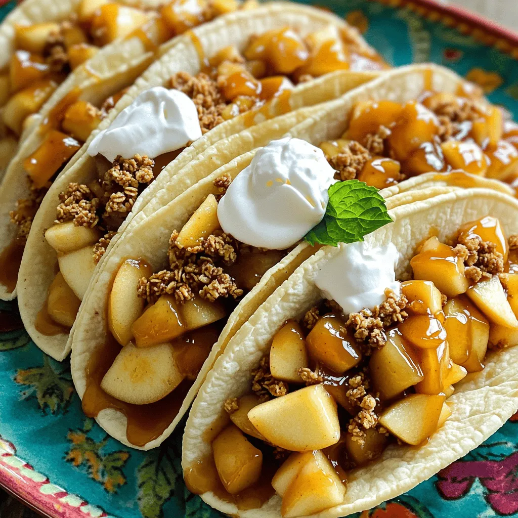 - Taco Shells - Cream Cheese Filling - Apple Mixture - Granola - Caramel Sauce - Whipped Cream for topping For this recipe, you will need: - 1 package of soft taco shells (approximately 8-10) - 2 cups cream cheese, softened to room temperature - 1/2 cup powdered sugar - 1 teaspoon pure vanilla extract - 2 cups apples, peeled and diced into small cubes - 1 tablespoon fresh lemon juice - 1 teaspoon ground cinnamon - 1/4 cup packed brown sugar - 1/2 cup granola (for added texture) - Caramel sauce (for drizzling) - Whipped cream (optional, for topping) These ingredients come together to create a unique dessert that blends the classic flavors of cheesecake and apple pie. The soft taco shells serve as a delightful vessel to hold the creamy filling and sweet apple mixture. Using fresh, diced apples adds a crispy and juicy bite that balances the creaminess of the cheese. The optional toppings, like granola and caramel sauce, add extra texture and sweetness, elevating this treat to a whole new level. If you want to make it even more fun, don’t forget to check the Full Recipe for all the steps! To start, grab a large mixing bowl. Add 2 cups of softened cream cheese, 1/2 cup of powdered sugar, and 1 teaspoon of pure vanilla extract. Use a hand mixer to beat this mixture until it becomes smooth and creamy. This step creates a rich filling that is the star of your tacos. Once it's ready, set it aside to focus on the apple filling. Now, take 2 cups of peeled and diced apples. Place them in a separate bowl. Squeeze 1 tablespoon of fresh lemon juice over the apples. Then, sprinkle in 1 teaspoon of ground cinnamon and 1/4 cup of packed brown sugar. Gently toss the apples to coat them evenly. This mixture will bring out the apples’ natural sweetness and add a delightful zing. Next, heat a non-stick skillet over medium heat. Once hot, pour in the apple mixture. Sauté the apples for about 5-7 minutes. Keep stirring until the apples soften and get a nice caramel color. When done, remove the skillet from heat and let the apples cool slightly. Now, it’s time to assemble the tacos! Take a soft taco shell and spread a generous layer of the cream cheese filling. Then, spoon the warm sautéed apples on top. Don’t forget to sprinkle some granola for that extra crunch. Finally, drizzle caramel sauce over the finished tacos. If you like, add a fluffy dollop of whipped cream for an indulgent touch. Serve these apple cheesecake tacos right away. Enjoy the warm, sweet mix of flavors! For the complete details, check the Full Recipe. To get the right texture for your cream cheese filling, start with room temperature cream cheese. Cold cream cheese can be lumpy and hard to mix. Use a hand mixer or a whisk to blend in the powdered sugar and vanilla extract until it is smooth. This step is key for a delightful filling that spreads easily on your taco shells. When choosing apples, pick sweet and crisp varieties. Honeycrisp, Fuji, and Gala apples work best. They hold their shape and add great flavor. Peel and chop them into small cubes for easy cooking. Toss them with lemon juice right away to keep them fresh and bright. This helps prevent browning and adds a nice zing. Presentation matters! For serving, arrange your tacos on a bright platter. Drizzle extra caramel sauce around the plate for a fancy touch. You can add granola on top for crunch, which contrasts with the creamy filling. For a pop of color, place fresh mint leaves next to your tacos. This makes your dish look as good as it tastes. Enjoy immediately for the best texture and flavor. Check out the Full Recipe for all the steps and details! {{image_4}} You can boost the taste of your apple cheesecake tacos with spices. Try adding nutmeg or ginger for a warm kick. Mixing in a pinch of cardamom can also add a unique flavor. For a twist, use flavored cream cheese, like cinnamon or caramel. This small change can make a big difference. If you need gluten-free tacos, use corn tortillas instead of soft taco shells. For a dairy-free option, substitute cream cheese with a plant-based alternative. You can also use coconut cream to keep it rich and creamy. These changes make the recipe friendly for various diets while keeping the taste great. If you run out of brown sugar, use white sugar mixed with a bit of molasses. For a crunch, swap granola with crushed nuts or seeds. To keep it simple, if you don't have fresh apples, canned apples work too. Just ensure they are drained well. These swaps help you create a delicious dish with what you have on hand. For the full recipe, refer to the detailed instructions provided above. To keep your apple cheesecake tacos fresh, store them in an airtight container. Place a layer of parchment paper between tacos to prevent sticking. This way, they stay neat and tasty. Refrigerate the container for up to three days. If you don't have an airtight container, wrap each taco in plastic wrap. This method also works well but may not keep them as fresh. To reheat the tacos, use a microwave or a skillet. If using a microwave, place the taco on a plate and cover it with a damp paper towel. Heat for about 30-45 seconds. This keeps the shell soft. For a skillet method, warm it on low heat for a few minutes. This will crisp up the shell slightly while warming the filling, keeping the texture just right. Yes, you can freeze apple cheesecake tacos! To do this, wrap each taco in plastic wrap and then place them in a freezer-safe bag. They can last up to two months in the freezer. When you're ready to eat them, thaw in the fridge overnight. Reheat as mentioned earlier for the best results. Enjoy the delightful flavors even after freezing! To make the apple cheesecake filling, you need three simple ingredients. First, take 2 cups of softened cream cheese. Add 1/2 cup of powdered sugar and 1 teaspoon of pure vanilla extract. Mix them in a large bowl until smooth and creamy. This filling is rich and sweet, perfect for your tacos. You can check the Full Recipe for more details. Yes, you can use many fruits in these tacos. Try pears, berries, or peaches for a fun twist. Each fruit brings a unique flavor and texture. Just remember to adjust the sugar based on the fruit's sweetness. For example, strawberries may need less sugar than apples. This way, you can make a fresh and exciting dessert every time! These tacos stay fresh in the fridge for about 2-3 days. Make sure to store them in an airtight container. If you separate the cream cheese filling from the taco shells, they will stay fresher longer. When ready to enjoy, just assemble and serve. The apples may lose some crispness, but they will still taste great! In this post, I shared how to make delicious apple cheesecake tacos. We talked about key ingredients like taco shells, cream cheese filling, and an apple mixture. I also explained steps for preparation and cooking, along with helpful tips to perfect your dish. Remember, you can adjust ingredients for gluten-free or dairy-free diets. With the right storage, these tacos can stay fresh and tasty. I hope you enjoy making and sharing these fun tacos with others.