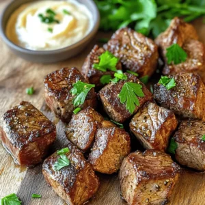 - 1 lb sirloin steak, cut into 1-inch bite-sized cubes - 2 tablespoons extra virgin olive oil - 1 teaspoon garlic powder - 1 teaspoon onion powder - 1 teaspoon smoked paprika - ½ teaspoon freshly cracked black pepper - ½ teaspoon sea salt - Fresh parsley, finely chopped (for garnish) These ingredients create a simple yet tasty dish. The sirloin steak is the star. When you cut it into bite-sized pieces, it cooks quickly and evenly in the air fryer. The olive oil helps the spices stick. The mix of garlic powder, onion powder, smoked paprika, black pepper, and sea salt adds layers of flavor. Each spice plays a role. Garlic powder gives a warm taste, while smoked paprika adds a nice smokiness. Black pepper and sea salt enhance the steak's natural flavor. Don’t forget the fresh parsley! It brightens the dish. It also adds a nice crunch and color. You can use the parsley as a garnish just before serving. If you want to make it your own, feel free to adjust the spices. You can add a pinch of cayenne for heat or some dried herbs for an extra kick. For the full recipe, check out the details above. With just a few ingredients, you can make a delicious meal that impresses everyone. - In a large bowl, mix 2 tablespoons of extra virgin olive oil with: - 1 teaspoon garlic powder - 1 teaspoon onion powder - 1 teaspoon smoked paprika - ½ teaspoon black pepper - ½ teaspoon sea salt - Toss in 1 lb of sirloin steak cubes. Make sure each cube gets a good coat of the marinade. This step is key to making the steak flavorful. Let the steak marinate for at least 20 minutes at room temperature. - Preheat your air fryer to 400°F (200°C) for about 5 minutes. This ensures your steak bites cook evenly. - Arrange the marinated steak bites in a single layer in the air fryer basket. Leave space between them for air to flow. - Cook the steak bites for 8-10 minutes. Shake the basket halfway through cooking. This helps create a nice sear. For doneness: - 8 minutes for medium-rare - 10 minutes for medium - After cooking, take out the steak bites and let them rest for 3-5 minutes. This step helps keep the juices inside. - Garnish the steak bites with finely chopped fresh parsley. It adds color and a fresh taste. Serve them hot for the best flavor. Check the [Full Recipe] for more details! To make your steak bites just right, timing is key. Here are some tips: - For medium-rare, cook them for about 8 minutes. - If you like it medium, aim for 10 minutes. Using a meat thermometer can help. Aim for 135°F (57°C) for medium-rare and 145°F (63°C) for medium. Marinating the steak is also very important. Let it sit for at least 20 minutes. This time helps the flavors soak in deeply. You can marinate longer if you want a stronger taste. Just be careful not to overdo it, as it may change the meat's texture. Spacing your steak bites is crucial. Place them in a single layer in the basket. This allows hot air to flow freely around each piece. If they are too close, they won’t cook evenly. After cooking, cleaning your air fryer is a must. Let it cool down first. Then, wipe the basket and tray with a damp cloth. For tough spots, use a soft sponge. Avoid harsh chemicals or scrubbing too hard. Keeping it clean will help it last longer. Using these tips will help you make perfect air fryer steak bites every time! For the full recipe, check out the Full Recipe mentioned earlier. {{image_4}} You can change the flavor of your steak bites with different spices. Try these blends: - Italian seasoning: Mix dried oregano, basil, and thyme for a fresh twist. - Cajun spice: Use paprika, cayenne, and garlic for a spicy kick. - Chili lime: Add lime zest and chili powder for a zesty flavor. You can also use different cuts of steak for variety. Sirloin works well, but try these: - Ribeye: This cut is rich and juicy. - Tenderloin: A lean option with a buttery texture. - Flank steak: Great for marinating and adds a robust flavor. Pair your steak bites with tasty dips and sides. Here are some ideas: - Dips: - Creamy garlic aioli - Spicy sriracha mayo - Tangy barbecue sauce - Salads: - A fresh garden salad with mixed greens - A simple Caesar salad with crunchy croutons - A warm potato salad for a hearty side You can also serve steak bites alongside other dishes. Try these pairings: - Mashed potatoes: Creamy and comforting. - Roasted veggies: Carrots, zucchini, or bell peppers add color. - Grilled corn: Sweet corn on the cob complements the flavors. These variations and serving ideas can make your air fryer steak bites a hit at any meal. For the complete recipe, check the Full Recipe. After cooking your steak bites, let them cool down. Store them in an airtight container. Glass containers work best, but plastic ones are fine too. Keep them in the fridge if you plan to eat them soon. They will stay fresh for up to 3 days. When reheating, use the air fryer. Heat it to 350°F (175°C) and cook for about 5 minutes. This keeps the steak bites juicy and crispy. Avoid the microwave, as it can make them tough. If you want to save some for later, freezing is a great option. First, let the steak bites cool completely. Then, place them in a freezer-safe bag. Remove as much air as possible. This helps prevent freezer burn. They can last up to 3 months in the freezer. To thaw, move the bag to the fridge overnight. This method keeps the flavor intact. You can also use the microwave on the defrost setting if you're in a hurry, but be careful not to cook them. Enjoy your steak bites later, just as tasty as when you first made them! Air fryer steak bites take about 8 to 10 minutes to cook. The time depends on how you like your steak. For medium-rare, cook for about 8 minutes. For medium, aim for 10 minutes. Always check the steak's color to make sure it fits your taste. Yes, you can use other cuts of meat. If you don’t have sirloin, try ribeye or tenderloin. These cuts are also tender and flavorful. Flank steak works too, but it can be a bit chewier. Just adjust your cooking time based on the thickness. To keep your steak bites tender, start with quality meat. Look for cuts with good marbling. This means small fat streaks in the meat. Marinate the steak for at least 20 minutes. This helps flavor and softens the meat. Cut the steak against the grain to make it easier to chew. In this post, we explored making steak bites in your air fryer. We talked about the ingredients, the marinade, and the cooking process. I shared tips for perfect doneness and variations to try. Practicing good storage methods keeps these bites tasting fresh. Remember, cooking should be fun and simple. Use these steps to create tasty meals. Enjoy experimenting with flavors and serving ideas. You’ll impress your friends and family with your cooking skills!