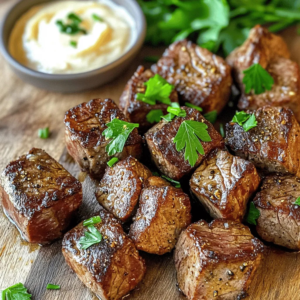 - 1 lb sirloin steak, cut into 1-inch bite-sized cubes - 2 tablespoons extra virgin olive oil - 1 teaspoon garlic powder - 1 teaspoon onion powder - 1 teaspoon smoked paprika - ½ teaspoon freshly cracked black pepper - ½ teaspoon sea salt - Fresh parsley, finely chopped (for garnish) These ingredients create a simple yet tasty dish. The sirloin steak is the star. When you cut it into bite-sized pieces, it cooks quickly and evenly in the air fryer. The olive oil helps the spices stick. The mix of garlic powder, onion powder, smoked paprika, black pepper, and sea salt adds layers of flavor. Each spice plays a role. Garlic powder gives a warm taste, while smoked paprika adds a nice smokiness. Black pepper and sea salt enhance the steak's natural flavor. Don’t forget the fresh parsley! It brightens the dish. It also adds a nice crunch and color. You can use the parsley as a garnish just before serving. If you want to make it your own, feel free to adjust the spices. You can add a pinch of cayenne for heat or some dried herbs for an extra kick. For the full recipe, check out the details above. With just a few ingredients, you can make a delicious meal that impresses everyone. - In a large bowl, mix 2 tablespoons of extra virgin olive oil with: - 1 teaspoon garlic powder - 1 teaspoon onion powder - 1 teaspoon smoked paprika - ½ teaspoon black pepper - ½ teaspoon sea salt - Toss in 1 lb of sirloin steak cubes. Make sure each cube gets a good coat of the marinade. This step is key to making the steak flavorful. Let the steak marinate for at least 20 minutes at room temperature. - Preheat your air fryer to 400°F (200°C) for about 5 minutes. This ensures your steak bites cook evenly. - Arrange the marinated steak bites in a single layer in the air fryer basket. Leave space between them for air to flow. - Cook the steak bites for 8-10 minutes. Shake the basket halfway through cooking. This helps create a nice sear. For doneness: - 8 minutes for medium-rare - 10 minutes for medium - After cooking, take out the steak bites and let them rest for 3-5 minutes. This step helps keep the juices inside. - Garnish the steak bites with finely chopped fresh parsley. It adds color and a fresh taste. Serve them hot for the best flavor. Check the [Full Recipe] for more details! To make your steak bites just right, timing is key. Here are some tips: - For medium-rare, cook them for about 8 minutes. - If you like it medium, aim for 10 minutes. Using a meat thermometer can help. Aim for 135°F (57°C) for medium-rare and 145°F (63°C) for medium. Marinating the steak is also very important. Let it sit for at least 20 minutes. This time helps the flavors soak in deeply. You can marinate longer if you want a stronger taste. Just be careful not to overdo it, as it may change the meat's texture. Spacing your steak bites is crucial. Place them in a single layer in the basket. This allows hot air to flow freely around each piece. If they are too close, they won’t cook evenly. After cooking, cleaning your air fryer is a must. Let it cool down first. Then, wipe the basket and tray with a damp cloth. For tough spots, use a soft sponge. Avoid harsh chemicals or scrubbing too hard. Keeping it clean will help it last longer. Using these tips will help you make perfect air fryer steak bites every time! For the full recipe, check out the Full Recipe mentioned earlier. {{image_4}} You can change the flavor of your steak bites with different spices. Try these blends: - Italian seasoning: Mix dried oregano, basil, and thyme for a fresh twist. - Cajun spice: Use paprika, cayenne, and garlic for a spicy kick. - Chili lime: Add lime zest and chili powder for a zesty flavor. You can also use different cuts of steak for variety. Sirloin works well, but try these: - Ribeye: This cut is rich and juicy. - Tenderloin: A lean option with a buttery texture. - Flank steak: Great for marinating and adds a robust flavor. Pair your steak bites with tasty dips and sides. Here are some ideas: - Dips: - Creamy garlic aioli - Spicy sriracha mayo - Tangy barbecue sauce - Salads: - A fresh garden salad with mixed greens - A simple Caesar salad with crunchy croutons - A warm potato salad for a hearty side You can also serve steak bites alongside other dishes. Try these pairings: - Mashed potatoes: Creamy and comforting. - Roasted veggies: Carrots, zucchini, or bell peppers add color. - Grilled corn: Sweet corn on the cob complements the flavors. These variations and serving ideas can make your air fryer steak bites a hit at any meal. For the complete recipe, check the Full Recipe. After cooking your steak bites, let them cool down. Store them in an airtight container. Glass containers work best, but plastic ones are fine too. Keep them in the fridge if you plan to eat them soon. They will stay fresh for up to 3 days. When reheating, use the air fryer. Heat it to 350°F (175°C) and cook for about 5 minutes. This keeps the steak bites juicy and crispy. Avoid the microwave, as it can make them tough. If you want to save some for later, freezing is a great option. First, let the steak bites cool completely. Then, place them in a freezer-safe bag. Remove as much air as possible. This helps prevent freezer burn. They can last up to 3 months in the freezer. To thaw, move the bag to the fridge overnight. This method keeps the flavor intact. You can also use the microwave on the defrost setting if you're in a hurry, but be careful not to cook them. Enjoy your steak bites later, just as tasty as when you first made them! Air fryer steak bites take about 8 to 10 minutes to cook. The time depends on how you like your steak. For medium-rare, cook for about 8 minutes. For medium, aim for 10 minutes. Always check the steak's color to make sure it fits your taste. Yes, you can use other cuts of meat. If you don’t have sirloin, try ribeye or tenderloin. These cuts are also tender and flavorful. Flank steak works too, but it can be a bit chewier. Just adjust your cooking time based on the thickness. To keep your steak bites tender, start with quality meat. Look for cuts with good marbling. This means small fat streaks in the meat. Marinate the steak for at least 20 minutes. This helps flavor and softens the meat. Cut the steak against the grain to make it easier to chew. In this post, we explored making steak bites in your air fryer. We talked about the ingredients, the marinade, and the cooking process. I shared tips for perfect doneness and variations to try. Practicing good storage methods keeps these bites tasting fresh. Remember, cooking should be fun and simple. Use these steps to create tasty meals. Enjoy experimenting with flavors and serving ideas. You’ll impress your friends and family with your cooking skills!