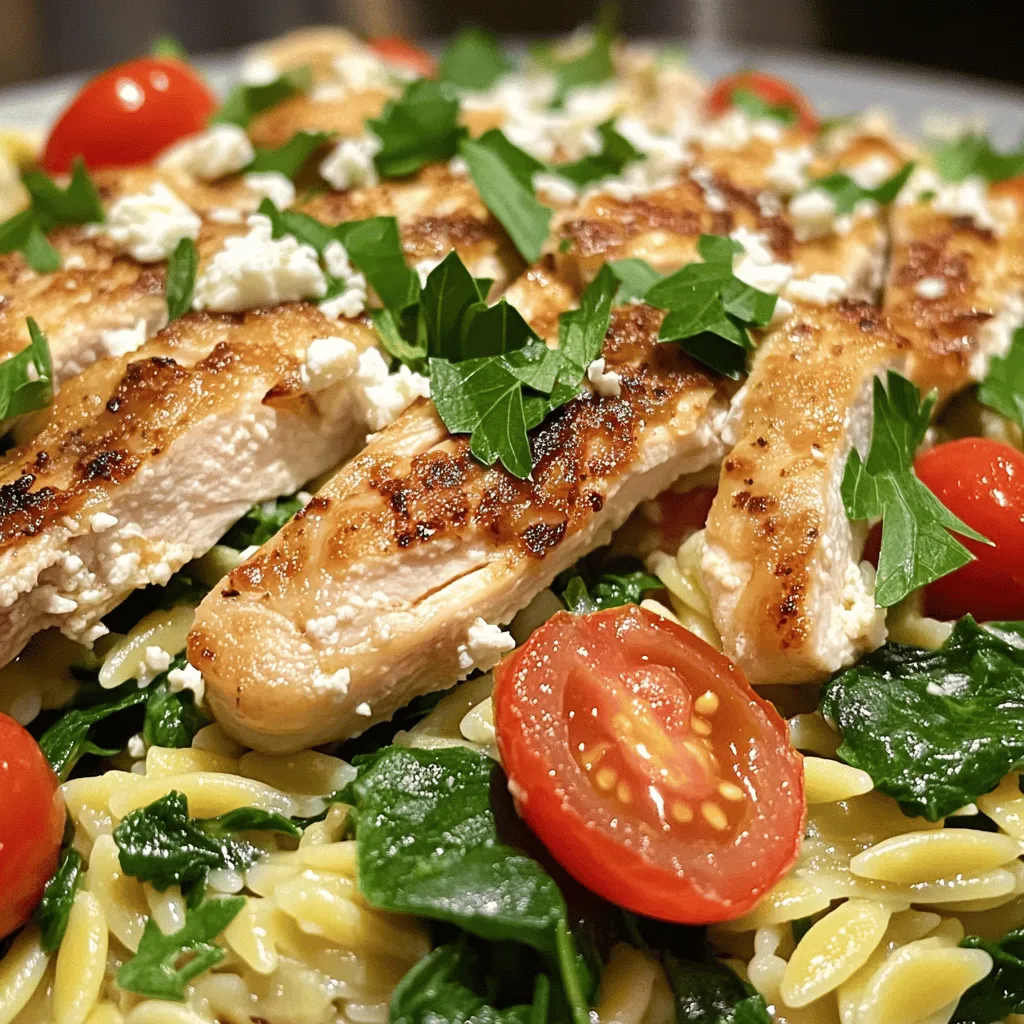 - 1 cup orzo pasta - 2 boneless, skinless chicken breasts (approximately 1 pound) - 2 cups low-sodium chicken broth - 1 tablespoon olive oil - 1 medium onion, diced - 2 cloves garlic, finely minced - 1 cup cherry tomatoes, halved - 1 cup fresh spinach - 1 teaspoon dried oregano - 1 teaspoon smoked paprika - Salt and black pepper, to taste - ¼ cup feta cheese, crumbled (optional for added creaminess) - Fresh parsley, chopped (for garnish) Having the right ingredients is key to making high protein chicken orzo. Each item plays a role in creating flavor and nutrition. The orzo pasta gives a nice texture, while chicken breasts pack in protein. Low-sodium chicken broth keeps it light, and olive oil adds richness. Using fresh veggies like spinach and tomatoes boosts vitamins. The spices like oregano and smoked paprika add depth. Feta cheese can give a creamy finish, but it’s optional. Fresh parsley brightens the dish. High protein chicken orzo contains plenty of protein from chicken. A serving can have around 30 grams of protein. This helps you feel full and aids in muscle repair. Low-sodium chicken broth is smart. It cuts down on salt while still giving flavor. This choice supports heart health. Adding fresh vegetables like spinach and tomatoes is beneficial too. They provide fiber, vitamins, and antioxidants. Together, these ingredients create a nourishing meal that tastes great. For the full recipe, check out High Protein Chicken Orzo Delight. Preparing the chicken broth Start by pouring 2 cups of low-sodium chicken broth into a medium saucepan. Heat it over medium heat until it simmers gently. This broth will add a lot of flavor to the orzo. Cooking the orzo to al dente Once the broth is simmering, add 1 cup of orzo pasta. Cook it according to the package instructions, which is usually about 8 to 10 minutes. You want the orzo to be al dente, so check it a minute early. After cooking, drain the orzo and set it aside. Seasoning techniques While the orzo cooks, take 2 boneless, skinless chicken breasts. Season both sides with salt, black pepper, dried oregano, and smoked paprika. This mix gives the chicken a tasty crust. Cooking methods in the skillet Heat 1 tablespoon of olive oil in a large skillet over medium-high heat. When the oil is hot, add the seasoned chicken breasts. Cook for about 6 to 7 minutes on each side. The chicken should be golden brown and cooked through. After cooking, remove the chicken from the skillet and let it rest for a few minutes. Then, slice it into bite-sized pieces. Sautéing the onion and garlic In the same skillet, lower the heat to medium. Add 1 medium diced onion and sauté for about 3 to 4 minutes. You want the onion to be soft and translucent. Then, add 2 cloves of minced garlic and cook for 1 more minute. This will make your kitchen smell amazing. Adding tomatoes and spinach Next, toss in 1 cup of halved cherry tomatoes and 1 cup of fresh spinach. Stir everything together and cook for another 2 to 3 minutes. The tomatoes should soften, and the spinach will wilt. Mixing in the orzo and chicken Now, add the cooked orzo to the skillet. Toss everything together so the orzo is mixed well with the veggies and flavors. Finally, place the sliced chicken on top of the orzo mixture. If you like, sprinkle ¼ cup of crumbled feta cheese over the top for a creamy touch. Gently mix everything together before serving. These steps will give you a delicious High Protein Chicken Orzo that is both flavorful and nourishing. For the complete recipe, check out the Full Recipe section. - Ensuring juicy chicken: Start with fresh, high-quality chicken breasts. Season them well with salt and pepper. Sear them on medium-high heat for a golden crust. This locks in moisture. Let them rest before slicing. This keeps your chicken juicy. - Tips for perfect orzo texture: Always cook orzo in boiling, salted water or broth. Stir it gently to prevent sticking. Cook until it's al dente. Drain it well, but don’t rinse. This preserves the starch and helps sauce cling better. - Using herbs and spices effectively: Fresh herbs like parsley add brightness. Dried oregano and smoked paprika bring warmth and depth. Don’t be shy! Adjust these to match your taste. A pinch of red pepper flakes can add a nice kick. - Options for additional toppings: Consider adding roasted nuts for crunch. A dollop of yogurt can provide creaminess. Sliced olives or capers can enhance flavor, too. Experiment with your favorites! - Best sides to accompany the dish: A light salad pairs well. Try arugula with lemon vinaigrette. Grilled vegetables also complement the dish nicely. A slice of crusty bread can be perfect for soaking up flavors. - Ideas for garnishing the plate: Fresh parsley adds color. A sprinkle of feta cheese enhances flavor. You can also drizzle good olive oil on top for a finishing touch. These small details make your meal visually appealing and delicious. {{image_4}} You can easily switch the chicken in this dish. Turkey works great and is leaner. If you want something different, try pork or shrimp. For a vegetarian option, use chickpeas or lentils. These choices add protein while keeping the flavors nice. While orzo is delicious, you can use other pastas. Small shapes like ditalini or shells are good picks. For gluten-free options, look for brown rice pasta or quinoa pasta. They offer a nice texture and fit well with the dish. Changing up the veggies can make this meal exciting. Try bell peppers, zucchini, or broccoli for a twist. You can also mix in different cheeses. Goat cheese adds tang, while mozzarella brings creaminess. These small changes keep your meals fresh and fun. For the full recipe, check the full recipe section above. To keep your high protein chicken orzo fresh, use an airtight container. Glass or plastic containers work well. Make sure it cools down at room temperature first. Store leftovers in the fridge for up to three days. If you plan to eat it later, try to separate the chicken from the orzo. This helps keep the orzo from getting mushy. When you want to enjoy the leftovers, reheat them safely. Use a microwave or a skillet on low heat. Stir the dish occasionally to heat it evenly. To keep the flavors strong, add a splash of chicken broth or water while reheating. This stops it from drying out and helps maintain texture. If you want to freeze your chicken orzo, pack it tightly in a freezer-safe container. Make sure to leave some space for expansion. It can stay fresh for up to three months in the freezer. When you're ready to eat it, thaw it in the fridge overnight. Reheat it gently, adding a little liquid if needed. This way, you keep all the great flavors and textures intact. How long does it take to cook? The total cook time is about 30 minutes. You can prepare the dish in less time with practice. Can I make this recipe ahead of time? Yes, you can. Cook the chicken and orzo, then store them in separate containers. What are some common substitutions? You can use quinoa instead of orzo. Chicken can be swapped for turkey. Is orzo a healthy pasta choice? Yes, orzo is a good source of carbs and can be part of a balanced meal. How can I make this recipe lower in calories? Use less olive oil and skip the cheese. You can add more veggies for bulk. Can I omit the cheese? Absolutely! The dish still tastes great without cheese. You can add lemon juice for flavor. This article walks you through a delicious high-protein chicken orzo dish. We covered the ingredients, cooking steps, tips, variations, and storage methods. You now have the tools to create a tasty meal with healthy options. Remember, feel free to change ingredients to match your taste. Discovering new flavors is part of the fun. Enjoy your cooking and share this meal with friends and family!