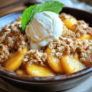 For a tasty peach crumble, you will need: - 6 ripe peaches, pitted and sliced - 1/4 cup granulated sugar - 1 tablespoon fresh lemon juice - 1 teaspoon pure vanilla extract - 1 teaspoon ground cinnamon - 1 cup rolled oats - 1/2 cup all-purpose flour - 1/2 cup packed brown sugar - 1/4 teaspoon sea salt - 1/2 cup unsalted butter, melted - 1/2 teaspoon ground nutmeg Each ingredient plays a key role in your peach crumble: - Peaches bring sweetness and juiciness. - Granulated sugar adds sweetness and helps caramelize the fruit. - Lemon juice balances the sweetness with a bit of tartness. - Vanilla extract adds depth to the flavor. - Cinnamon gives warmth and spice. - Rolled oats create a hearty crumble topping. - All-purpose flour helps bind the topping together. - Brown sugar adds moisture and richness. - Sea salt enhances all the flavors. - Unsalted butter creates a rich and crumbly texture. - Nutmeg adds a hint of warmth and depth. You can easily swap some ingredients for different flavors: - Use nectarines instead of peaches for a similar taste. - Replace granulated sugar with honey or maple syrup for a unique sweetness. - If you don't have lemon juice, try lime juice for a different zing. - For a nutty flavor, use almond extract instead of vanilla. - Substitute rolled oats with quick oats if that's what you have. - For a gluten-free option, use almond flour or a gluten-free flour blend. - You can also use coconut oil instead of butter for a dairy-free version. With these ingredients, you can create a simple yet delicious peach crumble. Check out the Full Recipe for more details on how to put it all together. Start by washing your peaches. Use ripe peaches for the best flavor. Cut them in half, remove the pit, and slice them. You need about six peaches. In a large bowl, mix the sliced peaches with 1/4 cup of granulated sugar. Add one tablespoon of fresh lemon juice and one teaspoon of pure vanilla extract. Sprinkle in one teaspoon of ground cinnamon. Gently stir until all the peaches are coated. Pour this mixture into a greased 9x9 inch baking dish. In another bowl, mix together one cup of rolled oats, 1/2 cup of all-purpose flour, 1/2 cup of packed brown sugar, and 1/4 teaspoon of sea salt. Add 1/2 teaspoon of ground nutmeg for extra flavor. Then, pour in 1/2 cup of melted unsalted butter. Use a fork or your hands to mix until it becomes crumbly. This is your topping. Now, sprinkle the crumble topping over the peaches in the baking dish. Make sure to cover all the fruit. Preheat your oven to 350°F (175°C). Place the baking dish in the oven and bake for 35 to 40 minutes. Look for a golden-brown topping and bubbling juices as signs that it’s ready. Once done, take it out and let it cool for 10 minutes before serving. For a treat, serve it warm with vanilla ice cream. You can find the full recipe to guide you through this delicious dish. When picking peaches, look for ones that feel heavy for their size. They should have a slight give when you press them gently. A sweet aroma means they are ripe and ready to eat. Avoid peaches with green spots, as they are not ripe yet. The best peaches will have a rich color, often a golden yellow or deep red. Adding spices can take your peach crumble to the next level. Cinnamon adds warmth and sweetness. Nutmeg offers a nutty, sweet flavor that pairs well with peaches. You can also try cardamom for a floral note or ginger for a hint of spice. Just a pinch can make a big difference in taste. Serve your peach crumble warm for the best experience. A scoop of vanilla ice cream on top adds creaminess and balances the warmth. You can also sprinkle some chopped nuts for extra crunch. For a fresh touch, garnish with mint leaves. Enjoy it with family or friends for a cozy dessert night. For the complete recipe, check out the full recipe section. {{image_4}} You can make your peach crumble even better. Add a cup of fresh berries. Blueberries or raspberries work great. Mix them in with the peaches before you bake. This extra fruit gives a burst of flavor. It also adds nice color to your dish. If you need a gluten-free version, it's simple! Swap the all-purpose flour with gluten-free flour. Use oats that are certified gluten-free as well. The rest of the recipe stays the same. You’ll still get that crunchy topping and sweet peaches. This option lets everyone enjoy the crumble. To make a vegan peach crumble, just change a few things. Use coconut oil instead of butter. Replace granulated sugar with coconut sugar or maple syrup. Ensure your oats are vegan-friendly. This way, you keep all the yummy flavors without any animal products. Enjoy a guilt-free dessert that tastes amazing! For the full recipe, check out the Peach Paradise Crumble! After enjoying your peach crumble, let it cool completely. Place any leftovers in an airtight container. Store it in the fridge for up to three days. If you want to keep it longer, freezing is a great option. To reheat your peach crumble, preheat your oven to 350°F (175°C). Place the crumble in an oven-safe dish. Cover it with foil to keep it moist. Bake for about 15-20 minutes. Check if it's heated through. You can also use a microwave for a quicker option. Heat in short bursts, stirring in between. To freeze your peach crumble, make sure it’s completely cool. Wrap it tightly in plastic wrap and then aluminum foil. Label it with the date. It can last in the freezer for up to three months. When you’re ready to enjoy it, thaw overnight in the fridge before reheating. This way, you savor that fresh flavor all over again! For the Full Recipe, check the details above! Yes, you can use frozen peaches! Just let them thaw first. Drain any extra juice to keep the crumble from being too watery. This change keeps the dish tasty and easy. Fresh peaches give the best flavor, but frozen works well too. Peach crumble lasts about three to four days in the fridge. Store it in an airtight container to keep it fresh. You can reheat it in the oven or microwave when you want a warm treat. You can serve peach crumble with vanilla ice cream or whipped cream. Both add creaminess to the warm, sweet crumble. Fresh mint leaves also make a nice touch. You can even add a drizzle of caramel sauce for extra flavor. For the full recipe, check out Peach Paradise Crumble. You now have all the tips to make a delightful peach crumble. We covered ingredients, step-by-step actions, and smart storage ideas. Plus, we explored fun variations and flavors to boost your dish. Remember, choosing ripe peaches makes a huge difference. Don't hesitate to get creative with spices and toppings. This recipe is easy and allows for lots of personal touch. Enjoy your baking, and share your tasty results with friends and family!