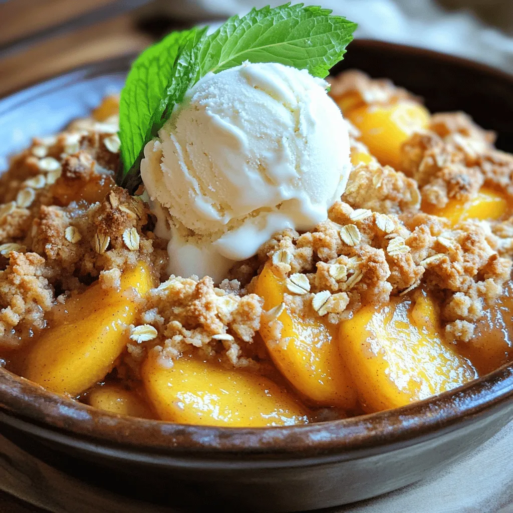 For a tasty peach crumble, you will need: - 6 ripe peaches, pitted and sliced - 1/4 cup granulated sugar - 1 tablespoon fresh lemon juice - 1 teaspoon pure vanilla extract - 1 teaspoon ground cinnamon - 1 cup rolled oats - 1/2 cup all-purpose flour - 1/2 cup packed brown sugar - 1/4 teaspoon sea salt - 1/2 cup unsalted butter, melted - 1/2 teaspoon ground nutmeg Each ingredient plays a key role in your peach crumble: - Peaches bring sweetness and juiciness. - Granulated sugar adds sweetness and helps caramelize the fruit. - Lemon juice balances the sweetness with a bit of tartness. - Vanilla extract adds depth to the flavor. - Cinnamon gives warmth and spice. - Rolled oats create a hearty crumble topping. - All-purpose flour helps bind the topping together. - Brown sugar adds moisture and richness. - Sea salt enhances all the flavors. - Unsalted butter creates a rich and crumbly texture. - Nutmeg adds a hint of warmth and depth. You can easily swap some ingredients for different flavors: - Use nectarines instead of peaches for a similar taste. - Replace granulated sugar with honey or maple syrup for a unique sweetness. - If you don't have lemon juice, try lime juice for a different zing. - For a nutty flavor, use almond extract instead of vanilla. - Substitute rolled oats with quick oats if that's what you have. - For a gluten-free option, use almond flour or a gluten-free flour blend. - You can also use coconut oil instead of butter for a dairy-free version. With these ingredients, you can create a simple yet delicious peach crumble. Check out the Full Recipe for more details on how to put it all together. Start by washing your peaches. Use ripe peaches for the best flavor. Cut them in half, remove the pit, and slice them. You need about six peaches. In a large bowl, mix the sliced peaches with 1/4 cup of granulated sugar. Add one tablespoon of fresh lemon juice and one teaspoon of pure vanilla extract. Sprinkle in one teaspoon of ground cinnamon. Gently stir until all the peaches are coated. Pour this mixture into a greased 9x9 inch baking dish. In another bowl, mix together one cup of rolled oats, 1/2 cup of all-purpose flour, 1/2 cup of packed brown sugar, and 1/4 teaspoon of sea salt. Add 1/2 teaspoon of ground nutmeg for extra flavor. Then, pour in 1/2 cup of melted unsalted butter. Use a fork or your hands to mix until it becomes crumbly. This is your topping. Now, sprinkle the crumble topping over the peaches in the baking dish. Make sure to cover all the fruit. Preheat your oven to 350°F (175°C). Place the baking dish in the oven and bake for 35 to 40 minutes. Look for a golden-brown topping and bubbling juices as signs that it’s ready. Once done, take it out and let it cool for 10 minutes before serving. For a treat, serve it warm with vanilla ice cream. You can find the full recipe to guide you through this delicious dish. When picking peaches, look for ones that feel heavy for their size. They should have a slight give when you press them gently. A sweet aroma means they are ripe and ready to eat. Avoid peaches with green spots, as they are not ripe yet. The best peaches will have a rich color, often a golden yellow or deep red. Adding spices can take your peach crumble to the next level. Cinnamon adds warmth and sweetness. Nutmeg offers a nutty, sweet flavor that pairs well with peaches. You can also try cardamom for a floral note or ginger for a hint of spice. Just a pinch can make a big difference in taste. Serve your peach crumble warm for the best experience. A scoop of vanilla ice cream on top adds creaminess and balances the warmth. You can also sprinkle some chopped nuts for extra crunch. For a fresh touch, garnish with mint leaves. Enjoy it with family or friends for a cozy dessert night. For the complete recipe, check out the full recipe section. {{image_4}} You can make your peach crumble even better. Add a cup of fresh berries. Blueberries or raspberries work great. Mix them in with the peaches before you bake. This extra fruit gives a burst of flavor. It also adds nice color to your dish. If you need a gluten-free version, it's simple! Swap the all-purpose flour with gluten-free flour. Use oats that are certified gluten-free as well. The rest of the recipe stays the same. You’ll still get that crunchy topping and sweet peaches. This option lets everyone enjoy the crumble. To make a vegan peach crumble, just change a few things. Use coconut oil instead of butter. Replace granulated sugar with coconut sugar or maple syrup. Ensure your oats are vegan-friendly. This way, you keep all the yummy flavors without any animal products. Enjoy a guilt-free dessert that tastes amazing! For the full recipe, check out the Peach Paradise Crumble! After enjoying your peach crumble, let it cool completely. Place any leftovers in an airtight container. Store it in the fridge for up to three days. If you want to keep it longer, freezing is a great option. To reheat your peach crumble, preheat your oven to 350°F (175°C). Place the crumble in an oven-safe dish. Cover it with foil to keep it moist. Bake for about 15-20 minutes. Check if it's heated through. You can also use a microwave for a quicker option. Heat in short bursts, stirring in between. To freeze your peach crumble, make sure it’s completely cool. Wrap it tightly in plastic wrap and then aluminum foil. Label it with the date. It can last in the freezer for up to three months. When you’re ready to enjoy it, thaw overnight in the fridge before reheating. This way, you savor that fresh flavor all over again! For the Full Recipe, check the details above! Yes, you can use frozen peaches! Just let them thaw first. Drain any extra juice to keep the crumble from being too watery. This change keeps the dish tasty and easy. Fresh peaches give the best flavor, but frozen works well too. Peach crumble lasts about three to four days in the fridge. Store it in an airtight container to keep it fresh. You can reheat it in the oven or microwave when you want a warm treat. You can serve peach crumble with vanilla ice cream or whipped cream. Both add creaminess to the warm, sweet crumble. Fresh mint leaves also make a nice touch. You can even add a drizzle of caramel sauce for extra flavor. For the full recipe, check out Peach Paradise Crumble. You now have all the tips to make a delightful peach crumble. We covered ingredients, step-by-step actions, and smart storage ideas. Plus, we explored fun variations and flavors to boost your dish. Remember, choosing ripe peaches makes a huge difference. Don't hesitate to get creative with spices and toppings. This recipe is easy and allows for lots of personal touch. Enjoy your baking, and share your tasty results with friends and family!