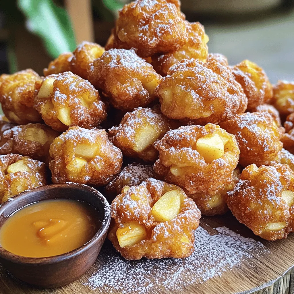 Here are the ingredients you need to make apple fritter bites. Gather these items before you start cooking: - 2 medium-sized apples - 1 cup all-purpose flour - 1/2 cup granulated sugar - 1 teaspoon baking powder - 1/2 teaspoon ground cinnamon - 1/4 teaspoon ground nutmeg - 1/4 teaspoon fine salt - 1/2 cup milk - 1 large egg - 1 teaspoon pure vanilla extract - Oil for frying - Powdered sugar for dusting Using fresh apples makes a big difference. I like Granny Smith for a tart taste or Honeycrisp for sweetness. Remember to use whole milk for a richer flavor in your batter. When it comes to oil, canola or vegetable oil works best for frying. With these ingredients, you can follow the Full Recipe to create something delicious. Enjoy the process! - Preparing the Apples Start by peeling the apples. I prefer Granny Smith for a tart taste, or Honeycrisp for sweetness. Dice the apples into small cubes, about 1/2 inch wide. Place the diced apples in a bowl to keep them fresh. - Mixing Dry Ingredients In a large mixing bowl, combine the all-purpose flour, granulated sugar, baking powder, ground cinnamon, ground nutmeg, and fine salt. Whisk these dry ingredients together until they mix well and are free of lumps. - Blending Wet Ingredients In another bowl, whisk together the milk, beaten egg, and pure vanilla extract. Make sure this mix is smooth and well combined. - Combining Mixtures Gradually pour the wet mixture into the bowl with the dry ingredients. Stir gently until just mixed. It’s fine if some lumps remain; this helps keep the fritter bites fluffy. - Adding the Apples Fold the diced apples into the batter carefully. Make sure they are evenly coated without breaking them. - Heating the Oil In a large pot or deep skillet, pour enough oil to reach about 2 inches deep. Heat it over medium heat until it reaches 350°F (175°C). You can test the oil by dropping in a small amount of batter. If it sizzles and floats, it’s ready. - Frying the Fritter Bites Using a small scoop or teaspoon, drop spoonfuls of the apple batter into the hot oil. Fry in small batches to avoid crowding. Cook each batch for about 2-3 minutes until golden brown. Then flip them carefully with a slotted spoon and fry for another 2-3 minutes. - Draining Excess Oil Once they are golden and cooked through, take the fritter bites out of the oil. Place them on a plate lined with paper towels to absorb extra oil. - Sugar Coating While the fritter bites are still warm, dust them lightly with powdered sugar for a sweet finish that boosts their flavor. - Complete Recipe with Cooking Times This recipe takes about 15 minutes to prep and 30 minutes to cook. You can serve it to four people. - Servings Information Enjoy these tasty apple fritter bites warm and share them with family or friends. For the full recipe, refer to the earlier section. - Avoiding Overmixing: Mix the batter just enough to combine. A few lumps are fine. Overmixing makes fritters tough. - Monitoring Oil Temperature: Keep oil at 350°F (175°C) for perfect frying. Use a thermometer for accuracy. Too hot, and they burn; too cool, and they soak up oil. - Ensuring Even Cooking: Fry in small batches. This helps each fritter cook evenly. Flip them halfway through for a golden color on both sides. - Presentation Tips: Place fritter bites on a nice platter. Dust with powdered sugar for a pretty look. Add a sprig of mint for color. - Dipping Sauce Recommendations: Serve with caramel or maple syrup. These sauces add a delicious touch. You can also try whipped cream for a fun twist. - Pairing Ideas: Enjoy fritter bites with hot cocoa or coffee. They make a perfect snack or dessert. You can also serve them with ice cream for a treat. If you're ready to make your own delicious apple fritter bites, check out the Full Recipe for all the details! {{image_4}} Adding Nuts or Raisins You can boost flavor by adding nuts or raisins. Chopped walnuts or pecans add crunch. They also give a nice nutty taste. If you prefer sweetness, try adding raisins. Just mix them into the batter before frying. Using Different Types of Apples Change up the taste by using different apples. Granny Smith apples give a tart flavor. Honeycrisp apples are sweet and juicy. You can even mix varieties for a unique taste. Explore what you like best! Chocolate Chip Apple Fritter Bites For a fun twist, add chocolate chips to the batter. The chocolate melts into gooey pockets of sweetness. This makes the fritter bites even more delightful. Just fold in about half a cup of chocolate chips before frying. Gluten-Free Options If you want gluten-free fritter bites, swap all-purpose flour for a gluten-free blend. Many blends work well in this recipe. Just check that your blend has a good balance of starches and flours. Dairy-Free Alternatives To make these bites dairy-free, replace milk with almond or oat milk. These options keep the batter creamy and rich. You can also use a dairy-free yogurt for added flavor. Low-Sugar Substitutes For a lower sugar version, use a sugar substitute like stevia or monk fruit. This keeps the sweetness without the extra calories. Adjust to taste, as some substitutes are sweeter than sugar. Try these variations to make the recipe your own. You can find the full recipe above to guide you. To store leftover fritter bites, let them cool first. Place them in an airtight container. They stay fresh in the fridge for up to three days. If you want to reheat them, use an oven or air fryer. Place them at 350°F (175°C) for about 5-7 minutes. This keeps them crisp and tasty. If you want to keep fritter bites for longer, freezing is a great option. Make sure they are cool, then lay them on a baking sheet. Freeze them for about an hour until firm. After that, transfer them to a freezer-safe bag. They can stay frozen for up to three months. To reheat frozen fritter bites, avoid the microwave. This makes them soggy. Instead, use an oven or air fryer. Preheat to 350°F (175°C) and heat for 10-12 minutes. You’ll enjoy them just like fresh! For the full recipe, check out the [Full Recipe]. Can I make apple fritters without eggs? Yes, you can make apple fritters without eggs. Use unsweetened applesauce or flaxseed meal mixed with water as a binding agent. This will help hold the fritter bites together. How do I know when the oil is hot enough? To check the oil temperature, use a thermometer. Aim for 350°F (175°C). You can also drop a small amount of batter into the oil. If it sizzles and rises, your oil is ready. What type of apples are best for fritters? Granny Smith apples work well for a tart flavor. Honeycrisp apples add sweetness. You can mix both for a great balance. How long do apple fritter bites last? Apple fritter bites last for about 1-2 days at room temperature. Store them in an airtight container to keep them fresh. Can I bake apple fritter bites instead of frying them? Yes, you can bake them. Preheat your oven to 375°F (190°C). Place the fritter bites on a baking sheet lined with parchment paper. Bake for 15-20 minutes or until golden brown. In this post, we explored how to make tasty apple fritter bites. You learned key ingredients, like apples and spices, and followed step-by-step instructions. I shared tips for perfecting your fritters, including cooking techniques and presentation ideas. You also discovered variations and storage methods to keep your fritters fresh. Enjoy experimenting in your kitchen. Create your perfect fritter bites that suit your taste and style!