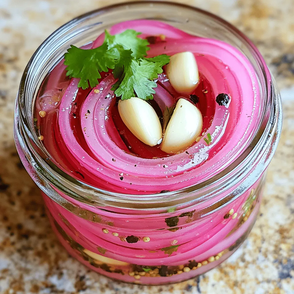 To make quick pickled red onions, you need just a few simple ingredients. Here’s what you will need: - 1 large red onion, thinly sliced - 1 cup apple cider vinegar - 1 cup water - 2 tablespoons granulated sugar - 1 teaspoon kosher salt - 1 teaspoon whole black peppercorns - 3 cloves garlic, peeled and gently crushed - ½ teaspoon crushed red pepper flakes (optional for extra heat) - Fresh herbs for garnish (cilantro or parsley recommended) These ingredients come together to create a tangy and sweet flavor that brightens up any dish. The red onion adds a nice crunch and vibrant color. Apple cider vinegar gives it the perfect tang, while the sugar balances it out with sweetness. Don't forget the garlic and peppercorns; they add depth to the flavor. You can kick it up a notch with the crushed red pepper flakes if you want some heat. Lastly, a sprinkle of fresh herbs on top makes it look and taste even better. You can find the full recipe at the end of this section. 1. Start by peeling and slicing the red onion. Use a sharp knife for even slices. This helps the onions pickle evenly. 2. Next, combine the pickling ingredients in a medium saucepan. You will need apple cider vinegar, water, sugar, kosher salt, whole black peppercorns, and garlic. 3. Place the saucepan over medium heat. Stir until the sugar and salt dissolve in the vinegar mixture. This step ensures a balanced flavor. 4. Once dissolved, cool the mixture for about 10 minutes. This helps the flavors blend before pickling. 1. Layer the sliced onions into a clean glass jar. Make sure to create an even layer for better pickling. 2. Carefully pour the warm pickling liquid over the onions. Ensure they are fully submerged. Press down gently if needed. 3. Seal the jar tightly with the lid. Allow it to cool to room temperature before placing it in the refrigerator. 1. For the best flavor, let the onions pickle for at least 30 minutes. For a zesty taste, marinate them for several hours or overnight. 2. Short-term pickling gives a milder taste, while long-term pickling enhances the flavor. Experiment with both to find your favorite. This simple method will give you quick pickled red onions that brighten any dish. For the full recipe, check out the complete guide above! To get the best slices, use a sharp knife or a mandoline. This helps you achieve even slices. Even slices mean better flavor and texture. You can also tweak the sugar and salt in the recipe. Taste as you go and adjust to your liking. Pickled red onions shine on tacos, salads, or sandwiches. They can add a bright, zesty flair to your dishes. For a fun touch, use fresh herbs like cilantro or parsley to garnish. This adds color and makes your dish look special. One big mistake is not using enough vinegar. Vinegar is key for proper pickling. Without it, your onions might not pickle well. Another common error is skipping the cooling step. Always let the liquid cool before refrigerating. This helps the flavors blend better. For the full recipe, check out [Full Recipe]. {{image_4}} To make your quick pickled red onions even better, try adding spices. Dill seeds and mustard seeds work great. They add depth and a unique twist to the flavor. You can also play with other ingredients. For example, sliced jalapeños give a nice kick. Carrots add color and sweetness too. Feel free to mix and match to find your favorite combination. While apple cider vinegar is a classic choice, don't stop there. Red wine vinegar gives a rich flavor that pairs well with onions. White wine vinegar offers a lighter taste, great for salads. Rice vinegar is another option that adds a mild sweetness. Experiment with these to see what you like best! Want your pickled onions to pack more heat? Start by adjusting the crushed red pepper flakes. Add more if you love spicy food. You can also try fresh chili peppers for a fresh burst. Thinly slice them and mix them in with the onions. Adjust to your taste for the perfect level of heat. To keep your quick pickled red onions fresh, use a clean glass jar with a tight lid. Glass is great because it does not react with the vinegar. You can also use a plastic container, but make sure it seals well. Airtight containers help keep air out, which keeps the onions crisp. Quick pickled red onions last about two weeks in the fridge. For best taste, eat them within this time. To keep them fresh, always use a clean utensil when serving. Avoid cross-contamination with other foods, which can spoil them faster. You can freeze pickled onions, but they may lose some crunch. If you want to freeze them, place the onions in a freezer-safe bag. Remove as much air as you can before sealing. When you want to use them, thaw them overnight in the fridge. Use them in cooked dishes like tacos or salads once thawed. Making quick pickled red onions is easy and quick. You need about 10 minutes to prep. The total time, including pickling, is about 40 minutes. However, for the best taste, let them sit for a few hours or overnight. This extra time helps the onions absorb all the flavors. Yes, you can use other onions! White and yellow onions work well, too. Each type brings its own taste. White onions are milder, while yellow onions offer a sweeter flavor. Don't be afraid to experiment and find what you like best. Pickled onions are very versatile. You can use them on tacos, salads, or sandwiches. They add a nice crunch and tang. Try them in grain bowls or on burgers for a zesty twist. I love using them to brighten up a dish and make it pop. Yes, it is safe! After a few days in the fridge, pickled onions stay fresh. They can last up to two weeks if stored properly. Just make sure the jar is sealed tightly. Always check for any off smells or changes in color before eating. Enjoy your zesty quick pickled red onions from the [Full Recipe]! You now know how to make quick pickled red onions. We covered the ingredients, preparation steps, and pickling process. You also learned tips for flavor variations, food storage, and common mistakes to avoid. Remember, perfecting your pickled onions takes practice. Feel free to experiment and adjust flavors to suit your taste. Enjoy your delicious pickled onions on tacos, salads, and more. Happy pickling!