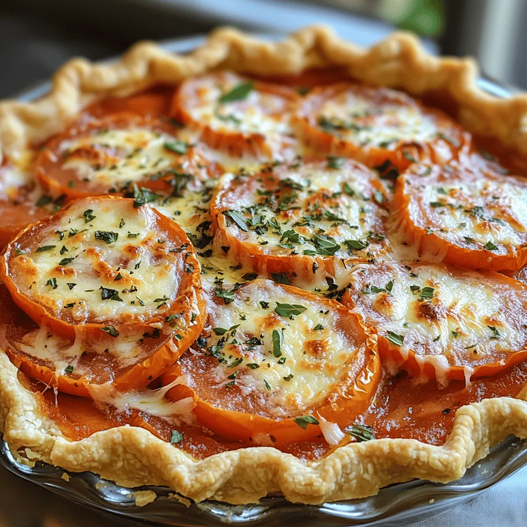 To make Grandma’s 2-Step Tomato Pie, gather these key ingredients: - 1 pre-made pie crust - 4 medium ripe tomatoes, sliced - 1 cup shredded mozzarella cheese - 1 cup mayonnaise - 1/2 cup grated Parmesan cheese - 1 tablespoon fresh basil, finely chopped - 1 teaspoon garlic powder - Salt and freshly ground black pepper to taste These ingredients create a delicious blend of flavors. The ripe tomatoes add freshness, while the cheeses give richness. Mayonnaise acts as a creamy binder, making each bite decadent. You can customize your pie with these optional ingredients: - 1/2 cup cooked and crumbled bacon - 1/2 cup chopped spinach or kale - 1 teaspoon dried oregano or thyme - Sliced olives for a briny kick These additions can enhance your pie’s taste. For instance, bacon adds a savory crunch. Fresh herbs can make the pie bright and aromatic. Feel free to mix and match based on your taste preferences. When serving your tomato pie, consider these pairings: - A crisp green salad with vinaigrette - Garlic bread or crusty baguette - A glass of chilled white wine These pairings complement the pie's rich flavors. A salad adds freshness and balance, while bread can soak up any delicious juices. Enjoy your meal with family and friends. For the complete recipe, check out the Full Recipe. To start, preheat your oven to 375°F (190°C). This makes sure your pie bakes evenly. Grab the pre-made pie crust and place it gently in your pie dish. Make sure to press it against the edges. Use a fork to poke holes in the bottom. This prevents the crust from bubbling up while it bakes. Now, let's layer the tomatoes and cheese. First, take half of the sliced tomatoes and spread them evenly in the crust. Sprinkle salt and pepper over the tomatoes. This step brings out their best flavor. In a bowl, mix mayonnaise, mozzarella, Parmesan, garlic powder, and basil. Stir until it’s creamy. Spread half of this mixture over the tomatoes. Add the rest of the sliced tomatoes on top. Finally, use the remaining cheese mixture to cover everything. Smooth it out with a spatula. Place your pie in the preheated oven. Bake it for about 30-35 minutes. Look for a golden brown top that bubbles. This means it’s ready! After baking, take it out and let it cool for a few minutes. This cooling time helps with slicing. Once cool, cut the pie into wedges and serve warm. Enjoy this tasty dish! Choosing the right tomatoes makes all the difference in your pie. Look for medium ripe tomatoes. They should feel firm but give slightly when you press them. The skin should be smooth and shiny. Avoid tomatoes that are bruised or have dark spots. Heirloom or vine-ripened varieties work great. They add rich flavor and sweetness to your dish. To make a perfect pie, avoid some common pitfalls. First, do not skip the steps for preparing the crust. Poking holes helps it bake evenly. Next, layer the tomatoes properly. Do not pile them high; this can lead to sogginess. Finally, keep an eye on the baking time. Every oven is different, so check for that golden brown top. Fresh herbs and spices truly elevate your tomato pie. Use basil for a classic touch. It pairs well with tomatoes and adds a fresh taste. You can also try oregano for a warm flavor. Garlic powder gives a nice kick, but fresh garlic adds depth. Just remember, use these in moderation. You want the tomato flavor to shine through. For more tips, check out the Full Recipe to see how these flavors come alive! {{image_4}} You can make Grandma’s 2-Step Tomato Pie even better with more veggies. Try adding spinach, zucchini, or bell peppers. Chop these into small pieces and layer them with the tomatoes. They add color and flavor. You can also use mushrooms for a nice earthy taste. This is a great way to sneak in some healthy greens. If you need a gluten-free option, don’t worry! You can find pre-made gluten-free pie crusts at most stores. Just check the label to ensure it meets your needs. You can also make your own crust using almond flour or a blend of gluten-free flours. Both options work well and keep the pie delightful. For a heartier pie, consider adding proteins like bacon or chicken. If you choose bacon, cook it first until crispy, then crumble it over the tomato layer. If you prefer chicken, use cooked, shredded chicken. Mix it into the cheese mixture for extra flavor and texture. These additions turn the pie into a filling meal. For the complete cooking process, check the Full Recipe. To keep your leftover tomato pie fresh, let it cool first. Then, cover it tightly with plastic wrap or foil. You can also place it in an airtight container. This helps lock in the flavors and keep it moist. Store it in the fridge for up to three days. Remember to label it with the date, so you know when to enjoy it again. When you're ready to eat the leftover pie, preheat your oven to 350°F (175°C). Place the pie on a baking sheet and cover it with foil. This helps it warm evenly without drying out. Bake for 15-20 minutes or until heated through. If you want a crispy crust, uncover it for the last five minutes. Enjoy each warm slice like it's fresh from the oven! If you want to save the pie for later, freezing is a great option. First, let the pie cool completely. Wrap it tightly in plastic wrap, then cover it with foil. This double layer helps prevent freezer burn. You can freeze it for up to three months. When you're ready to eat it, thaw it in the fridge overnight before reheating. Enjoy Grandma’s tomato pie anytime! For the full recipe, check out the details above. Grandma's 2-Step Tomato Pie lasts about 3 to 5 days in the refrigerator. Store it in an airtight container to keep it fresh. Make sure it cools completely before you cover it. This helps avoid extra moisture that can make the pie soggy. Yes, you can make this pie ahead of time! Prepare the pie up to the baking step. Cover it well and keep it in the fridge for a day or two. When you’re ready, bake it straight from the fridge. Just add a few extra minutes to the baking time to ensure it heats through. This tomato pie goes great with many sides! Here are some tasty options: - A fresh garden salad with light dressing - Roasted vegetables for a warm touch - Garlic bread for a crunchy contrast - Coleslaw for a cool, crispy side These sides will balance the rich flavors of the pie very well. Enjoy your meal! In this blog post, we explored Grandma’s 2-step tomato pie recipe. You learned about key and optional ingredients, plus how to customize flavors. I gave detailed steps for making the pie, along with tips for choosing fresh tomatoes and avoiding common mistakes. We discussed variations for diet needs and how to store leftovers. Making this dish is simple and rewarding. Enjoy experimenting with flavors to make it your own! Happy cooking!