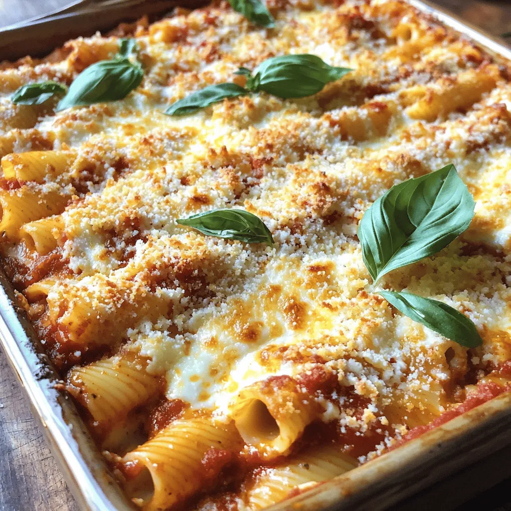 - 1 pound ziti pasta - 1 pound ground beef or Italian sausage (or a mix) - 1 jar (24 oz) marinara sauce - 1 can (15 oz) ricotta cheese - 2 cups shredded mozzarella cheese - 1 cup grated Parmesan cheese For the Million Dollar Baked Ziti, quality matters. Use fresh ingredients for the best taste. Ziti pasta is the star of this dish. It holds the sauce well and gives a great bite. Ground beef or Italian sausage adds rich flavor. A mix of both can make it even better. Marinara sauce brings everything together, while ricotta cheese adds creaminess. The mozzarella and Parmesan create that lovely, bubbly cheese layer on top. - 1 teaspoon red pepper flakes - Fresh basil for garnish - 1 teaspoon Italian seasoning You can customize your baked ziti with a few add-ins. If you like heat, add red pepper flakes to the sauce. Fresh basil is a great garnish for color and flavor. Italian seasoning adds depth and warmth. These optional ingredients can enhance your ziti experience. - Large pot - Skillet - Baking dish - Mixing bowl - Aluminum foil Before you start cooking, gather your kitchen tools. A large pot is vital for boiling the pasta. A skillet helps cook your meat and sauce. Use a baking dish to layer your ziti. A mixing bowl is great for combining ingredients. Aluminum foil is needed to cover the dish while it bakes. Having these tools ready makes the process smooth and easy. For the full recipe, check out the details above. - Preheat oven to 375°F (190°C). - Cook ziti pasta until al dente. Start by preheating your oven. A hot oven helps the ziti cook evenly. Next, bring a large pot of salted water to a boil. Add the ziti pasta and cook it just until al dente. This means it should be firm to the bite but not hard. Once it’s done, drain the pasta and let it cool for a bit. - Sauté onion and garlic. - Brown the ground meat. - Mix in marinara and ricotta. In a large skillet, heat olive oil over medium heat. Add the chopped onion and sauté until soft. This should take about 3 to 4 minutes. Then, add minced garlic and stir for one more minute. Next, add the ground beef or Italian sausage. Break it apart with a spatula and cook until it's brown. This usually takes about 7 to 10 minutes. If there's too much fat, drain it off. After that, pour in the marinara sauce and add the ricotta cheese. Sprinkle in Italian seasoning and red pepper flakes if you want some heat. Season with salt and pepper to taste, then mix it all well. - Combine pasta with sauce mixture. - Layer in baking dish with cheeses. - Cover and bake. Grab a large mixing bowl and add the cooked ziti. Pour the rich sauce mixture over the pasta. Stir gently to coat every piece in that delicious sauce. Grease a 9x13 inch baking dish with olive oil. Spread half of the ziti mixture in the bottom. Now, sprinkle half of the mozzarella and half of the Parmesan on top. Add the rest of the ziti mixture and finish with the remaining cheeses. Cover the dish with aluminum foil and bake it in the oven. Bake for 25 minutes, then remove the foil. Bake for an additional 15 to 20 minutes. You want the cheese to be bubbly and golden brown. For the full recipe, check out the details above! To make your baked ziti truly shine, use a mix of cheeses. I love combining mozzarella, ricotta, and Parmesan. Each cheese adds its unique flavor and texture. For a creamier sauce, mix ricotta with a splash of milk before adding it to the marinara. This simple trick makes the dish richer and more inviting. Want to make a vegetarian version? Swap the meat for vegetables! Try using sautéed mushrooms, zucchini, or bell peppers. You can also add spinach for more nutrients. For cheese, consider using plant-based options. These alternatives melt well and taste great, ensuring everyone can enjoy this meal. Pair your Million Dollar Baked Ziti with a fresh salad or garlic bread. A crisp Caesar salad offers a nice contrast to the warm ziti. For upscale events, serve the ziti in individual portions. This adds a touch of elegance and makes serving easy. You can even garnish each plate with fresh basil for that gourmet look. For the full recipe, check the earlier section. Enjoy creating your own comforting family feast! {{image_4}} For those who crave more meat, consider adding pancetta or prosciutto. These cured meats bring a salty and rich flavor to your baked ziti. You can also mix in ground turkey or chicken if you want to lighten it up. The key is to combine flavors that complement the marinara sauce. To give your ziti a gourmet twist, drizzle truffle oil on top before serving. Truffle oil adds a rich aroma that elevates the dish. You can also experiment with unique cheeses. Try using goat cheese or Gruyère for a different taste. If you want to switch it up even more, consider a white sauce version. Make a creamy béchamel sauce instead of using marinara. This adds a new layer of flavor to your dish. If you need gluten-free options, look for gluten-free pasta. Many types are now available and cook just like regular pasta. For those avoiding dairy, there are several dairy-free cheese alternatives on the market. Nutritional yeast can add a cheesy flavor without the dairy. You can mix these alternatives into your baked ziti without losing taste. For the full recipe, check out Million Dollar Baked Ziti. After enjoying your Million Dollar Baked Ziti, let it cool down. Use an airtight container to store your leftovers in the fridge. This keeps it fresh and tasty. Aim to eat the leftovers within 3 to 5 days for the best flavor. When reheating, you can use the oven or microwave. If using the oven, preheat it to 350°F (175°C). Cover the dish with foil to keep it moist, and heat for about 20 minutes. If using a microwave, place a portion on a microwave-safe plate. Heat in short bursts to avoid drying it out. You can freeze baked ziti before or after baking. If freezing before baking, assemble the dish and cover it tightly with plastic wrap and then foil. This protects it from freezer burn. Freeze for up to 3 months. When ready to bake, thaw it in the fridge overnight. If freezing after baking, let it cool first. Then cut it into portions and place each in a freezer-safe container. You can also wrap it in plastic wrap and foil. This helps keep it fresh for up to 3 months. Baked ziti lasts about 3 to 5 days in the fridge. Always check for signs of spoilage. Look for mold, an off smell, or a change in texture. If you see any of these signs, it’s best to toss it out. When stored properly, you can enjoy this hearty dish multiple times! Yes, you can prep Million Dollar Baked Ziti ahead of time. This saves time on busy days. 1. Cook the pasta: Follow the recipe, but stop before baking. 2. Assemble: Layer the pasta, meat sauce, and cheese in the dish. 3. Cover: Use plastic wrap or foil to cover the dish tightly. 4. Chill: Store it in the fridge for up to 24 hours. 5. Bake: When ready, remove the cover and bake as directed. Add a few extra minutes if cold. Reheating baked ziti can keep it tasty. Here are some tips: - Oven method: Preheat your oven to 350°F (175°C). Place the ziti in an oven-safe dish. - Cover: Use foil to cover the dish. This keeps moisture in. - Heat: Bake for about 20-25 minutes. Check that it’s hot all the way through. - Microwave: For a quick option, use the microwave. Heat in 1-minute intervals, stirring in between. Yes, you can switch the pasta for a different kind. Here are some good options: - Penne: This shape holds sauce well and is fun to eat. - Fusilli: The twists catch sauce and cheese nicely. - Rigatoni: Larger tubes add a hearty bite to the dish. Feel free to try your favorite pasta! This allows for personal taste. The full recipe provides clear steps to help you create a delicious meal. Baked Ziti is a crowd-pleaser with its rich flavors and warm texture. We explored the best ingredients, from ziti pasta to flavorful sauces and cheeses. I shared steps to prep, bake, and serve this dish. Remember to mix cheeses for the perfect layer. Whether you use meat or go vegetarian, baked ziti adapts well. Store leftovers properly for later enjoyment. As you gather family and friends, this dish will surely impress. Your cooking adventure with baked ziti can be fun and fulfilling. Enjoy every bite!