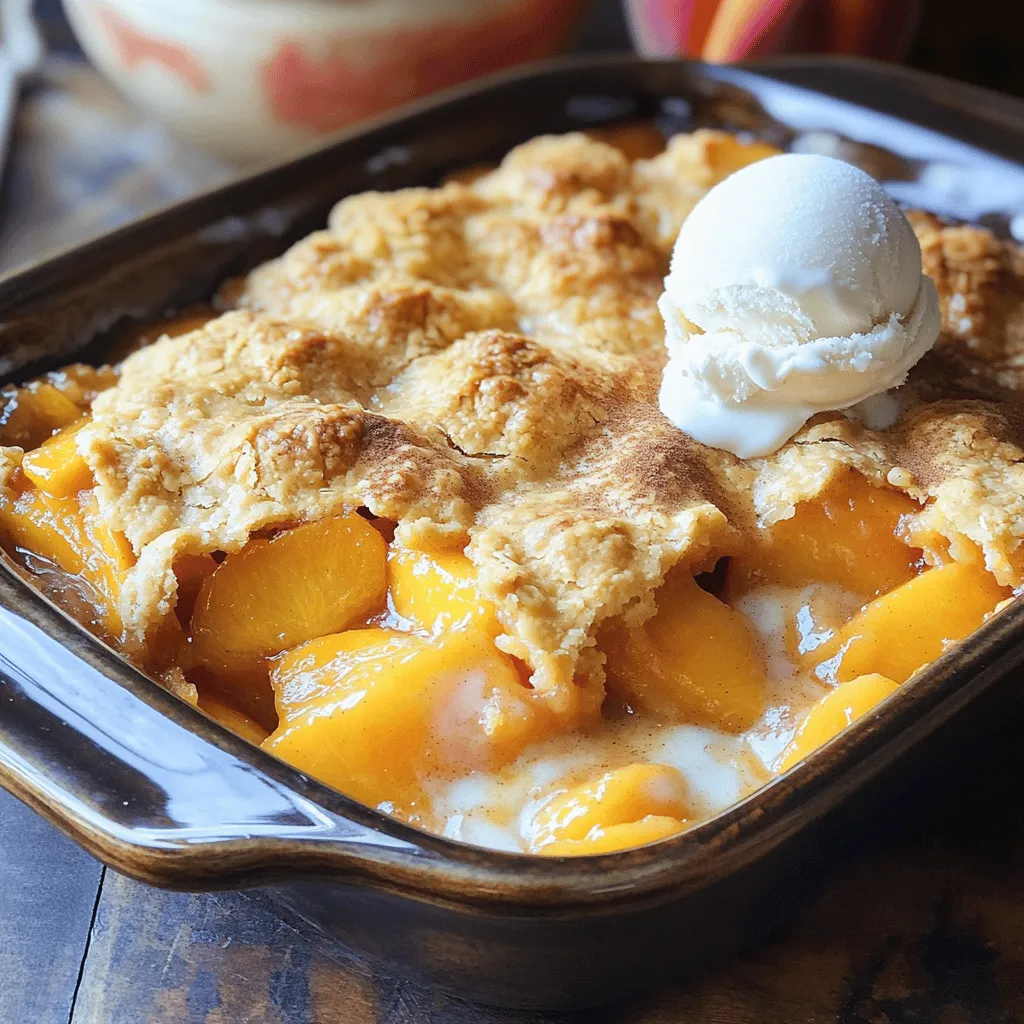 For this peach cobbler, fresh peaches are key. You need: - 4 cups fresh peaches, peeled and sliced - 1 tablespoon fresh lemon juice The peaches bring natural sweetness and a juicy texture. The lemon juice adds a nice zing, balancing the sweetness. You also need some dry ingredients. They are: - 1 cup granulated sugar (divided into 1/2 cup and 1/2 cup) - 1/2 teaspoon ground cinnamon - 1 1/2 cups Bisquick mix - A pinch of salt Sugar sweetens the dish and helps create a golden crust. Cinnamon adds warmth and spice, while Bisquick mix gives the cobbler its structure. The pinch of salt enhances all the flavors. You can add some fun extras to boost flavor. Consider: - 1 teaspoon pure vanilla extract - 1 cup milk - 1/4 cup unsalted butter, melted Vanilla adds depth, while milk and butter make the batter rich and creamy. These ingredients work together to create a delightful cobbler. For the full recipe, check out the earlier sections. Start by washing and peeling your peaches. You need about four cups of fresh peaches. Slice them into thin pieces. In a large bowl, mix the sliced peaches with half a cup of sugar. Add one tablespoon of fresh lemon juice and half a teaspoon of ground cinnamon. This mix brings out the sweet flavor of the peaches. Let this sit for about 10 minutes. The sugar will draw out the juices from the peaches, making them even sweeter. After 10 minutes, pour the peach mixture into a greased 9x13-inch baking dish. Spread it out evenly so every bite has peach goodness. In another bowl, grab 1 ½ cups of Bisquick mix. Add the remaining half cup of sugar, one cup of milk, a quarter cup of melted butter, one teaspoon of vanilla extract, and a pinch of salt. Whisk these together until the batter is smooth. This batter is the key to a fluffy topping. Don’t worry if it seems runny; it will create a lovely crust when baked. Now carefully pour the batter over the peaches in the baking dish. Avoid stirring it; the magic happens in the oven. Preheat your oven to 350°F (175°C). Once it’s hot, place the baking dish inside. Bake for 40 to 45 minutes. The top should turn golden brown when it’s ready. To check if it's fully baked, insert a toothpick into the batter. If it comes out clean, it’s perfect! After baking, let the cobbler cool for a few minutes. It’s best served warm. For a special touch, add a scoop of vanilla ice cream on top. This peach cobbler is a treat you won’t forget! For the full recipe, refer to the earlier section. To get a great crust, use the right technique. Pour the batter over the peaches without stirring. This helps the batter rise during baking. It also forms a nice, golden crust on top. Make sure your oven is preheated. An even heat helps with browning. Check the cobbler as it bakes. You want a lovely golden color and a toothpick that comes out clean. Once your cobbler is baked, let it cool for about 10 minutes. This helps the juices settle and makes it easier to serve. Serve it warm for the best taste. A scoop of vanilla ice cream on top makes it even better. You can sprinkle some cinnamon for extra flavor. This classic combo is sure to impress your guests. Spices can take your cobbler to the next level. I love adding a pinch of nutmeg or even some ginger. These spices add warmth and depth to the dish. You can also try a splash of almond extract for a new twist. Experiment with flavors that you enjoy. This way, you can make the cobbler truly your own. Remember, a little goes a long way! For the full recipe, check out the details above. {{image_4}} You can switch up the fruit in your cobbler. Try using fresh berries, like blueberries or raspberries. Apples and pears work well too. Each fruit brings a new flavor to the dish. You can even mix two or more fruits for a fun twist. Just keep the same measurements for the filling. If you need a gluten-free option, try using gluten-free baking mix instead of Bisquick. Many brands offer great substitutes that taste just as good. You can also make your own mix with almond flour and cornstarch. Just follow the same steps in the recipe. Adding nuts can give your cobbler a nice crunch. Walnuts or pecans blend well with peaches. Chop them before adding to the batter. You can also add spices like nutmeg for a warm taste. A splash of almond extract can deepen the flavor too. Each addition makes your cobbler unique and special. Check out the Full Recipe for all the details! To keep your Bisquick peach cobbler fresh, let it cool first. Cover it with plastic wrap or foil. Store it in the fridge for up to three days. Make sure it’s in an airtight container. This helps keep the texture nice and prevents it from drying out. When you’re ready to enjoy your leftover cobbler, reheating is key. Preheat your oven to 350°F (175°C). Place the cobbler in an oven-safe dish. Heat for about 15-20 minutes. You want it warm but not too hot. This method keeps the crust crispy and the peaches juicy. If you want to save your cobbler for later, freezing works well. First, let it cool completely. Cut it into individual pieces and wrap each piece tightly in plastic wrap. Then, place them in a freezer bag. You can freeze it for up to three months. When you're ready to eat, thaw it in the fridge overnight and reheat it in the oven. Enjoy the same great taste from the Full Recipe! Yes, you can use canned peaches. Just make sure to drain them well. Canned peaches add a sweet flavor and save time. Opt for peaches in juice or light syrup for the best taste. The cobbler is done when the top turns golden brown. You can check with a toothpick. Insert it into the batter; if it comes out clean, the cobbler is ready. The edges should bubble slightly, too. Some great toppings include vanilla ice cream or whipped cream. You can also sprinkle cinnamon on top. Try adding chopped nuts for a nice crunch. Fresh mint leaves can add a pop of color. In this post, we covered how to make a tasty Bisquick Peach Cobbler from fresh ingredients. You learned about preparing the peaches, making the perfect batter, and baking. We explored tips for a great crust and how to enhance flavors. You also found fun variations, smart storage tips, and answers to common questions. Remember, a good cobbler combines fresh fruit and a warm crust. Enjoy your baking adventure!