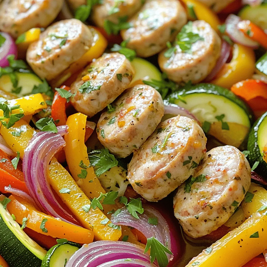 To create a tasty dish, gather these simple ingredients: - 2 chicken sausages, sliced into uniform rounds - 1 cup assorted bell peppers (red, yellow, and green), sliced into strips - 1 cup zucchini, cut into half-moon shapes - 1 small red onion, cut into wedges - 2 tablespoons extra virgin olive oil - 1 teaspoon garlic powder - 1 teaspoon Italian seasoning blend - Salt and freshly ground black pepper, to taste - Fresh parsley, finely chopped (for garnish) These ingredients provide a colorful mix of flavors and textures. The chicken sausages add protein, while the veggies bring freshness and crunch. The olive oil helps to enhance the taste and ensures even cooking. The spices tie everything together, creating a well-seasoned and balanced meal. For a complete guide to preparing this dish, check out the Full Recipe. First, set your air fryer to 400°F (200°C). Preheat it for about 3 minutes. Preheating helps cook the chicken sausage and veggies evenly. It also gets them crispy faster. This step is key for great taste and texture. Next, slice the chicken sausages into uniform rounds. Use a sharp knife for clean cuts. Then, grab your assorted bell peppers and cut them into strips. Cut the zucchini into half-moons and the red onion into wedges. In a large bowl, mix the sliced sausages and veggies together. Drizzle 2 tablespoons of extra virgin olive oil over the mix. Sprinkle 1 teaspoon each of garlic powder and Italian seasoning. Add salt and freshly ground black pepper to taste. Toss everything well. Make sure each piece is coated in oil and spices. This adds flavor and helps with cooking. Now, it’s time to air fry. Carefully transfer the mixture to the air fryer basket. Spread it out in a single layer. This helps everything cook evenly. Set the timer for 8-10 minutes. Halfway through, gently shake the basket. This allows for even crispiness. Check the chicken sausages to ensure they are heated through. The veggies should be tender with a nice char. When done, remove the basket. Garnish with freshly chopped parsley for a pop of color and flavor. Enjoy your 10-minute air fryer chicken sausage and veggies dish! For the complete recipe, refer to the Full Recipe. To get that perfect crispiness, shake the basket during cooking. This action helps the heat reach all sides of the sausage and veggies. I like to give it a gentle shake about halfway through. It’s like giving your meal a little dance! If you want a crunchier texture, adjust the cook time. Cook for an extra minute or two if needed. Just keep an eye on it to avoid overcooking. Want to kick up the flavor? Consider adding extra seasonings. A pinch of smoked paprika adds warmth, while cayenne pepper gives it a nice kick. You can also mix in fresh herbs like thyme or basil for added freshness. Marinades can elevate this dish too. Try marinating the sausages in a mix of olive oil, lemon juice, and garlic for a few hours before cooking. Spice blends like Cajun or taco seasoning can also transform your meal with little effort. Serving is just as important as cooking. Use a large, colorful bowl for a vibrant display. Garnish with fresh parsley for a pop of color. You can also serve it on a bed of greens or alongside a light salad. For a complete meal, pair it with crusty bread or a side of quinoa. This adds texture and makes it more filling. A splash of balsamic glaze on top can also enhance the look and flavor. Enjoy making your dish not just tasty, but beautiful too! {{image_4}} You can mix and match your veggies. Try seasonal vegetables like asparagus or mushrooms. These add great flavor and color. You can also use carrots or broccoli for a crunch. If you want to swap proteins, turkey sausage works well. It keeps the same taste but cuts fat. You can even use tofu for a vegetarian option. Just slice it and toss it in with the veggies. For gluten-free options, check your sausage label. Most chicken sausages are gluten-free. You can also add gluten-free breadcrumbs if you like a crunch. If you're low-carb, skip the starchy veggies. Instead, use cauliflower or green beans. These will keep your meal light and healthy. Making this dish ahead is easy. Cook a double batch and store leftovers in the fridge. It stays fresh for up to three days. To reheat, pop it back in the air fryer for 3-5 minutes. Serve it for lunch or dinner. You can pair it with a fresh salad or crusty bread. This makes it a great option for any occasion. Enjoy exploring these variations to make the dish your own! For the full recipe, check out the 10-Minute Air Fryer Chicken Sausage & Veggies Delight. After enjoying your air fryer chicken sausage and veggies, you may have some leftovers. Store them in an airtight container. Place it in the fridge. They will stay fresh for about three days. Make sure the dish cools down before sealing it. This helps prevent condensation that can make the food soggy. For long-term storage, consider freezing the leftovers. Place the cooled dish in a freezer-safe bag or container. Squeeze out as much air as possible. This helps prevent freezer burn. You can keep it frozen for up to three months. Just label the bag with the date for easy tracking. To enjoy your leftovers, you can use the air fryer again. Preheat the air fryer to 350°F (175°C). Place the chicken sausage and veggies in the basket. Heat them for about 5-7 minutes. Shake the basket halfway through to ensure even heating. This method helps retain crispiness. If you don't have an air fryer, use a microwave instead. Place the dish in a microwave-safe bowl. Cover it to keep moisture in. Heat in short bursts, about 30 seconds at a time. Stir in between to avoid hot spots. You can also reheat on a stovetop. Simply warm it in a skillet over medium heat. Stir often until heated through. Enjoy your delicious leftovers! Cook chicken sausage in the air fryer for about 8 to 10 minutes. The exact time can vary based on the type of sausage. If your sausages are larger, check them at 10 minutes. For smaller links, 8 minutes may be enough. Always ensure the internal temperature reaches 165°F to keep them safe. Yes, you can use raw chicken sausage. Just adjust the cooking time to 12-15 minutes. Always check the internal temperature to ensure it reaches 165°F. This keeps it safe to eat and ensures it’s fully cooked. Many vegetables work great in an air fryer. You can try: - Broccoli florets - Carrots, sliced - Asparagus, cut into pieces - Brussels sprouts, halved - Cauliflower, cut into small bites These veggies add color and flavor to your dish. This recipe is perfect for meal prep. You can store the cooked sausage and veggies in airtight containers. They last for about 3-4 days in the fridge. To reheat, simply pop them back in the air fryer for a few minutes. This keeps them crispy and tasty! You learned how to make a flavorful meal with chicken sausages and veggies. We covered key ingredients, step-by-step cooking methods, and storage tips. Remember to adjust cook times for your preferred texture and try different vegetables. Incorporate seasonal ingredients for variety and enhance flavors with new spices. This dish is great for meal prep and keeps well. Use these tips to create quick, tasty meals that fit your needs. Enjoy cooking with ease and confidence!