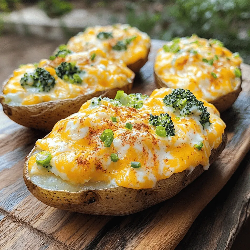 - 4 large russet potatoes - 1 cup fresh broccoli florets - 1 ½ cups sharp cheddar cheese - ½ cup Greek yogurt or sour cream - 2 tablespoons unsalted butter - 2 green onions - 1 teaspoon garlic powder - Salt and pepper to taste - Optional: pinch of cayenne pepper This dish is all about balance. The creamy filling pairs well with the soft potato. The cheese adds a rich flavor, while the broccoli brings a fresh crunch. You can also make it your own. The cayenne pepper gives a little kick, but it's not necessary. Adjust the seasonings to match your taste. You can pick fresh broccoli florets from your local market. Aim for bright green and firm stalks. If you want to use frozen broccoli, that works too! Just make sure to thaw and chop it finely. Using sharp cheddar is key for the best flavor. It melts perfectly, creating that gooey texture we all love. If you want to try something new, swap cheddar for gouda or mozzarella. Gathering these ingredients is simple. You likely have some of them at home already. With just a few items, you can make a dish that impresses everyone at the table. For the full recipe, be sure to check out the step-by-step guide later in this article. - Preheat the oven to 400°F (200°C). - Scrub the potatoes with cold water until clean. - Use a fork to pierce each potato several times. - Place them on a baking sheet and bake for 45-60 minutes. - While the potatoes bake, steam the broccoli florets until vibrant. - This should take about 4-5 minutes. - Once done, chop the broccoli finely and set it aside. - After baking, let the potatoes cool for a few minutes. - Slice each potato in half lengthwise. - Carefully scoop out the flesh into a bowl. - Leave a thin layer of potato flesh inside the skins. - In the bowl, add the steamed broccoli and 1 cup of cheddar cheese. - Mix in Greek yogurt, softened butter, chopped green onions, garlic powder, and salt. - Mash the ingredients until creamy and well-mixed. - Taste and adjust the seasoning as needed. - Refill each potato skin with the creamy mixture. - Mound it slightly for a nice look. - Top with the remaining cheddar cheese. - Bake again for 15-20 minutes until the cheese is golden and bubbly. These steps are simple yet rewarding, and they lead to a delicious meal. For the complete recipe, refer to the Full Recipe. Enjoy your cooking journey! - Ensure potatoes are tender before scooping. This step is vital for a smooth filling. - Use room temperature butter for easy mixing. Cold butter can make it hard to blend. - Add spices for extra flavor. Try garlic powder, cayenne, or even smoked paprika. - Experiment with different toppings. Crispy bacon bits or fresh herbs can add fun twists. - Garnish with green onions and paprika. This adds color and freshness to your dish. - Serve on a rustic platter. A wooden board makes your potatoes look gourmet and inviting. These tips will help you make your Broccoli and Cheddar Twice-Baked Potatoes shine. You’ll impress friends and family with each bite! For the full process, check out the Full Recipe. {{image_4}} You can add cooked chicken or bacon to your twice-baked potatoes. This adds richness and flavor. Simply chop the cooked chicken or crispy bacon and mix it into your filling. The added protein makes the dish heartier and great for a meal. If you want a veggie twist, try swapping broccoli for other vegetables. Spinach and cauliflower work well. Just steam them like you do with broccoli. Chop them finely and mix them in. This keeps the dish healthy and colorful. Using different cheeses can change the taste of your dish. Gouda adds a smoky flavor, while mozzarella makes it gooey. You can mix and match cheeses according to your taste. This simple swap lets you create unique flavors in every bite. For the full recipe, check out the Cheesy Broccoli Bliss Twice-Baked Potatoes. To store leftovers, let the potatoes cool first. Place them in an airtight container. You can also cover them tightly with plastic wrap. This keeps them fresh for up to four days. The best way to reheat twice-baked potatoes is in the oven. Preheat the oven to 350°F (175°C). Place the potatoes on a baking sheet. Bake for about 15-20 minutes until heated through. You can also use the microwave. Heat them for 2-3 minutes on high. However, this may make them a bit soggy. To maintain texture and flavor, consider adding a sprinkle of cheese on top before reheating. You can freeze these potatoes before or after baking. If freezing before baking, prepare the stuffed skins, then wrap them tightly in foil. Freeze for up to three months. To bake, remove from the freezer and bake directly from frozen for 60-75 minutes. If freezing after baking, let them cool fully first. Wrap in foil and store in a freezer-safe bag. When ready to eat, thaw overnight in the fridge. Reheat in the oven as mentioned before. Yes, you can make these potatoes ahead. After baking and filling them, store in the fridge. Just cover them tightly with plastic wrap or foil. When ready to eat, reheat in the oven at 350°F (175°C) until warm. This way, you save time on busy nights. If you don't have Greek yogurt, sour cream works great. You can also use cottage cheese for a lighter option. Plain yogurt is another choice, but it may change the flavor slightly. Whatever you pick, it should keep the potatoes creamy and tasty. You can tell potatoes are done when they are tender. Stick a fork into the potato; if it goes in easily, they are ready. The skin should look dry and slightly wrinkled. If they feel firm, give them more time in the oven. Yes, you can grill the potatoes! Wrap them in foil and place them on the grill over medium heat. Grill for about 45 minutes or until they are soft. Just make sure to check often so they don’t burn. Grilling adds a nice smoky flavor. Twice-baked potatoes pair well with many sides. Consider a fresh salad for crunch. Grilled vegetables add color and flavor. You can also serve them with a protein, like chicken or steak. A simple soup can make a warm and filling meal too. Twice-baked potatoes are a simple, fun dish to make. We covered tasty ingredients, easy steps, and helpful tips. You can customize them with your favorite veggies or proteins. Proper storage and reheating methods keep them fresh and delicious. Now, you can create a satisfying meal or side that pleases everyone. Enjoy your cooking and share this recipe with friends and family!