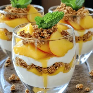For a Fresh Peach Delight, you need just a few fresh ingredients: - 4 ripe peaches, pitted and sliced - 1 cup Greek yogurt - 2 tablespoons honey - 1 teaspoon vanilla extract These ripe peaches are the star of this treat. Their sweet, juicy flesh adds a burst of flavor. Greek yogurt gives a creamy base and a nice tang. Honey adds sweetness, while vanilla adds warmth. To make your dessert even better, consider these flavor enhancers: - 1/2 teaspoon ground cinnamon - 1 cup granola - Fresh mint leaves for garnish Cinnamon adds a warm spice that pairs well with peaches. Granola gives a nice crunch and texture. Fresh mint leaves not only look pretty but add a fresh taste. For the full recipe, see the complete guide. Enjoy making this simple and delicious treat! 1. In a medium bowl, combine Greek yogurt, honey, vanilla extract, and ground cinnamon. 2. Whisk the mixture until it is smooth and creamy. Make sure all the ingredients blend well. 1. Start by adding a layer of yogurt mixture to each glass. Aim for about 1/4 cup of yogurt per serving. 2. Next, carefully layer the sliced peaches on top of the yogurt. Use about half of the peach slices for all the glasses. 3. Sprinkle a generous layer of granola over the peaches. This adds a nice crunch, using roughly 1/4 cup per serving. 1. Repeat the layering process. First, add another layer of the yogurt mixture. 2. Then, add the remaining sliced peaches, followed by another sprinkle of granola. 3. For the last touch, add one final layer of yogurt on top of each glass. 4. To make it pretty, garnish each parfait with peach slices, a drizzle of honey, and a fresh mint leaf. You can find the Full Recipe for more details. Enjoy! When picking peaches, look for ripe and firm ones. Ripe peaches feel slightly soft when you press them. Their color should be vibrant, showing a lovely blush. You can choose yellow or white peaches. Yellow peaches tend to be sweeter and juicier. White peaches are milder and less tart. Both types taste great in Fresh Peach Delight. If you don't have Greek yogurt, no worries! You can use regular yogurt, which works well. For a creamier texture, try using sour cream. If you want it sweeter, add a bit more honey or maple syrup. You can even use flavored yogurts for extra taste. Just remember, pick a flavor that matches the peaches. Serve your Fresh Peach Delight chilled for the best taste. It feels refreshing on a warm day. Pair it with a light drink like iced tea or lemonade. A nice cup of coffee also complements it well. Serve on a bright platter for a fun look. Clear glasses show off the beautiful layers, making your treat even more appealing. {{image_4}} You can easily change up the flavor of your Fresh Peach Delight. Adding berries can bring a new twist. Try blueberries or raspberries for a burst of color and flavor. You can mix these fruits right in with the yogurt or layer them with the peaches. Another fun option is to use flavored yogurt. You might choose vanilla, honey, or even peach yogurt. This small change can really enhance the dish. You can create a whole new experience with just this one switch. If you need gluten-free options, look for gluten-free granola. Many brands now offer tasty choices that fit this need. You can still enjoy that crunch without the gluten. For those who want a vegan version, swap Greek yogurt for coconut or almond yogurt. You can also use maple syrup instead of honey. These simple changes will keep the dish delicious while fitting your diet. Incorporating seasonal spices can make your treat even better. Adding a pinch of nutmeg can warm up the flavor in fall. It gives a cozy touch to the dish. You can also adjust for seasonal fruits. In the summer, add fresh berries. In winter, you might use citrus fruits like oranges. Each season brings new choices to keep your dessert fresh and exciting. For the full recipe, check out [Full Recipe]. To keep your Fresh Peach Delight fresh, store it in the fridge. Use airtight containers to prevent drying. Avoid stacking layers too high, as they may squish. You can store this treat for up to three days. However, the peaches may become softer over time. The yogurt and granola can still taste great, even if they change a bit. When you're ready to serve leftovers, you can refresh the layers. Gently stir the yogurt mixture to smooth it out again. If the granola is soggy, add more for crunch. You can also combine flavors before serving. Mix the peach slices with a bit of honey for extra sweetness. This will bring back the fresh taste and enhance the dish! Yes, you can use frozen peaches! Frozen peaches are picked at peak ripeness. They can be sweet and flavorful. However, they can lose some texture when thawed. This can make your dessert a bit mushy. If you want a firmer bite, fresh peaches are better. If using frozen, thaw them overnight in the fridge. Drain any extra juice before adding them to your dish. To make Fresh Peach Delight dairy-free, swap Greek yogurt for a plant-based yogurt. Almond or coconut yogurt works well. Use maple syrup instead of honey for sweetness. These changes keep the flavors bright and tasty. Your dessert will still be creamy and satisfying without dairy. Yes, you can prepare it ahead of time! Make the layers and assemble the dessert up to a day in advance. Just cover it and store it in the fridge. When ready to serve, add the mint leaves and honey. This will keep your dessert fresh and delicious. One serving of Fresh Peach Delight has about 200 calories. It contains roughly 6 grams of protein. You'll find vitamins like A and C in the peaches. Greek yogurt adds calcium and probiotics. This dessert is not only tasty but also a healthy option! This article covered how to make a Fresh Peach Delight using simple, fresh ingredients. You learned the steps to prepare a creamy yogurt mixture, layer in ripe peaches, and add crunchy granola. We also shared tips on choosing peaches and yogurt substitutes, plus fun variations and storage tips. Enjoying this dessert can be easy and tasty. Mix and match to find what you love best! Now, grab your ingredients and start building your delicious treat.