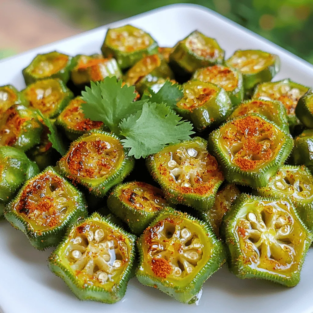 - 1 lb fresh okra, trimmed and halved - 2 tablespoons olive oil - 1 teaspoon garlic powder - 1 teaspoon smoked paprika - 1/2 teaspoon ground cumin - 1/2 teaspoon cayenne pepper (adjust to taste) - Salt and freshly ground black pepper - 1 tablespoon freshly squeezed lemon juice - Fresh cilantro leaves for garnish (optional) - Baking sheet - Mixing bowl - Parchment paper - Spatula or hands for tossing When choosing okra, look for firm pods. They should be bright green and free from blemishes. This ensures freshness and the best taste. The vibrant green color means it is ripe and ready to cook. You will need a baking sheet for roasting. A large mixing bowl helps in tossing the okra with spices. Parchment paper makes it easy to clean up afterward. Use a spatula or your hands to mix everything well. This way, each piece of okra gets coated in flavor. This recipe is not just tasty; it is also quick to prepare. You will have a delicious side dish in less than 35 minutes. Remember to check the spice levels. You can adjust the cayenne pepper based on your heat preference. This allows you to make it just right for your family. For a lovely finish, squeeze fresh lemon juice over the hot okra. This brightens the flavor and adds zest. You can also add fresh cilantro for an extra touch. The herbs add color and freshness to your meal. Check out the Full Recipe for detailed steps to make this easy and tasty roasted okra. Enjoy cooking! Set your oven temperature to 400°F (200°C). This heat helps the okra become crispy. In a large mixing bowl, toss the halved okra with olive oil and spices. Use your hands or a spatula to coat each piece well. This step ensures every bite is full of flavor. Line a baking sheet with parchment paper. This makes cleanup easy. Spread the seasoned okra in a single layer. This way, the okra roasts evenly and stays crunchy. Place the baking sheet in the oven. Roast the okra for 20-25 minutes. Stir the okra halfway through cooking. This helps it brown nicely and become tender. When done, the okra should look golden and delicious. For the complete process, check the Full Recipe. Enjoy your cooking! To make your roasted okra pop, try adding more spices or herbs. Fresh thyme, oregano, or even a hint of rosemary can add depth. You can also adjust the cayenne pepper to match your spice level. If you like heat, use more. If you prefer mild, use less. Spread the okra out in a single layer on the baking sheet. This step is crucial for achieving that perfect crunch. Avoid overcrowding the pan, as this can lead to steaming instead of roasting. Each piece needs space to get crispy and golden. Serve your okra with fun dipping sauces. Spicy yogurt or tangy ranch dressing works well. A drizzle of fresh lemon juice adds brightness. Top with cilantro for a fresh finish. This adds color and flavor, enhancing the dish even more. {{image_4}} You can change the spices to make your roasted okra special. Try adding curry powder for a warm flavor. Italian herbs like oregano and basil also work well. Just mix them in with the oil and spices. This small change can create a whole new taste! If you want a quicker method, try an air fryer. Set your air fryer to 400°F (200°C). Toss the okra with oil and spices as usual. Then, place them in the air fryer basket. Cook for about 10-15 minutes. Shake the basket halfway through. You will get that same crunchy texture in less time! This recipe is already vegan and gluten-free! Just make sure all your ingredients are suitable. The okra, oil, and spices are all safe. You can enjoy this dish without any worries about dietary needs. To save your roasted okra, transfer it to an airtight container. This keeps it fresh. Store it in the fridge for up to three days. Make sure it cools down first. This helps prevent sogginess. You can also use a glass container for better storage. When you're ready to enjoy your leftovers, reheat them in the oven. Preheat your oven to 350°F (175°C). Place the okra on a baking sheet. Heat for about 10-15 minutes. This will help keep the crunchiness. You can also use an air fryer for a quick option. Set it to 350°F and cook for 5 minutes. This keeps the texture nice and crispy. Yes, you can freeze roasted okra! First, let it cool completely. Then, place it in a freezer-safe bag. Try to remove as much air as you can. This keeps the okra from getting freezer burn. You can freeze it for up to three months. When you want to eat it, thaw it in the fridge overnight. Reheat it in the oven to bring back its crunch. For more details, check the Full Recipe. To reduce slime, you can try a few tips: - Choose fresh okra: Fresh okra has less slime than older ones. - Cut it dry: Cut the okra when it is dry. This helps keep the slime down. - Soak in vinegar: Soaking okra in vinegar for about 30 minutes can help. - Roast at high heat: Cooking okra at high heat makes it crispier and less slimy. These steps will help you enjoy your okra more. Yes, you can use frozen okra in this recipe. Here are some best practices: - Do not thaw: Use the frozen okra straight from the freezer. Thawing can add moisture. - Cook longer: You may need to roast it a bit longer. Check for crispness. - Adjust spices: Frozen okra may need a bit more seasoning, so taste as you go. Frozen okra can still be tasty and easy to use. Okra is not only tasty but also has many health benefits: - Low in calories: Great for weight loss, with only about 33 calories per cup. - High in fiber: Good for digestion, helping you feel full longer. - Rich in vitamins: It has vitamin C, vitamin K, and folate, which are all essential. - Antioxidants: Okra contains antioxidants that may protect cells from damage. Adding okra to your meals boosts both flavor and nutrition. For a tasty way to enjoy okra, check the Full Recipe. Roasting okra is simple and fun. We covered the key steps, from prep to cooking. You can tweak flavors with spices or try crispy air frying. Remember, it's best to spread okra evenly on the pan for that perfect crunch. Enjoy it fresh or store it well for later. Cooking with okra is healthy and delicious. I hope these ideas inspire you to try new meals. Enjoy your cooking journey!