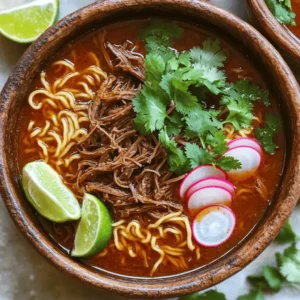 - 2 cups beef shank or chuck roast, cut into 1-inch cubes - 2 dried guajillo chilies, seeds removed - 2 dried ancho chilies, seeds removed - 4 cups beef broth (homemade or store-bought) - 2 packages ramen noodles (discard the seasoning packets) Savory Birria Ramen combines rich flavors and comforting textures. The beef shank or chuck roast provides a tender bite. The dried guajillo and ancho chilies add deep, smoky notes. Together with beef broth, they create a robust base. Ramen noodles transform this dish into a cozy bowl of goodness. - Fresh cilantro, chopped, for garnish - Sliced radishes, for garnish - 2 green onions, thinly sliced, for garnish - Lime wedges, for serving Garnishes elevate your Birria Ramen. Fresh cilantro adds brightness, while sliced radishes provide crunch. Green onions bring a mild onion flavor that balances the dish. A squeeze of lime adds a citrus kick, enhancing every bite. - Large heavy-bottomed pot - Skillet - Blender Using the right tools is key. A heavy-bottomed pot helps cook the beef evenly. A skillet is perfect for toasting chilies. A blender makes it easy to mix the sauce until smooth. These tools help you create the best Savory Birria Ramen, full of flavor and comfort. For the complete recipe, check the Full Recipe section. Start by toasting the chilies. Heat a dry skillet over medium heat. Add the guajillo and ancho chilies. Toast them for about 2-3 minutes. Keep turning them to avoid burning. When they smell great and darken a little, take them off the heat. Next, soak the chilies in hot water for 15 minutes. This step makes them soft and ready for blending. In a large pot, heat one tablespoon of olive oil over medium-high heat. Add the beef cubes in a single layer. Brown them for about 5 minutes. This gives the beef a nice flavor. Once browned, add the quartered onion and crushed garlic. Sauté for another 2-3 minutes. The onion should become see-through, and the garlic will smell good. After soaking, drain the chilies. Put them in a blender with cumin seeds, dried oregano, beef broth, and apple cider vinegar. Blend until you have a smooth sauce. If needed, add a bit more beef broth to get the right texture. This sauce is key to the dish's flavor. Pour your blended sauce over the browned beef in the pot. Make sure all the beef gets coated. Bring this mix to a gentle simmer. Lower the heat to keep it simmering steadily. Cover the pot and cook for about 2 hours. The beef should be very tender and easy to shred. While the beef cooks, prepare your ramen noodles. Follow the package instructions closely. Once the noodles are done, drain them and set them aside. This step is quick, so keep an eye on the time. To serve, place the cooked ramen noodles into four bowls. Ladle the hot Birria broth and shredded beef over the noodles. Make sure to include plenty of the broth for flavor. Garnish each bowl with chopped cilantro, sliced radishes, and green onions. Finally, add a lime wedge on the side. Squeezing the lime over your bowl adds a nice zing! For the full recipe, check out the detailed instructions above. Simmering time is key for a rich broth. I suggest cooking it low and slow. This allows flavors to meld together beautifully. Aim for at least two hours of gentle simmering. This gives the spices and meat time to shine. Adjusting spice levels can also make a big difference. If you like it hot, add more dried chilies. For a milder taste, reduce the amount or use less spicy varieties. For the best Birria, I recommend using beef shank or chuck roast. These cuts are flavorful and tender when cooked slowly. They break down nicely, adding richness to your broth. If you prefer, try alternative proteins. Pork shoulder or lamb can work well too. For a lighter option, consider chicken thighs. They add a different flavor profile but remain juicy and delicious. Choosing the right noodles is vital. Look for fresh or dried ramen noodles. They hold up well in broth. When cooking, follow the package instructions closely. Avoid overcooking them, as mushy noodles ruin the dish. Drain them quickly and rinse under cold water. This stops the cooking process and keeps them firm. Add them to your bowls just before serving. This keeps your dish fresh and tasty. For the full recipe, check the detailed steps to ensure success. {{image_4}} You can easily make birria ramen plant-based. Instead of beef, use jackfruit or mushrooms. Both options soak up flavors well. For the broth, swap beef broth for vegetable broth. You can add miso for depth. Try using soy sauce or tamari for an umami punch. These swaps keep the dish hearty and tasty. Want more heat? Add extra chilies or hot sauce. You could use serrano or habanero for a fiery kick. Blend these with the sauce for a uniform spice. Adjusting spice levels is key. Taste the broth and add more if needed. Balance the heat with lime juice for freshness. Birria ramen can blend with other cuisines. Think about adding kimchi for a tangy twist. You could also top your ramen with fried eggs or avocado. These toppings give texture and creaminess. Try unconventional garnishes like crispy shallots or nori strips. That adds flair to your bowl. For the full experience, check out the Full Recipe. To keep your Savory Birria Ramen fresh, place leftovers in airtight containers. Store them in the fridge for up to three days. When storing, keep the broth and noodles separate. This helps the noodles stay firm. If you want to freeze, do so with the broth only. Frozen broth lasts up to three months. You can add new noodles when you reheat the broth. When reheating, use a pot on medium heat for the broth. Stir gently to avoid burning. For noodles, boiling water works best. Cook them for just a minute before serving. This keeps the noodles from getting too soft. Always check that everything is hot before you enjoy your meal again. Birria Ramen pairs well with simple sides. Try tortilla chips or a fresh salad. You can also enjoy it with a cold drink, like agua fresca or iced tea. These options balance the rich flavors of the ramen. For a twist, add avocado or jalapeños for extra taste. Enjoy your delicious bowl of comfort! Savory Birria Ramen is a tasty mix of two dishes. It combines rich birria meat with ramen noodles. The birria broth is full of spices, making it warm and soothing. You get the best of both worlds in one bowl. The beef is tender and flavorful, while the noodles soak up the broth nicely. It’s comfort food that excites your taste buds. To make Birria Ramen gluten-free, use gluten-free ramen noodles. These noodles are easy to find at most stores now. Also, check the beef broth label. Some broths contain gluten, so look for gluten-free options. You can also make beef broth at home using only safe ingredients. This way, you can enjoy the dish without worrying about gluten. Yes, you can use a slow cooker for Birria Ramen. First, brown the beef in a pan to add flavor. Then, transfer the beef to the slow cooker. Add the soaked chilies, spices, and broth. Cook on low for about 6 to 8 hours until the beef is tender. This method makes the meat juicy and full of flavor, perfect for your ramen. Cooked Birria can last in the fridge for about 3 to 4 days. Store it in an airtight container to keep it fresh. If you want it to last longer, consider freezing it. Frozen Birria can last up to 3 months. Just remember to label the container with the date for easy tracking. Birria is often served with warm corn tortillas. You can also pair it with rice and beans for a full meal. Some people enjoy it with pickled onions or fresh salsa. These sides add extra flavor and texture. Enjoying Birria with these dishes makes it a true feast. For the full recipe, check out the section above. Savory Birria Ramen combines flavors and textures in a great way. We've covered key ingredients, from beef roast to delicious garnishes. Cooking tips help you perfect your broth and noodles. You can even explore vegetarian options and spices. Remember to store and reheat wisely. This dish is a tasty treat that brings together various cuisines. Dive in, enjoy it, and make it your own!