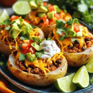 - 4 medium russet potatoes - 1 pound ground turkey or ground beef - 1 packet taco seasoning mix - 1 tablespoon extra-virgin olive oil - 1 small onion, finely chopped - 2 cloves garlic, minced - 1 cup diced tomatoes - 1 cup black beans - 1 cup shredded cheese - 1 ripe avocado - 1 cup sour cream - Fresh cilantro for garnish - Salt and pepper To measure ingredients accurately, use standard measuring cups and spoons. Level off dry ingredients with a straight edge. For liquids, check the measurement at eye level. If you have dietary needs, you can swap ground beef for turkey. For a vegan option, use lentils instead of meat. You can also replace sour cream with cashew cream for a dairy-free choice. Use the Full Recipe to explore more about Taco Potatoes. To make Taco Potatoes, start by preheating your oven to 425°F (220°C). This high temperature helps the potatoes cook evenly and become fluffy inside. Next, wash the russet potatoes well. This removes dirt and grit. Use a fork to pierce each potato several times. This step allows steam to escape while they bake. Place the potatoes on a baking sheet and put them in the oven for about 45-60 minutes. They are ready when a fork easily goes in. While your potatoes bake, heat one tablespoon of olive oil in a large skillet over medium heat. Add the chopped onion first and sauté it for about 3-4 minutes until it looks clear and smells great. Then, add two cloves of minced garlic and stir for one more minute. Keep an eye on it so it doesn’t burn. Next, add one pound of ground turkey or beef. Break it apart with a spatula. Cook it until it turns brown, which should take about 5-7 minutes. Once browned, mix in the taco seasoning packet, one cup of diced tomatoes, and one cup of black beans. Stir everything and let it cook for 5 more minutes to blend the flavors. Taste and add salt and pepper if needed. When the potatoes finish baking, take them out and let them cool for a few minutes. Carefully cut each potato in half lengthwise. Use a spoon to scoop out some of the insides to make room for the filling. Be gentle to keep the skin intact. You can use the scooped potato in future recipes if you like! Now, fill each potato half with the tasty taco mixture you made. Don’t be shy; pack it in! Then, sprinkle one cup of shredded cheese on top of each one. Place the filled potatoes back in the oven for another 10 minutes. This step melts the cheese and makes everything lovely and bubbly. After baking, let the potatoes cool slightly. Top each one with diced avocado, a dollop of sour cream, and some fresh cilantro. This adds color and flavor. For a great look, arrange them on a large platter and add lime wedges on the side. You can also serve them in individual bowls for a cozy feel. Enjoy your Taco Potatoes packed with flavorful goodness! For the complete recipe, refer to the [Full Recipe]. To make Taco Potatoes great, avoid common mistakes. First, do not skip washing the potatoes. Dirt can ruin the taste. Second, pierce the potatoes well. This lets steam escape and prevents bursting. Overcooking can lead to dry potatoes. Keep an eye on the baking time. Finally, taste the filling. Adjust the seasoning as needed to balance flavors. Taco Potatoes shine on their own, but sides enhance the meal. Try a fresh salad with lime dressing. It adds brightness and crunch. Chips and salsa work too. They bring a fun, crunchy touch. For a heartier option, serve with rice or quinoa. This adds substance and makes the meal more filling. Customization makes Taco Potatoes fun. Want more heat? Add jalapeños or hot sauce to the filling. You can also swap toppings based on your taste. Use Greek yogurt instead of sour cream for a tangy twist. Change the cheese to pepper jack for a spicy kick. The options are endless, so feel free to get creative! For the full recipe, check out the complete instructions. {{image_4}} To make vegetarian taco potatoes, you can swap the meat for other tasty options. Try using lentils or quinoa. Both provide protein and texture. You can also add more veggies! Bell peppers, corn, or zucchini work great. Just sauté them with the onions and garlic. This adds color and flavor. You can still use taco seasoning to keep that classic taste. If you need gluten-free taco potatoes, choose a gluten-free taco seasoning. Many brands offer gluten-free mixes. You can also make your own. Combine chili powder, cumin, garlic powder, and onion powder. This way, you can enjoy taco potatoes without worries. Always double-check labels to ensure all ingredients are gluten-free. Want to kick up the heat? Add jalapeños to your filling. Dice them and mix them in while cooking the meat. You can also drizzle hot sauce on top before serving. If you love bold flavors, try adding a few dashes of chipotle powder. It gives a smoky heat that enhances the dish. Remember, adjust the spice level to your taste! For the full recipe, refer to the earlier section. To store leftover Taco Potatoes safely, allow them to cool first. Place them in an airtight container. Keep them in the fridge for up to three days. Make sure to label the container with the date. This method helps you avoid waste and keeps your food fresh. When reheating Taco Potatoes, I recommend using the oven. Preheat it to 350°F (175°C). Place the potatoes on a baking sheet and cover them with foil. This keeps the potatoes from drying out. Heat them for about 15-20 minutes, or until they're warm. You can also use a microwave, but be cautious. Microwaving may make the skins a bit soggy. To freeze Taco Potatoes, first, cool them completely. Wrap each potato in plastic wrap. Then, place them in a freezer-safe bag. They can last up to three months in the freezer. To defrost, move them to the fridge overnight. Reheat them as you like afterward. This way, you can enjoy them anytime! For the full recipe, check out the provided link. To serve more people, simply scale the ingredients. For each extra serving, add one potato and a portion of the filling. For example, if you want to serve six, use six potatoes and increase the ground meat to 1.5 pounds. Adjust all other ingredients similarly. This way, everyone gets a tasty taco potato! Yes, you can prepare Taco Potatoes ahead of time. Bake the potatoes and make the filling. Store them separately in the fridge. When ready to eat, fill the potatoes and bake them. This saves time and keeps everything fresh for your meal. You can also freeze the filling for future meals. You can get creative with the fillings! Try grilled vegetables, shredded chicken, or even quinoa for a twist. You can also add corn, jalapeños, or different beans. This makes each taco potato unique and fun. Experiment with flavors to find your favorite combinations! Making your own taco seasoning is easy! Combine the following spices: - 1 tablespoon chili powder - 1 teaspoon cumin - 1 teaspoon paprika - 1 teaspoon garlic powder - 1 teaspoon onion powder - 1/2 teaspoon salt - 1/4 teaspoon black pepper - 1/4 teaspoon cayenne pepper (optional) Mix these well and use about 2-3 tablespoons for your filling. This homemade blend adds a fresh taste to your dish. Yes, sweet potatoes are a great choice! They offer a sweet flavor and extra nutrients. Their texture is slightly different, but they work well with taco fillings. They add a unique twist that many people enjoy. Just bake them until tender, just like russet potatoes. Taco Potatoes are a tasty dish full of flavor and fun. We covered the main ingredients like russet potatoes and ground meat, along with tips for cooking and serving. You learned how to customize your tacos for different diets. Store any leftovers correctly to keep them fresh. Remember these tips to make each meal special. Taco Potatoes are easy to love and share. Try them soon for a satisfying meal!