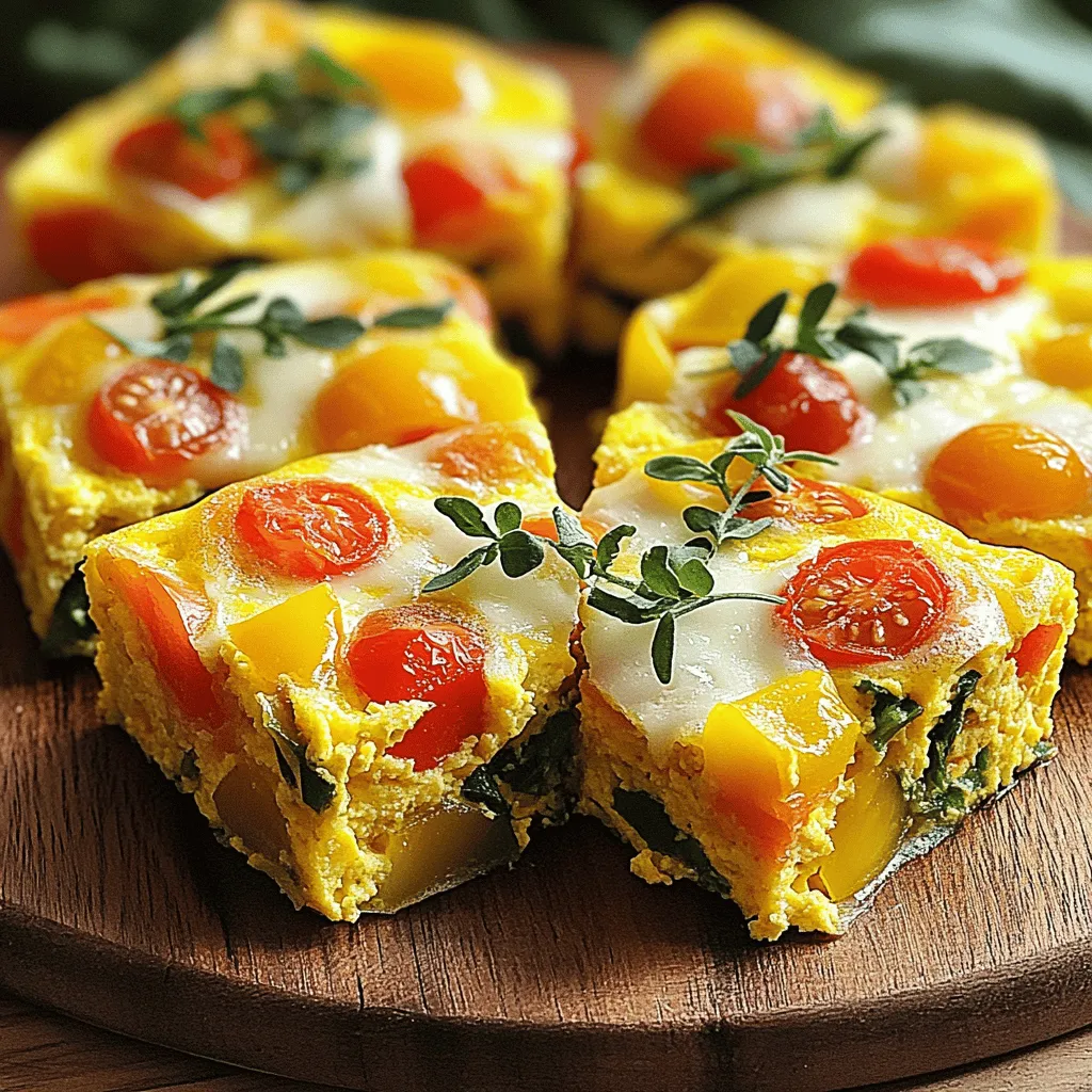- 8 large eggs - 1 cup whole milk - 1 bell pepper (diced) - 1 cup fresh spinach (chopped) - 1 cup cherry tomatoes (halved) - 1 small red onion (finely chopped) - 1 cup shredded cheese (cheddar or feta) - 1 teaspoon dried oregano - Salt and freshly ground black pepper - Olive oil (for greasing) These ingredients form the base of your frittata squares. The eggs and milk create a rich, fluffy texture. The bell pepper adds a sweet crunch, while the spinach brings a fresh flavor. Cherry tomatoes add juiciness and a pop of color. The red onion gives a nice depth of flavor. For the cheese, I recommend using sharp cheddar for a strong taste or creamy feta for a tangy twist. Dried oregano adds a warm, earthy note. Salt and pepper enhance all the flavors, making each bite delicious. Don't forget to grease your baking dish with olive oil. This step prevents sticking and ensures easy serving. You can find the full recipe within this article to guide you through the cooking process. - Preheat the oven to 375°F (190°C). - Grease a 9x13 inch baking dish with olive oil. First, you need to set your oven to 375°F (190°C). This is the perfect temperature for baking frittata squares. Next, take a 9x13 inch baking dish and grease it with olive oil. This step stops the frittata from sticking and makes cleanup easy. - Combine eggs and milk in a bowl. - Whisk until smooth and fluffy. In a large bowl, crack in eight large eggs and pour in one cup of whole milk. Now, whisk it all together until you see a smooth and fluffy mixture. This base adds nice texture to your frittata. - Add bell pepper, spinach, tomatoes, and onion. - Incorporate cheese, oregano, salt, and pepper. Next, chop and add one bell pepper, one cup of spinach, one cup of halved cherry tomatoes, and a small red onion to your egg mix. Stir gently to coat all the veggies. Then, mix in one cup of shredded cheese, one teaspoon of dried oregano, and season with salt and black pepper. This is where the flavor really builds. - Pour mixture into the baking dish. - Bake for 25-30 minutes until golden. Carefully pour your egg and veggie mix into the greased baking dish. Smooth the top to help it bake evenly. Place the dish in the oven and bake for 25-30 minutes. Your frittata will be ready when the edges turn golden and a knife inserted into the center comes out clean. - Cool for 10 minutes in the dish. - Cut into squares for serving. Once baked, take the dish out and let it cool for about 10 minutes. This cooling time helps set the frittata. After that, use a sharp knife to cut it into squares for serving. Enjoy your delicious, make-ahead frittata squares! For the full recipe, check out the details above. To make your frittata squares fluffy, whisk the eggs well. This step adds air and lightens the mix. You want a smooth and frothy mixture. Make sure to blend the milk in fully too; it helps create that soft texture. When baking, keep an eye on time. Ovens can vary in heat. Start checking at 25 minutes. The frittata is ready when the edges turn golden. A knife should come out clean from the center. For a beautiful plate, serve frittata squares on a nice platter. You can add fresh herbs like basil or parsley on top. This makes the dish pop with color. Pair these squares with a side of salsa for some zest. Slices of creamy avocado also complement the frittata well. For drinks, consider fresh juice or a light tea. They balance the meal perfectly. Store your frittata squares in the fridge. Use an airtight container to keep them fresh. They last up to five days this way. If you want to freeze them, cut squares first. Wrap each piece tightly in plastic wrap and then place them in a freezer bag. When reheating, use the oven or microwave. This keeps them tasty and warm without losing flavor. For the full recipe, check out the complete guide I created just for you! {{image_4}} You can easily switch up some ingredients. For veggies, try zucchini or mushrooms. Both add great taste and texture. If you want to change the cheese, go for goat cheese or mozzarella. Each will give your frittata a unique flavor twist. This way, you can make it your own! If you need a gluten-free version, simply check the labels on your cheese and seasonings. Most are safe, but it's best to be careful. For a vegetarian option, leave out any meats and add more veggies instead. If you want a vegan frittata, use chickpea flour mixed with water as a substitute for eggs. This works well and keeps the dish delicious. Want to spice things up? Add paprika or a few drops of hot sauce. These ingredients boost the flavor and add a kick. You can also mix in proteins like ham or sausage. This makes your frittata heartier and more filling. Experiment with different spices and proteins to find your favorite combo! For the full recipe, follow the steps I shared earlier. Enjoy making your frittata squares! You can store frittata squares in the fridge for up to five days. To keep them fresh, place the squares in an airtight container. This helps prevent moisture and odors from spoiling the taste. If you want to keep them even fresher, use parchment paper between layers. This keeps them from sticking together. Freezing frittata squares is easy. First, let the squares cool completely. Then, wrap each square in plastic wrap. Place the wrapped squares in a freezer-safe bag or container. Be sure to remove as much air as you can. This prevents freezer burn. To thaw, leave the squares in the fridge overnight. For quick reheating, use the microwave or oven. In the microwave, heat for about 1-2 minutes. In the oven, preheat to 350°F and warm for 10-15 minutes. Check for spoilage before eating. Signs include a sour smell, discoloration, or a slimy texture. If you notice any of these, throw the frittata away. To avoid sogginess, let the frittata cool fully before storage. You can also place a paper towel in the container to absorb extra moisture. Following these tips keeps your frittata squares tasty and safe! To reheat frittata squares, you have a few easy options. The best method is using the oven. Preheat it to 350°F (175°C). Place the squares on a baking sheet and cover them with foil. Heat for about 10 to 15 minutes. This method warms them evenly without drying them out. You can also use a microwave. Place a square on a microwave-safe plate. Heat for about 30 to 60 seconds, checking often to avoid overcooking. Yes, you can use egg substitutes. Common options include flaxseed meal or silken tofu. For each large egg, mix 1 tablespoon of flaxseed meal with 2.5 tablespoons of water. Let it sit for a few minutes until it thickens. Silken tofu is another good choice. Blend 1/4 cup of silken tofu until smooth to replace one egg. These substitutes make the frittata denser, which is important to note. You can store frittata squares in the fridge for up to five days. Place them in an airtight container to keep them fresh. If you want to store them longer, freeze them. Wrap each square in plastic wrap and place them in a freezer-safe bag. They can last in the freezer for about three months. Thaw them overnight in the fridge before reheating. Frittata squares are a simple and tasty dish. We covered the main ingredients, including eggs, milk, and fresh veggies. You learned the step-by-step instructions to whisk, mix, bake, and slice. I shared tips for perfect texture and serving ideas that elevate your dish. Variations let you customize flavors and dietary needs. Lastly, you now know how to store leftovers for freshness. Frittata squares are versatile and easy to make. Enjoy experimenting with this easy recipe!